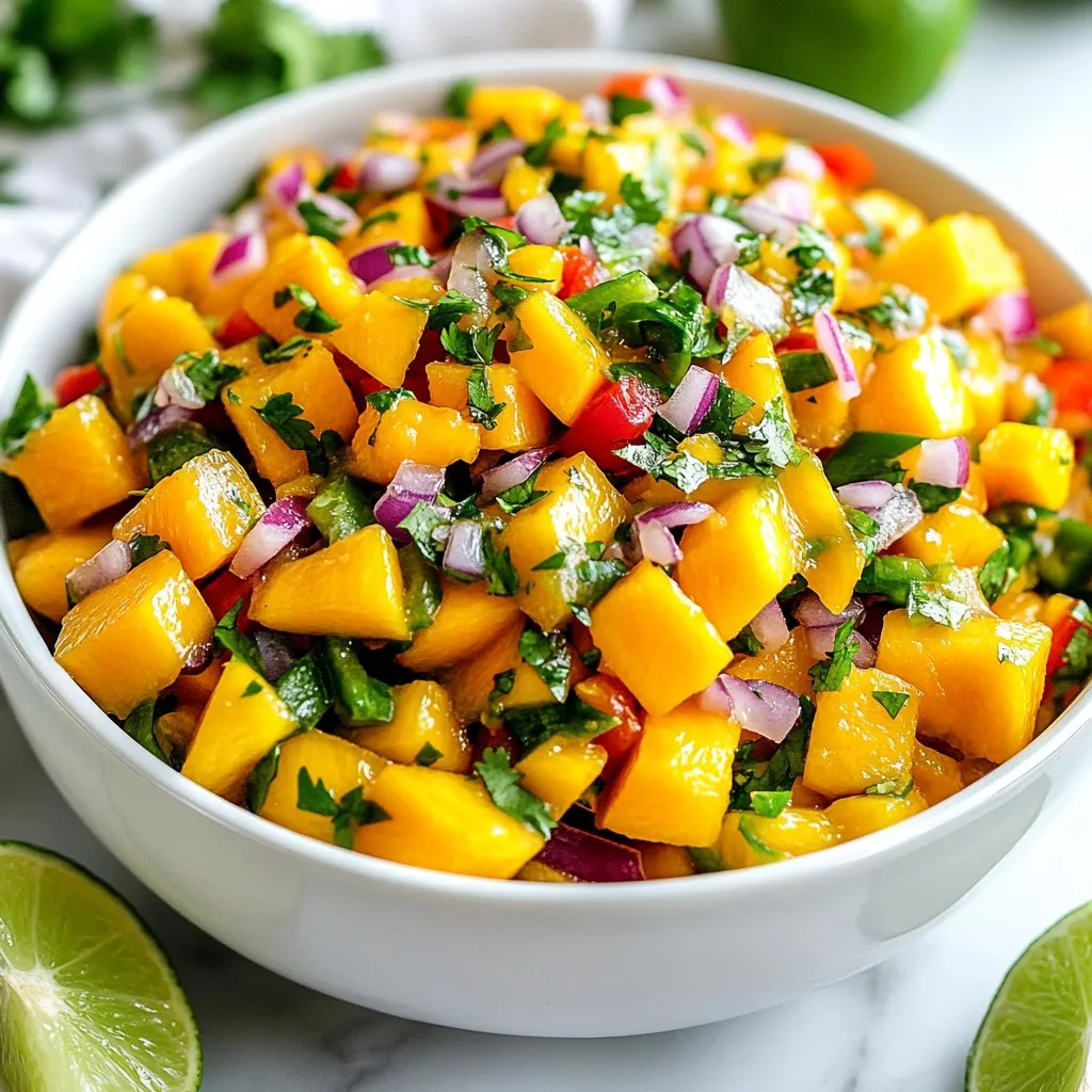 - 2 perfectly ripe mangoes, peeled and diced into small cubes - 1 small red onion, finely minced for a mild bite - 1 red bell pepper, diced for a sweet crunch - 1 jalapeño, deseeded and finely chopped to control the heat - 1/4 cup fresh cilantro leaves, roughly chopped for freshness - Juice of 1 juicy lime - 1 tablespoon extra virgin olive oil for richness - Salt, to enhance flavors - A pinch of freshly ground black pepper for a mild kick To make a great Tropical Mango Salsa, you need these simple ingredients. Ripe mangoes are key. They should be juicy and sweet. The red onion adds a mild bite that balances the salsa. I love the sweet crunch of the red bell pepper. It gives a nice color too. The jalapeño adds a little heat. Make sure to deseed it to keep it mild. Fresh cilantro brings a pop of flavor that brightens everything up. The lime juice adds a zesty kick. A drizzle of extra virgin olive oil makes it rich and smooth. Finally, don’t forget the salt and pepper. They help to bring out all the flavors. With these ingredients, you’ll create a salsa that is fresh and full of flavor. It’s perfect for chips or as a topping on grilled fish. {{ingredient_image_2}} - Start with 2 perfectly ripe mangoes. Peel them and dice them into small cubes. This gives the salsa its sweet base. - Take 1 small red onion and finely mince it. This adds a mild bite to the mix. - Next, chop 1 red bell pepper into small pieces. This will add a nice sweet crunch. - For some heat, chop 1 jalapeño. Be sure to remove the seeds to control the spice level. - In a large mixing bowl, combine the diced mangoes, minced red onion, chopped red bell pepper, and jalapeño. Mix well so that every piece is coated with flavor. - Now, gently fold in 1/4 cup of fresh cilantro leaves. This herb adds a pop of freshness to the salsa. - Squeeze the juice of 1 juicy lime over the mixture. The lime's acidity brightens all the flavors. Drizzle in 1 tablespoon of extra virgin olive oil for richness. - Carefully toss all the ingredients together. Use a gentle folding motion to keep the mango cubes intact. - Season the salsa with a pinch of salt and a light sprinkle of freshly ground black pepper. Taste and adjust the seasoning to your liking. - Let the salsa rest at room temperature for at least 15 minutes. This resting time allows the flavors to meld beautifully, making each bite burst with taste. To make great salsa, you need ripe mangoes. Look for mangoes that feel slightly soft when you squeeze them. Their skin should have a mix of green and yellow or red tones. Common mango varieties for salsa include Haden, Tommy Atkins, and Kent. Each type gives a unique taste and texture, so try them all! You can control the spiciness of your salsa by adjusting the jalapeño. For less heat, remove all the seeds and membranes. If you love spice, keep some seeds in. You can also use other peppers like serrano or poblano for different heat levels. Each pepper brings its flavor, so feel free to experiment. Adding more herbs or spices can elevate your salsa. Try fresh mint or basil for a new twist. Also, consider a pinch of cumin or chili powder for warmth. When serving, pair the salsa with crispy tortilla chips or grilled fish. This brings out the freshness of the mango and adds a delightful crunch. Pro Tips Choose Ripe Mangoes: Opt for mangoes that yield slightly to pressure and have a sweet aroma at the stem end for the best flavor. Balance the Heat: Adjust the amount of jalapeño according to your spice preference. For a milder salsa, use less or remove the seeds and membranes. Fresh Ingredients Matter: Use fresh cilantro and lime juice to enhance the salsa's vibrancy and overall taste. Avoid bottled lime juice for the freshest flavor. Resting Time: Allowing the salsa to sit for 15 minutes before serving helps the flavors meld, making each bite more delicious. {{image_4}} You can make your mango salsa even more exciting by adding other fruits. Pineapple adds a sweet, tangy twist. Kiwi brings a vibrant color and a unique flavor. Both fruits mix well with mango. They boost the freshness of your salsa. You can also change up the herbs. Mint gives a refreshing taste, while basil adds a warm, sweet note. Mixing these herbs with cilantro creates a fun flavor explosion. Don't hesitate to experiment with your favorites! This salsa is naturally vegan and gluten-free, which makes it a great choice for everyone. You can enjoy it without worrying about dietary restrictions. If you're watching your sugar intake, try using less mango and adding more peppers. This keeps the salsa tasty but lowers the sugar. You can also replace some mango with diced cucumber. This keeps the salsa fresh and crunchy. Let’s take your salsa to new heights with some fusion ideas! For a Mexican twist, add diced avocado. The creamy texture pairs well with the salsa's sweetness. If you're craving Caribbean vibes, sprinkle in some coconut flakes. This will bring a tropical flair to your dish. These small changes can turn a simple salsa into a unique culinary delight. To store leftover salsa, place it in an airtight container. This keeps the salsa fresh and prevents it from absorbing other odors in the fridge. Use a glass container or a plastic one with a tight seal. These types help maintain the salsa's flavor and texture. Refrigerated salsa lasts about 3 to 5 days. Always check for freshness before using. If you want to keep it longer, you can freeze the salsa. For freezing, use freezer-safe containers and leave some space for expansion. It can last up to 3 months in the freezer. When you want to use it, thaw it in the fridge overnight for the best taste. You can serve tropical mango salsa in many fun ways. It goes great with: - Grilled chicken or fish for a fresh topping. - Tacos for a zesty crunch. - Crispy tortilla chips for a tasty snack. - On top of a vibrant salad for added flavor. These pairings make your meals bright and exciting. The sweet and spicy flavors really shine. Yes, you can use frozen mango. However, there are some differences. Frozen mango tends to be softer. This can change the texture of your salsa. Fresh mango is firmer and has a better crunch. If you use frozen mango, thaw it completely and drain excess liquid. This helps keep your salsa fresh. Let your mango salsa rest for at least 15 minutes. This resting time helps the flavors blend well. When you let it sit, the spices and herbs mix better. You will taste the difference in every bite. Tropical mango salsa pairs well with many dishes. Here are some tasty ideas: - Grilled shrimp or fish for a tropical twist. - Tacos filled with chicken, beef, or veggies. - Rice or quinoa bowls for a colorful meal. - A fresh salad to brighten up your plate. These pairings make each meal more delightful and fun. Enjoy exploring these options! Making tropical mango salsa can be fun and easy. We covered the best ingredients, like ripe mangoes and fresh cilantro. I shared simple steps for chopping and mixing your salsa. I also gave tips on choosing mangoes and adjusting spice levels. Remember, you can add your twist with fruits or herbs. Store it right for the best taste. Enjoy your salsa with various dishes or snacks. Now, you can create a dish that impresses everyone!