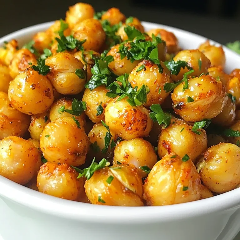 - 2 cans (15 oz each) chickpeas, drained and rinsed - 2 tablespoons extra virgin olive oil - 1 teaspoon smoked paprika - 1/2 teaspoon garlic powder - 1/2 teaspoon onion powder - 1/4 teaspoon cayenne pepper (feel free to adjust to your desired spiciness) - Salt, to taste - Fresh parsley, finely chopped (for garnish) Chickpeas are a great snack. They are high in protein and fiber. This makes them filling. Eating chickpeas can help with digestion. They also lower the risk of heart disease. Chickpeas are rich in vitamins and minerals too. They contain iron, magnesium, and folate. These nutrients support overall health. You get a lot of benefits from this small legume. You can switch up the spices for fun. Try cumin for a warm flavor. Chili powder adds some heat. If you like sweet, use cinnamon or paprika. You can even mix herbs like rosemary or thyme. Get creative! Adjusting the seasonings can make this snack just right for you. {{ingredient_image_2}} Start by preheating your oven to 400°F (200°C). This step is important because a hot oven helps the chickpeas become crispy. It only takes a few minutes, so don’t skip it! Next, drain two cans of chickpeas and rinse them well under cold water. This gets rid of any canning liquid. Then, spread the rinsed chickpeas onto a clean kitchen towel or some paper towels. Gently pat them dry. This step is key for getting a crunchy texture. In a large mixing bowl, add the dried chickpeas. Pour in two tablespoons of extra virgin olive oil. Then, sprinkle in one teaspoon of smoked paprika, half a teaspoon of garlic powder, half a teaspoon of onion powder, and a quarter teaspoon of cayenne pepper. Add salt to taste. Use a spatula or your hands to mix well. Make sure every chickpea is evenly coated in the spices. Prepare a baking sheet by lining it with parchment paper. Spread the seasoned chickpeas in a single layer. This helps them roast evenly. Place the baking sheet in the preheated oven. Roast them for 25-30 minutes. Be sure to shake the pan halfway through. This ensures even browning and crisping. They are done when they are golden brown and crunchy. Once roasted, take the chickpeas out of the oven. Let them cool for a few minutes. Taste your creation, and add more salt or cayenne if needed. Transfer the crispy chickpeas to a serving dish. For a pop of color, sprinkle finely chopped fresh parsley on top. Enjoy your smoky, crunchy snack! To make chickpeas crunchy, start with drying them well. After rinsing, use a towel to remove moisture. This step is key! If they hold water, they won’t get crispy. Roast them at 400°F (200°C) for 25-30 minutes. Remember to shake the pan halfway through. This helps them brown evenly. You’ll know they are done when they are golden and crunchy. You can easily change the heat in this recipe. If you like it mild, skip the cayenne pepper. For a spicy kick, add more than 1/4 teaspoon. Taste the chickpeas after roasting. If you want more flavor, sprinkle on extra spices or salt. Always season to your liking! Serving matters! After roasting, put the chickpeas in a nice bowl. Finely chop fresh parsley for color. A sprinkle on top makes them look great. You can also serve them with veggie sticks or salads. This adds fun and color to your dish. Enjoy your crispy snack! Pro Tips Dry Chickpeas for Crispiness: Ensure the chickpeas are thoroughly dried after rinsing. This step is crucial for achieving that perfect crunch when roasted. Adjust Spiciness to Taste: The cayenne pepper can be adjusted according to your spice tolerance. Start with a smaller amount and add more if you like it hot! Even Roasting: Spread the chickpeas in a single layer on the baking sheet to ensure they roast evenly and achieve a consistent crunch throughout. Experiment with Seasonings: Don’t hesitate to try different spices and herbs! Cumin, chili powder, or even a squeeze of lemon can elevate the flavor profile. {{image_4}} You can change the flavor of your smoky paprika roasted chickpeas easily. Try adding curry powder for a warm spice. If you love zest, mix in lemon zest for a fresh kick. You can even use taco seasoning for a fun twist. Just remember to adjust the salt as needed. Each flavor brings a new life to this simple snack. This recipe is both vegan and gluten-free. Chickpeas are a plant-based protein that fits any diet. You won’t need to change the ingredients to keep it safe for gluten-free eaters. This makes it a perfect snack for everyone at your table. You can enjoy these roasted chickpeas without any worries about dietary restrictions. Serving these chickpeas can be fun! You can use them as a topping for salads for extra crunch. They also make a great snack with colorful veggie sticks. Serve them in a rustic bowl to make your table look inviting. You could even add them to grain bowls for a hearty meal. The options are endless, so get creative! To keep your smoky paprika roasted chickpeas fresh, store them in an airtight container. This helps retain their crunchy texture. If you have leftovers, make sure they are completely cool before sealing them. You can also use a resealable plastic bag. Just squeeze out the air to keep them crisp. If you want to enjoy them warm again, heat the chickpeas in an oven. Preheat your oven to 350°F (175°C). Spread them on a baking sheet in a single layer. Roast for about 5 to 10 minutes. This will help them regain their crunch. Avoid microwaving, as it can make them soggy. Properly stored roasted chickpeas can last for about 1 week. After that, they may lose their crunch. Check for any off smells or signs of spoilage before eating. For longer storage, consider freezing them. Just remember to let them cool fully before freezing. Chickpeas are a great source of protein and fiber. They can help you feel full. This can aid in weight loss. They are also rich in vitamins and minerals, like iron and magnesium. Eating chickpeas may improve digestion and lower cholesterol. Plus, they support heart health and blood sugar control. Yes, you can use dried chickpeas. Just soak them in water overnight to soften. After soaking, boil them until tender. This may take about an hour. Then, drain and rinse the chickpeas before roasting. Using dried chickpeas can add a fresher taste. To add spice, increase the cayenne pepper. You can also try adding chili powder or crushed red pepper flakes. Another option is to mix in hot sauce before roasting. Adjust the spice to fit your taste. It’s fun to play with flavors here! Roasted chickpeas make a great snack on their own. You can also add them to salads for a crunchy topping. They work well in grain bowls or as a side dish. Try using them in wraps or as a garnish for soups. Their versatility is endless! Absolutely! An air fryer can make these chickpeas super crunchy. Preheat your air fryer to 400°F (200°C). Toss the chickpeas with oil and spices. Cook for about 15-20 minutes, shaking the basket halfway. Enjoy a quick and healthy snack with less oil! Roasting chickpeas is easy and fun. You learned about selecting ingredients, the step-by-step process, and tips for crispiness. I shared variations and storage advice, plus common questions. These chickpeas are healthy and tasty. They make great snacks or toppings. With your new skills, you can create many flavors. Enjoy experimenting with this simple recipe. Healthy eating can be delicious and exciting!