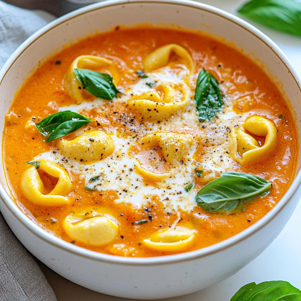 - 2 tablespoons extra virgin olive oil - 1 medium onion, finely diced - 3 cloves garlic, minced - 1 can (28 oz) crushed tomatoes - 4 cups vegetable broth - 1 teaspoon dried basil - 1 teaspoon dried oregano - 1/4 teaspoon red pepper flakes - 1 package (9 oz) chilled cheese tortellini - 1 cup heavy cream - Sea salt and freshly ground black pepper to taste - Fresh basil leaves for garnish - Grated Parmesan cheese for serving I love using fresh ingredients in my creamy tomato tortellini soup. Fresh ingredients help to bring out the best flavors. I start with extra virgin olive oil, which adds a rich taste. The diced onion and minced garlic create a great base. The crushed tomatoes are my secret weapon. I recommend using San Marzano tomatoes for their sweetness and depth. The vegetable broth makes the soup hearty but light. Then, I add dried basil and oregano for that classic Italian flavor. Red pepper flakes give the soup a little kick. You can adjust the amount based on your taste. The chilled cheese tortellini adds a comforting touch to the soup. I like to use a high-quality tortellini for the best results. Heavy cream makes the soup rich and smooth. If you want a lighter option, you can use full-fat coconut milk instead. Lastly, I always season with sea salt and black pepper to elevate the flavors. Fresh basil leaves and grated Parmesan cheese are my go-to garnishes. They not only add color, but they also enhance the taste. This soup is full of flavors and simple to make, perfect for any meal! {{ingredient_image_2}} - Heat the olive oil and sauté onion In a large pot, heat 2 tablespoons of extra virgin olive oil over medium heat. Add a finely diced medium onion. Sauté for about 5 minutes until it’s soft and translucent. - Add garlic and cook until fragrant Next, add 3 cloves of minced garlic to the pot. Stir for 1 to 2 minutes. You want the garlic to be fragrant and golden, but not burnt. - Mix in crushed tomatoes and vegetable broth Carefully pour in 1 can of crushed tomatoes and 4 cups of vegetable broth. Stir well so all the ingredients mix together. - Season with herbs and spices Sprinkle in 1 teaspoon of dried basil, 1 teaspoon of dried oregano, and 1/4 teaspoon of red pepper flakes. Season with sea salt and black pepper to taste. Bring the soup to a gentle simmer. - Incorporate tortellini and cook as directed Once it’s bubbling softly, add 1 package of chilled cheese tortellini. Cook according to the package instructions, which is around 5 to 7 minutes. - Stir in cream and adjust seasoning Lower the heat and slowly stir in 1 cup of heavy cream. Let it heat through for 2 to 3 minutes. Taste the soup and adjust the seasoning if needed. - Serve with garnishes Serve the soup hot in bowls. Garnish with torn fresh basil leaves and a sprinkle of grated Parmesan cheese. Enjoy the rich flavors! To boost the taste of your creamy tomato tortellini soup, use fresh herbs. Fresh basil gives a bright flavor that's hard to beat. Dried herbs work, but fresh makes a big difference. If you want more heat, adjust the red pepper flakes. Add a little for a mild kick or more for a spicy soup. Make sure your tortellini is al dente. Overcooked tortellini can turn mushy and lose their shape. Cook them just right for the best bite. When adding cream, do it slowly. This keeps the soup creamy and smooth. Stir it in bit by bit for a nice texture. Serve your soup with crusty bread or a simple side salad. This makes a complete meal that feels special. Use rustic bowls for serving. They add charm and make your dish look inviting. A beautiful presentation can make your meal even more enjoyable. Pro Tips Use Fresh Herbs: Fresh basil can elevate the flavor of this dish significantly. Add it just before serving for the best aroma and taste. Thicken with Flour: For a creamier texture without extra cream, mix a tablespoon of flour with a bit of broth before adding it to the pot. Customize Tortellini: Feel free to use different types of tortellini, such as spinach or mushroom, to bring a unique flavor to the dish. Adjust Spice Levels: If you prefer a milder soup, reduce the red pepper flakes, or add them gradually until you achieve your desired heat level. {{image_4}} You can easily adjust this recipe to fit your needs. For a dairy-free option, swap heavy cream for coconut milk. This change keeps the soup creamy while reducing dairy. If you need gluten-free tortellini, look for brands made from rice or corn. Many stores offer these tasty options. Adding fresh vegetables can boost nutrition. Spinach and kale work great in this soup. Just stir them in during the last few minutes of cooking. You can also add protein to make it heartier. Cooked chicken or beans both make excellent additions. They add flavor and make your meal more filling. Want to change up the flavor? Try swapping crushed tomatoes for roasted ones. Roasted tomatoes add a rich, sweet taste. You can also experiment with different cheese varieties. For instance, using smoked Gouda or sharp cheddar can create a unique twist. Your soup will surprise and delight with every spoonful! Store your leftover creamy tomato tortellini soup in an airtight container. This keeps it fresh. It lasts in the fridge for up to four days. Always let the soup cool before sealing it. This helps prevent condensation inside the container. To freeze the soup, use a freezer-safe container. Leave room at the top for expansion. The soup can stay frozen for up to three months. When you’re ready to eat, thaw it overnight in the fridge. Reheat it in a pot over low heat or in the microwave. Stir well to ensure even heating. Repurpose leftovers by adding fresh spinach or kale before reheating. This boosts nutrition and flavor. Serve the soup with crusty bread or a simple salad. For a fun twist, top with croutons or extra parmesan. This enhances texture and taste. You can easily make this soup vegetarian. Just use vegetable broth instead of chicken broth. This swap keeps the soup rich in flavor while being meat-free. Additionally, check the tortellini package. Some brands offer vegetarian options. Make sure to choose cheese tortellini that aligns with your dietary needs. Yes, you can use frozen tortellini in this soup. Just adjust the cooking time. Frozen tortellini usually needs a few extra minutes to cook. Follow the package instructions carefully. Start checking for doneness after the regular cooking time. This way, you ensure they are tender without getting mushy. If your soup turns out too thick, don’t worry! You can thin it down easily. Just add more vegetable broth or water. Stir well and let it heat up again. Aim for a consistency you enjoy. A good creamy soup should be smooth but not runny. Adjust it to your taste! This soup combines simple ingredients and easy steps to create a hearty meal. You start with fresh veggies and flavorful spices, then mix in cheese tortellini for a filling dish. Remember to customize with fresh herbs or protein for more taste. Storing leftovers is easy, allowing you to enjoy it later. This soup is perfect for any occasion and impresses with its flavor and warmth. Enjoy making it and sharing it with family and friends!