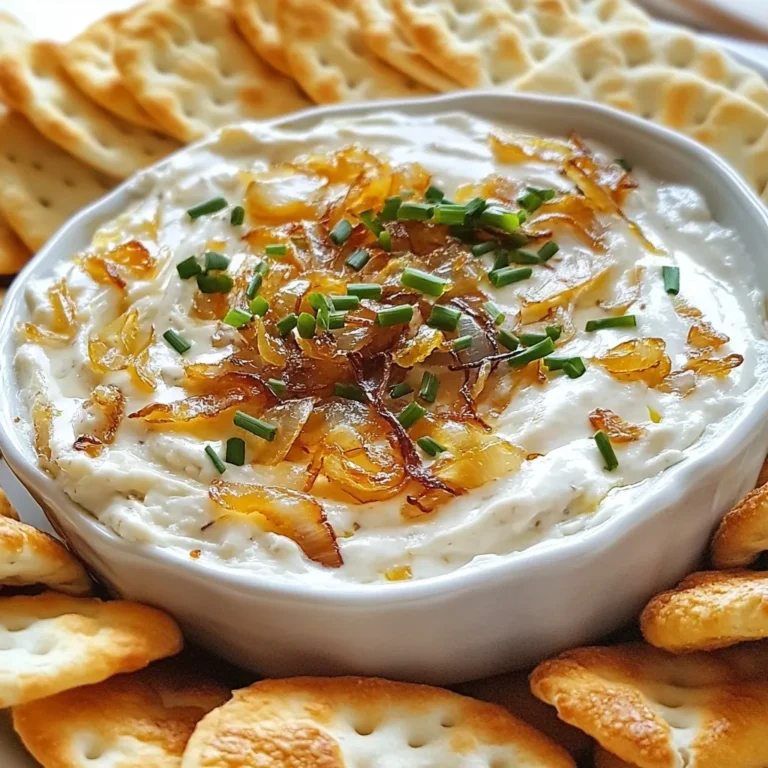 - 3 large yellow onions, thinly sliced - 2 tablespoons unsalted butter - 1 tablespoon extra virgin olive oil - 1 teaspoon sea salt - 1 teaspoon granulated sugar - 1 cup cream cheese, softened - 1 cup sour cream - 1 cup sharp cheddar cheese, shredded - ½ teaspoon garlic powder - ½ teaspoon black pepper - Fresh chives for garnish You can easily switch some ingredients for this dip. If you want a lighter option, use Greek yogurt instead of cream cheese. Vegan cream cheese is also a great choice. For cheese, mozzarella or gouda can work well, too. If you need a dairy-free option, coconut oil or olive oil can replace butter. These swaps keep the dip tasty and fun! {{ingredient_image_2}} First, grab a large skillet. Add the unsalted butter and olive oil. Heat it over medium heat until the butter melts and bubbles. This mix of butter and oil gives your onions rich flavor. Next, add the thinly sliced yellow onions. Make sure they spread evenly in the pan. Sprinkle the sea salt over the onions. This helps them soften and brings out their natural sweetness. Sauté them for about 10 minutes. Stir occasionally, so they don’t stick or burn. The onions will become soft and translucent. Now, it’s time for the magic! Sprinkle the granulated sugar over the softened onions. This sugar helps the onions caramelize, giving them a sweet, rich taste. Keep cooking for another 20 to 25 minutes. Stir often to prevent sticking. Watch closely as they change color. You want them to turn a deep golden brown. This is when they become beautifully caramelized. Once your onions are ready, take the skillet off the heat. Let the caramelized onions cool a bit. While they cool, prepare the creamy base. In a medium bowl, mix the softened cream cheese, sour cream, and sharp cheddar cheese. Add garlic powder and black pepper. Mix until it’s smooth. You don’t want any lumps in your dip. Now, gently fold in the cooled caramelized onions. Be careful not to break them up too much. You want those sweet chunks to shine in your dip. Once mixed, transfer the dip to a stylish serving bowl. It’s best to chill it for at least one hour. This helps all the flavors blend nicely. To get the best caramelized onions, you need even cooking. Start by slicing the onions thin. This helps them cook at the same rate. Use a large skillet, and don't crowd the pan. If your pan is too full, the onions will steam instead of caramelize. Cooking time is key. It takes about 30 to 35 minutes for the onions to turn golden brown. Start on medium heat and adjust as needed. Stir the onions often to keep them from burning. The sugar you add helps with caramelization. It adds sweetness and depth. When it comes to dippers, crackers and toasted baguette slices work great. You can also use fresh vegetable sticks, like carrots or bell peppers. They add a nice crunch and color to your spread. For a stunning look, serve the dip in a rustic bowl. Place a few chive sprigs on top for a pop of color. This makes your dish more inviting. Arrange the dippers around the bowl, so guests can easily reach them. To boost the flavor, think about adding herbs or spices. Fresh thyme or rosemary can make the dip even more special. You could also sprinkle in some smoked paprika for a unique twist. Using specialty cheeses can take your dip up a notch. Try adding cream cheese or sharp cheddar. You can even mix in a bit of goat cheese for a tangy flavor. This makes the dip richer and more interesting. Pro Tips Use Sweet Onions: For a sweeter flavor, consider using Vidalia or Walla Walla onions instead of yellow onions. Low and Slow: Caramelizing onions takes time; cooking them on low heat will yield the best results and prevent burning. Chill for Flavor: Allow the dip to chill for at least an hour before serving, as this will enhance the flavors. Add a Kick: For a spicy twist, mix in a dash of cayenne pepper or some diced jalapeños to the dip. {{image_4}} You can make this dip even better with fun flavor twists. One great option is to add crispy bacon. Just cook some bacon until it's crisp, crumble it, and fold it into the dip. The salty, smoky flavor goes well with the sweet onions. You can also add fresh herbs. Chopped thyme or rosemary makes the dip fragrant. Mix them in after you fold in the onions for a fresh taste boost. If you like some heat, toss in diced jalapeños. They bring a spicy kick that pairs well with the creamy base. Just be careful not to add too much, as the heat can become overpowering. For those who need gluten-free options, worry not! Serve the dip with gluten-free dippers like vegetable sticks or gluten-free crackers. This way, everyone can enjoy the dip without concern. If you're looking for dairy-free variations, you can use vegan cream cheese and dairy-free sour cream. They work well in the recipe and still give you that creamy texture. You can also try dairy-free cheese. Just make sure it melts nicely for the best flavor. To keep your caramelized onion dip fresh, store it in the fridge. Use an airtight container. This helps keep the dip from drying out. Place it in the coldest part of your fridge. If you want to save some for later, you can freeze it. Use a freezer-safe container. Make sure to leave some space for expansion. In the fridge, your dip lasts about 4-5 days. Always check for signs of spoilage before eating. If it smells off or looks discolored, it’s best to toss it. If you freeze the dip, it can last up to three months. Thaw it overnight in the fridge before using. Caramelizing onions takes about 30 to 35 minutes. First, you sauté them for about 10 minutes. This softens them. Then, you add sugar and cook for another 20 to 25 minutes. You want the onions to turn a rich golden brown. Stir them often to avoid burning. The key is low heat and patience. Yes, you can make the dip ahead. Prepare it up to two days in advance. Just store it in the fridge after mixing. This allows the flavors to blend well. When you are ready to serve, just garnish with chives. Chilling it also helps the dip thicken, making it even better. You have many great options for dippers. Here are some ideas: - Crispy crackers - Toasted baguette slices - Colorful vegetable sticks like carrots and celery - Potato chips for a crunchy twist These pairings enhance the dip's rich taste. You can even mix and match for fun! In this blog post, we explored how to make delicious caramelized onion dip. We discussed key ingredients, including onions, cream cheese, and cheese options. I provided step-by-step instructions for perfect caramelization and tips for serving. You can even customize the dip with different flavors or dietary needs. Remember, proper storage ensures great taste later. Enjoy this dip with your favorite snacks, and have fun experimenting with the recipes. Dive into this tasty treat; you won't be disappointed!