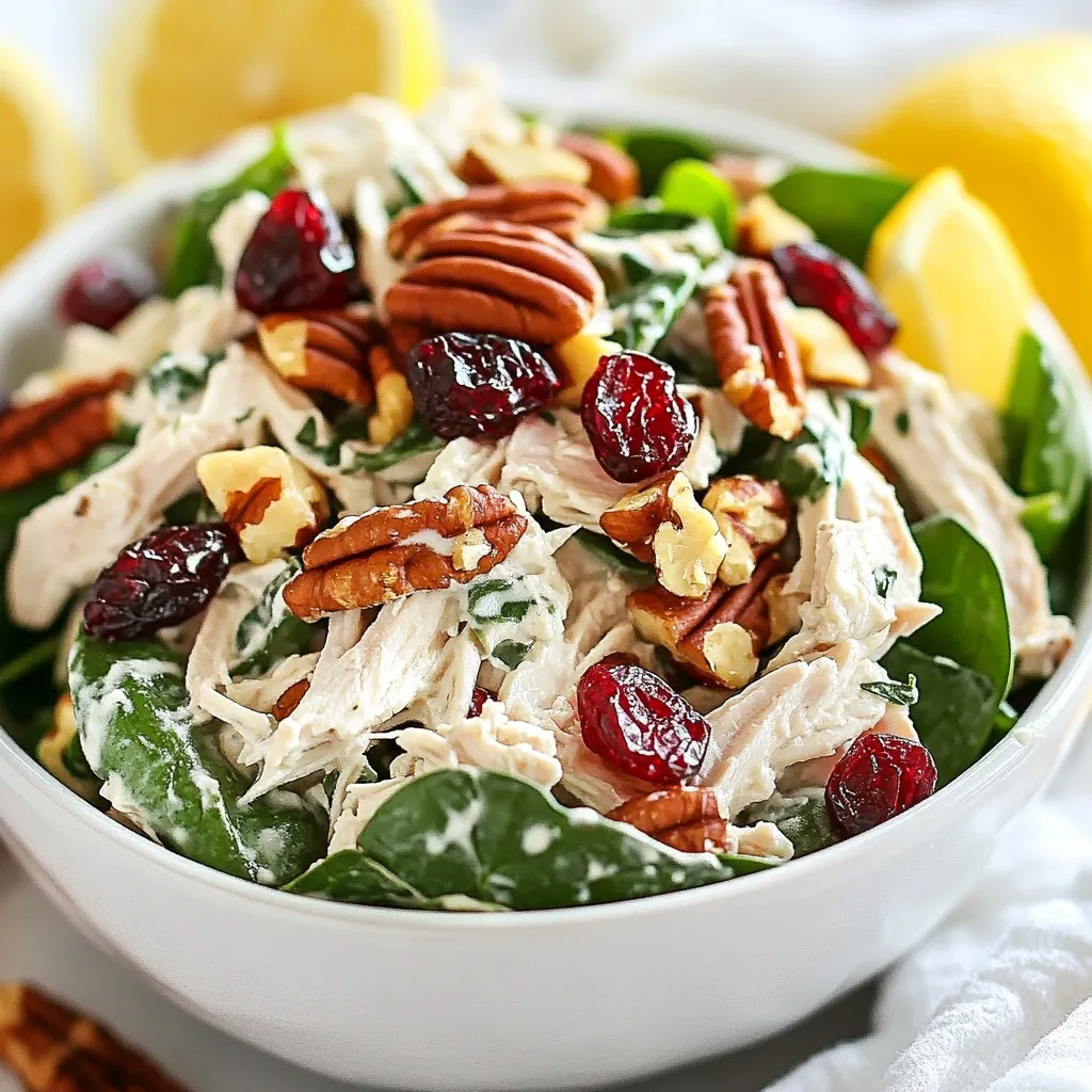 - 2 cups cooked chicken breast, shredded - 1 cup fresh spinach, roughly chopped - 1/2 cup dried cranberries - 1/2 cup pecans, roughly chopped The main ingredients in this salad pack a punch of flavor and nutrition. The cooked chicken breast provides protein, while fresh spinach adds vitamins. Dried cranberries give a sweet burst, and pecans add a nice crunch. - 1/2 cup plain Greek yogurt - 2 tablespoons mayonnaise - 1 tablespoon honey - 1 tablespoon Dijon mustard - 1 teaspoon fresh lemon juice - Salt and pepper, to taste The dressing makes this salad shine. Greek yogurt keeps it creamy while being healthy. Mayonnaise adds richness. Honey balances the tanginess of Dijon mustard and lemon juice. Salt and pepper round out the flavors. - Mixed greens - Arugula For serving, you can use mixed greens or arugula. These greens add extra color and texture to your dish. They also enhance the taste and make it more appealing. {{ingredient_image_2}} To start, you need to gather your ingredients. In a large mixing bowl, combine the shredded chicken, chopped spinach, dried cranberries, and chopped pecans. Use a gentle tossing motion to mix everything evenly. Be careful not to break the spinach too much. This step helps create a colorful and tasty base for your salad. Next, grab a smaller bowl for the dressing. Whisk together the Greek yogurt, mayonnaise, honey, Dijon mustard, lemon juice, salt, and pepper. Keep whisking until the mixture is smooth. You want to avoid any lumps. This dressing adds a creamy and zesty flavor to the salad. Once your dressing is ready, pour it over the chicken mixture in the large bowl. Stir thoroughly to coat every piece of chicken and vegetable with the dressing. This ensures every bite is full of flavor. Taste your salad and adjust the seasoning with more salt and pepper if needed. For the best results, cover the bowl with plastic wrap and chill it in the fridge for at least 30 minutes. This time allows the flavors to meld. When ready to serve, you can place the chicken salad on a bed of mixed greens or arugula. Enjoy your fresh and flavorful dish! Adjusting seasoning is key to a great salad. After mixing your ingredients, taste it. If it needs more flavor, add salt or pepper. You can also add a bit more lemon juice for brightness. Each bite should sing with flavor. Presentation matters! Use extra chopped pecans and cranberries as garnishes. They add color and texture. Place your salad on a bed of mixed greens or arugula for a lovely display. A sprinkle of these garnishes makes each plate pop. You can even add lemon wedges on the side. They give a fresh touch when guests squeeze them over their salad. Chilling your salad is essential for great flavor. I recommend a minimum chill time of 30 minutes. This allows the flavors to blend well. The longer you chill, the better it gets. So, if you have time, let it sit in the fridge for an hour or more before serving. Your patience will pay off! Pro Tips Chicken Choice: Use rotisserie chicken for a quick and flavorful option, saving you time on cooking and shredding. Nut Variation: If you're allergic to pecans, substitute with walnuts or almonds for a similar crunch without compromising flavor. Chill Time: For optimal flavor, let the salad chill for at least one hour before serving, allowing the flavors to meld beautifully. Serving Suggestions: Pair this salad with whole grain crackers or serve it as a sandwich filling for a delightful lunch option. {{image_4}} You can make this salad healthier by changing the dressing. Instead of mayonnaise, try using more Greek yogurt. This cuts fat and adds protein. You can also use avocado instead of chicken for a tasty vegan option. Just mash it up and mix it in! Adding seasonal fruits makes this salad pop. In fall, add diced apples or pears for crunch and sweetness. In summer, try fresh berries like strawberries or blueberries for a vibrant twist. You can switch out spinach for kale in winter for a heartier feel. There are fun ways to serve this salad. You can stuff it in a pita for a quick lunch. Or, try serving it on cucumber slices for a refreshing bite. For a fancy touch, serve it in lettuce cups as a light appetizer. Each method adds a unique flair to your meal! Store your Cranberry Pecan Chicken Salad in an airtight container. This keeps it fresh and tasty. Make sure to place it in the fridge as soon as possible. It stays good for about three days. If you notice any change in smell or color, it's best to toss it. You can freeze this salad, but it’s not the best choice. The texture of the chicken and spinach may change. If you want to freeze it, store the salad without dressing. Use a freezer-safe container. It can last up to three months in the freezer. Just remember to thaw it in the fridge overnight before eating. To refresh the salad before serving, simply give it a good stir. If it seems dry, add a bit more dressing. You can also squeeze fresh lemon juice on top to brighten the flavors. Avoid using heat as it may change the salad's fresh taste. Enjoy it cold for the best experience! Yes, you can prepare this salad a day in advance. Store it in an airtight container in the fridge. The flavors will blend well, and it will taste even better the next day. Just remember to add any greens right before serving to keep them fresh. If you need to store leftovers, eat them within 3 days for the best taste. If you want a non-dairy option, try using silken tofu. It gives a smooth texture. Another great swap is sour cream, which adds a nice tang. For a lighter choice, consider using low-fat yogurt. Each option brings a unique flavor, so feel free to experiment! This salad stays fresh in the fridge for about 3 to 4 days. Watch out for changes in smell or texture, as these can be signs of spoilage. If the salad looks watery or has an off smell, it’s best to toss it out. Always store it in a sealed container to keep it fresh longer. This article covered how to make a tasty Cranberry Pecan Chicken Salad. We looked at the main ingredients, the dressing, and optional items to serve it with. I shared steps to prepare, tips for flavor, and storage advice. You can even play with variations to keep things fresh. Enjoy trying this salad as a meal or a side dish. Remember, it's flexible, so make it your own. Happy cooking!