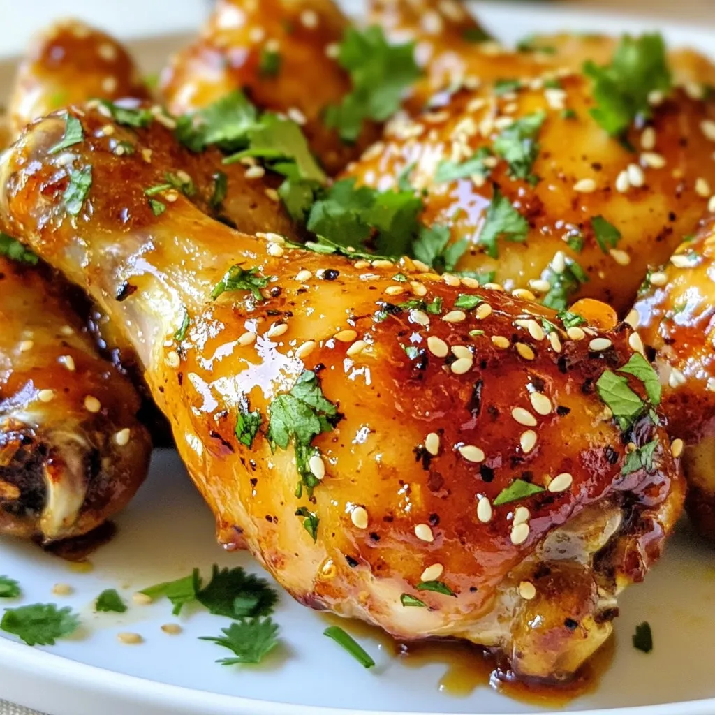 - 8 chicken drumsticks - 1/2 cup honey - 1/4 cup low sodium soy sauce - 3 cloves garlic, finely minced - 1 tablespoon fresh ginger, grated - 2 tablespoons apple cider vinegar - 1 teaspoon sesame oil - 1/4 teaspoon freshly ground black pepper - 1/4 teaspoon red pepper flakes (optional, for a kick) - Fresh cilantro or parsley, chopped, for garnish - Sesame seeds, for garnish When cooking, precise measurements matter. For this recipe, I recommend using a liquid measuring cup for the honey and soy sauce. A standard tablespoon works well for the vinegar and sesame oil. For the garlic and ginger, use a fine grater to get a smooth paste. This technique helps release their potent flavors. Remember, fresh ingredients yield the best taste. Garnishes make dishes pop! For Honey Garlic Glazed Chicken Drumsticks, fresh cilantro or parsley adds a bright touch. A sprinkle of sesame seeds gives a nice crunch. If you like spice, add extra red pepper flakes on top. These small touches elevate your dish and make it look more appealing on the plate. {{ingredient_image_2}} Start by grabbing a mixing bowl. In this bowl, add the honey, low sodium soy sauce, and minced garlic. Next, add the grated ginger, apple cider vinegar, sesame oil, black pepper, and optional red pepper flakes. Whisk these ingredients together until the mixture is smooth. This marinade adds sweet and savory flavors to the chicken. The ginger gives it a nice warmth, while the garlic enhances the aroma. Take your chicken drumsticks and place them in a large resealable plastic bag or a shallow dish. Pour the honey garlic marinade over the drumsticks. Make sure each drumstick gets coated well. Seal the bag or cover the dish with plastic wrap. Refrigerate them for at least 1 hour. If you have time, marinate overnight. This lets the flavors meld together, making your chicken taste even better. Preheat your oven to 400°F (200°C). This step ensures your chicken cooks evenly. Line a baking sheet with aluminum foil for easy cleanup. If you have a wire rack, place it on top of the baking sheet. This allows air to circulate around the chicken, which helps it cook well. Once the drumsticks are marinated, take them out of the marinade. Place them on the wire rack. Reserve the leftover marinade for basting later. Bake the chicken for 30 minutes. After 15 minutes, brush the drumsticks with the reserved marinade. This adds more flavor and gives them a shiny glaze. Continue baking until the chicken reaches an internal temperature of 165°F (74°C) and the skin gets crispy. For an extra crunch, switch on the broiler for 2-3 minutes. Keep a close watch to avoid burning. After cooking, let the drumsticks rest for a few minutes. This helps keep the juices inside. Finally, garnish with chopped cilantro or parsley and sprinkle sesame seeds on top. This adds color and extra texture. To get the best glaze, use a mix of honey and soy sauce. Honey gives a sweet touch, while soy adds depth. When you brush the drumsticks with the reserved marinade, do it halfway through cooking. This step boosts the flavor and helps create that lovely shine. Also, baking at a high temperature caramelizes the sugars in the honey. This makes a sticky, delicious coating that clings to the chicken. Cooking time is key for juicy drumsticks. Bake them at 400°F for about 30 minutes. After 15 minutes, brush them with the marinade. This step keeps them moist and flavorful. To check for doneness, use a meat thermometer. The chicken should reach 165°F. If you want extra crispiness, broil for 2 to 3 minutes at the end. Just keep an eye on them so they don’t burn. A few tools can make this recipe easier. Use a large resealable bag for marinating. It ensures every piece gets coated well. A wire rack on a baking sheet helps air circulate around the chicken. This leads to even cooking and crisp skin. Finally, a meat thermometer is essential for checking the chicken’s doneness. It takes the guesswork out of cooking. Pro Tips Marination Time: For the best flavor, marinate the chicken drumsticks overnight. This allows the flavors to penetrate the meat deeply, ensuring a more intense taste. Use a Meat Thermometer: To ensure the chicken is cooked perfectly, use a meat thermometer to check that the internal temperature reaches 165°F (74°C). This guarantees safety and juiciness. Crispy Skin: If you prefer extra crispy skin, finish the drumsticks under the broiler for a couple of minutes after baking. Just keep a close eye to prevent burning. Garnishing Tips: Enhance presentation by garnishing with fresh herbs and sesame seeds just before serving. A sprinkle of lime juice can also elevate the flavors. {{image_4}} If you want to change the heat level, you can add more red pepper flakes. Start with a pinch and taste as you go. If you love spicy food, try adding sriracha or hot sauce in the marinade. You can also use fresh jalapeños for a milder heat. Adjusting the spice level lets you tailor the dish to your taste. You can cook honey garlic glazed chicken drumsticks in different ways. Besides baking, try grilling them for a smoky flavor. Preheat your grill and cook each side for about 10 minutes, basting with the marinade. You can also use an air fryer; set it to 380°F (193°C) and cook for about 25 minutes. Each method gives a unique taste without losing that sweet, garlicky goodness. Feel free to swap some ingredients for what you have on hand. If you don’t have honey, use maple syrup for a different sweetness. You can replace soy sauce with coconut aminos for a gluten-free option. For garlic, garlic powder can work in a pinch. These changes keep the dish fresh and exciting while still bringing out the main flavors. Store any leftover honey garlic glazed chicken drumsticks in an airtight container. Make sure the drumsticks cool down first. They can stay fresh in the fridge for up to four days. If you want to keep them longer, freezing is a great option. To reheat the drumsticks, place them in a preheated oven at 350°F (175°C). Bake for about 15-20 minutes or until they are hot all the way through. You can also warm them in the microwave, but this may make them less crispy. For best results, reheating in the oven is my top choice. If you want to freeze the drumsticks, wrap each one tightly in plastic wrap. Then, place them in a freezer bag. This will help keep them from getting freezer burn. They can last up to three months in the freezer. When you’re ready to eat, thaw them in the fridge overnight before reheating. Yes, you can use other cuts of chicken. Chicken thighs are a great choice. They stay juicy and tender. You may also try chicken breasts, but they cook faster. Adjust the cook time to avoid dryness. To check if the chicken is fully cooked, use a meat thermometer. The internal temperature should reach 165°F (74°C). If you don’t have a thermometer, cut into the meat. The juices should run clear, not pink. These drumsticks pair well with many sides. Consider serving them with rice or quinoa. A fresh salad or steamed veggies adds color and balance. For a fun touch, serve with lime wedges for extra zing. This post covered key steps to make tasty Honey Garlic Glazed Chicken Drumsticks. You learned about ingredients, tips for marinating, and baking options. I shared tricks for the perfect glaze and how to store leftovers. Don't forget to try different spices or cooking methods for fun flavors. Cooking can be fun and creative, so enjoy each step. Your kitchen can be a place of joy with practice and exploration. Happy cooking!