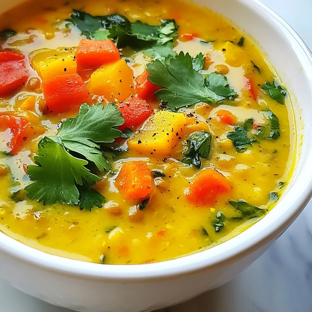 - 1 tablespoon coconut oil - 1 medium onion, finely diced - 3 cloves garlic, minced - 1 tablespoon fresh ginger, grated - 1 bell pepper (red or yellow), diced - 2 carrots, peeled and diced - 1 cup red lentils, thoroughly rinsed - 1 can (14 oz) full-fat coconut milk - 4 cups vegetable broth (low-sodium preferred) - 1 tablespoon yellow curry powder - 1 teaspoon turmeric powder - 1 teaspoon ground cumin - Salt and pepper, to taste To make Coconut Curry Lentil Soup, these main ingredients are key. Coconut oil adds a rich flavor. Onion, garlic, and ginger give depth to the soup. The bell pepper and carrots add sweetness and crunch. Red lentils are the star, providing protein and a creamy texture. Vegetable broth brings it all together. The coconut milk creates a velvety base, while spices like curry powder and turmeric add warmth. - 1 cup fresh spinach, roughly chopped - Juice of 1 fresh lime - Fresh cilantro, for garnish Garnishing is optional but can elevate your soup. Fresh spinach adds color and nutrients. Lime juice gives a zesty kick. Fresh cilantro adds a bright flavor that pairs well with the curry. Each garnish can make your soup feel special. {{ingredient_image_2}} To sauté vegetables well, heat coconut oil until it shimmers. Add diced onions first. Cook them for about 5 minutes. They should become soft and clear. Next, add garlic and ginger. Cook for 1-2 minutes until you smell their aroma. Then, toss in bell peppers and carrots. Let them cook for 5-7 minutes. This softens them and brings out their natural sweetness. For perfect lentils, rinse them under cold water. This removes any dust or debris. Then, add them to the pot with liquids. Make sure they are well covered in broth. Let them simmer until tender, about 20-25 minutes. Keep an eye on the soup and stir it occasionally. For a great presentation, serve the soup in deep bowls. You can add a wedge of lime on the side. This adds a burst of freshness. A sprinkle of extra turmeric or curry powder on top looks beautiful. Pair this soup with warm naan or crusty bread. It also goes well with a simple salad. The balance of flavors will delight your taste buds. To store leftovers, wait for the soup to cool. Place it in a container with a tight lid. Glass or plastic containers work well. The soup can stay fresh in the fridge for about 3 to 4 days. Always reheat it to a good temperature before eating. If you want to freeze the soup, use an airtight container. Leave some space at the top; the soup will expand when frozen. It’s best to freeze it in portions for easy use later. The soup can last up to 2 months in the freezer. When you're ready to eat, thaw it in the fridge overnight. For reheating, use a pot on low heat and stir often. You can also use a microwave if you're in a hurry. Pro Tips Fresh Ingredients: Using fresh vegetables and herbs will enhance the flavor and overall quality of your soup. Adjusting Spice Levels: If you prefer a spicier soup, consider adding a pinch of cayenne pepper or a diced jalapeño during cooking. Storage Tips: This soup can be stored in the refrigerator for up to 5 days or frozen for up to 3 months, making it perfect for meal prep. Serving Suggestions: Pair the soup with warm naan or rice for a complete meal, or top with a dollop of yogurt for extra creaminess. {{image_4}} This blog post covered making Coconut Curry Lentil Soup. You learned about key ingredients like coconut oil, lentils, and spices. I shared step-by-step cooking instructions and useful tips for great results. You can adapt flavors with substitutions and variations. Remember to store leftovers properly for later enjoyment. This recipe not only tastes great but also offers health benefits. Enjoy your cooking, and don’t hesitate to experiment as you find your perfect bowl.