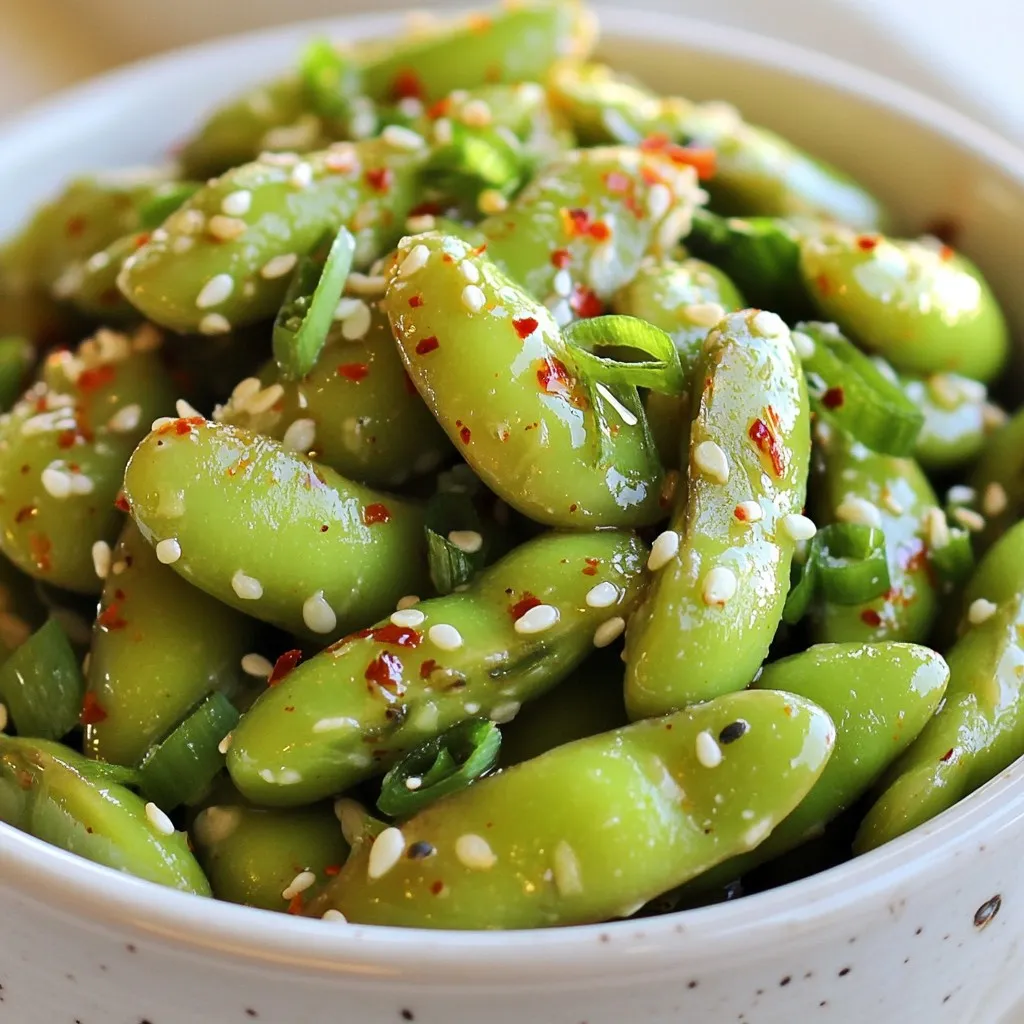 To make spicy garlic edamame, you need these main items: - 2 cups edamame (in pods), thawed - 3 tablespoons extra virgin olive oil - 4 cloves garlic, finely minced - 1 tablespoon soy sauce - 1 tablespoon toasted sesame oil - 1 tablespoon freshly squeezed lime juice - Sea salt, to taste Edamame is young soybeans. They are packed with protein and fiber. The olive oil adds a rich flavor. Garlic brings a strong, savory taste that we all love. For the right kick, use these spices: - 1 teaspoon red pepper flakes (adjust based on your spice preference) Red pepper flakes give heat. You can make it more or less spicy by adding more or less. To finish your dish, use these garnishes: - Chopped green onions - Toasted sesame seeds Chopped green onions add freshness. Toasted sesame seeds add a nice crunch. These make your dish not only tasty but pretty too! {{ingredient_image_2}} To start, rinse 2 cups of edamame pods under cold water. This removes any dirt and makes them clean. After rinsing, drain the edamame well. This step is key for flavor absorption later on. Next, heat 3 tablespoons of extra virgin olive oil in a large skillet over medium heat. When the oil shimmers, add 4 finely minced garlic cloves and 1 teaspoon of red pepper flakes. Sauté for about 2 minutes until the garlic smells great and turns a light golden color. Be careful not to burn the garlic! Now, add the drained edamame pods to the skillet. Toss them well so each pod is coated in the garlic-oil mix. This ensures every bite is flavorful. Then, pour in 1 tablespoon of soy sauce and 1 tablespoon of toasted sesame oil. Stir-fry the edamame for 3 to 4 more minutes until everything is heated through. Once cooked, take the skillet off the heat. Squeeze 1 tablespoon of fresh lime juice over the edamame. Toss again to mix everything together. Season with sea salt to taste. For a lovely finish, sprinkle chopped green onions and toasted sesame seeds on top. Serve the spicy garlic edamame in a bright bowl, maybe with lime wedges on the side. Enjoy this bold snack! To get the best garlic taste, use fresh garlic. Fresh garlic gives a stronger flavor than pre-minced. Mince the garlic finely so it cooks evenly. Be careful not to burn it. Burnt garlic turns bitter. Sauté it on medium heat until golden and fragrant. This takes about two minutes. Want to change the heat? Start with one teaspoon of red pepper flakes. This amount gives a nice kick. If you love spice, add more. Taste the edamame after cooking. You can always add more spice later, but you can't take it away. Make it just right for you! Planning a party? You can make this dish ahead of time. Cook the edamame and let it cool. Store it in the fridge for up to two days. When you’re ready to serve, reheat it in a skillet on low heat. Add lime juice and salt right before serving. This way, it stays fresh and tasty! Pro Tips Fresh Edamame: Use fresh or frozen edamame that is still in the pods for the best flavor and texture. Avoid pre-shelled edamame as it can become mushy when cooked. Garlic Timing: Add the minced garlic only when the oil is hot to prevent it from burning, which can lead to a bitter taste in your dish. Custom Spice Level: Adjust the amount of red pepper flakes according to your spice tolerance. You can also experiment with other spices like smoked paprika for a different flavor profile. Garnish Wisely: For a pop of color and texture, don’t skimp on the green onions and sesame seeds. They not only enhance the visual appeal but also add a burst of flavor. {{image_4}} You can easily add protein to your spicy garlic edamame. Try mixing in cooked shrimp or chicken. These options give your snack a satisfying boost. Tofu is another great choice. Just cube it and sauté it in the garlic oil first. This way, the tofu soaks up all the delicious flavors. Do you want to change the taste? Try different sauces! You can use teriyaki or sriracha for a new twist. Each sauce adds its own unique flavor. Just keep the soy sauce and sesame oil for balance. This lets you create a spicy, sweet, or tangy version of edamame. Get creative and find your favorite! Want to try a new way to cook edamame? Steaming is a healthy option. It keeps the beans tender and bright green. Just steam them for about 5 minutes before seasoning. Grilling is another fun method. Toss the pods on the grill for a smoky flavor. The char adds an exciting crunch. Both methods work well, so choose what you like best! You can store leftover spicy garlic edamame in an airtight container. Make sure to let them cool first. Keep them in the fridge. They stay fresh for up to three days. To reheat, place the edamame in a skillet over medium heat. Add a splash of olive oil to keep them moist. Stir them for about five minutes until they are warm. You can also use the microwave. Heat them in a bowl for one to two minutes. Freezing is a great way to keep extra edamame. First, let them cool completely. Then, place them in a freezer-safe bag. Remove as much air as possible. They can last up to three months in the freezer. To use, simply thaw in the fridge overnight before reheating. Edamame is young soybeans. They are often served in their pods. Edamame is rich in protein and fiber. They also contain vitamins and minerals. These nutrients help with digestion and muscle growth. Eating edamame can lower cholesterol and support heart health. This snack is tasty and good for you. Yes, you can use frozen edamame. Frozen edamame is easy to find. It is also quick to prepare. Just thaw it before cooking. This saves time and keeps the flavor. You can follow the same recipe steps with frozen edamame. It will taste great! Yes, this recipe is perfect for vegans. It contains no animal products. You use olive oil, soy sauce, and garlic. These ingredients add flavor without animal-based items. Enjoy this spicy garlic edamame as a vegan snack! This blog post covered how to prepare and cook edamame in simple steps. We explored the main ingredients, spices, and garnishes that elevate this snack. I shared tips for perfecting flavors and offered various ways to enjoy edamame. Remember, you can store leftovers and even freeze them for future snacks. Edamame is healthy and vegan-friendly, making it a great choice. Now, you have all the tools to create tasty edamame dishes that impress! Enjoy your cooking adventure!