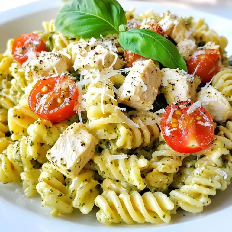 - Pasta choices: You can use 8 oz of fusilli or penne. Both shapes hold the sauce well. - Chicken preparation: Take 2 boneless, skinless chicken breasts. Dice them into bite-sized cubes for even cooking. - Pesto options: Use 1 cup of homemade pesto for freshness or a quality store-bought pesto for convenience. - Heavy cream and its role: One cup of heavy cream makes the sauce rich and creamy. It blends well with pesto to create a smooth texture. - Olive oil usage: Use 2 tablespoons of extra virgin olive oil for cooking the chicken. It adds flavor and helps prevent sticking. - Parmesan cheese and seasoning: Stir in 1/2 cup of freshly grated Parmesan cheese. It adds depth and a savory note. Season with salt and cracked black pepper to taste. {{ingredient_image_2}} Bring a large pot of salted water to a boil. Use enough salt to make the water taste like the sea. Once boiling, add 8 ounces of pasta. Fusilli or penne works best. Cook according to the package instructions. Stir the pasta occasionally. You want it to be al dente, which means it should still have a little bite. This usually takes about 8-10 minutes. When done, drain the pasta but save a small cup of the pasta water for later. Heat 2 tablespoons of extra virgin olive oil in a large skillet over medium heat. This step is key. If the oil is not hot enough, the chicken will not sear well. Add 2 diced chicken breasts and season with salt and pepper. Cook for 5-7 minutes. Stir occasionally until the chicken turns golden brown and is fully cooked. Remove the chicken and place it on a plate to keep warm. In the same skillet, lower the heat a bit. Pour in 1 cup of heavy cream and let it simmer gently. Stir often to avoid burning. After a minute, mix in 1 cup of pesto. Stir well until the sauce is creamy and bright green. This is where the magic happens! Now, return the cooked chicken to the skillet. Add 1 cup of halved cherry tomatoes and 1 cup of fresh baby spinach. Stir everything together. Cook for another 2-3 minutes. You want the spinach to wilt and the tomatoes to soften a bit. Add the drained pasta to the skillet with the chicken and sauce. Toss it all together. This ensures every piece of pasta gets coated in that creamy sauce. If it feels too thick, drizzle in a bit of the reserved pasta water. Finally, stir in 1/2 cup of freshly grated Parmesan cheese. Let it melt into the sauce. Taste and adjust the seasoning with more salt and pepper if you need to. To cook pasta just right, pay attention to your timing. Start by boiling a large pot of salted water. The salt helps the pasta gain flavor. Once the water is boiling, add your pasta. Check the package for the time needed to reach al dente. This means the pasta should be firm but not hard. Keep a cup of pasta water before you drain it. This water has starch, which helps thicken and flavor the sauce later. If your sauce is too thick, just add a bit of this pasta water for a creamy texture. To make your dish shine, consider adding more spices or herbs. A pinch of red pepper flakes can add a nice kick. Fresh herbs like oregano or thyme can also brighten up the flavor. Choosing between homemade or store-bought pesto can change your dish. Homemade pesto often tastes fresher. However, a good quality store-bought pesto can save time and still taste great. Serving matters as much as taste. Use deep pasta bowls for a nice look. This way, the sauce stays pooled at the bottom, making it inviting. Add color by topping your dish with fresh basil leaves. A drizzle of olive oil can also add shine and depth. Finish with more grated Parmesan cheese for a gourmet touch. These small touches turn your meal into a feast for the eyes. Pro Tips Use Quality Pesto: A good-quality pesto elevates the dish significantly. If time allows, try making your own for the freshest flavor! Perfect Pasta Cook Time: Cook the pasta just until al dente. It will continue to cook slightly when tossed with the hot sauce, ensuring it stays firm. Customize with Veggies: Feel free to add other vegetables like bell peppers or zucchini for extra color and nutrition! Save Pasta Water: Always reserve a cup of pasta water. It’s perfect for adjusting the sauce consistency and helps it cling better to the pasta. {{image_4}} You can switch up the protein in your creamy pesto chicken pasta. Shrimp adds a sweet, tender bite. Just sauté shrimp for 2-3 minutes until pink. Tofu is a great choice too. For a veggie option, use chickpeas or mixed vegetables. Both options keep the dish hearty and delicious. If you need a gluten-free meal, don’t worry! You can swap traditional pasta for gluten-free pasta. Many brands offer great options that taste good and cook well. Just follow the package instructions for the best results. This way, everyone can enjoy this creamy pasta dish. Want to take your dish to the next level? Add sun-dried tomatoes or artichokes for extra flavor. They give a nice tang that pairs well with the creamy sauce. You can also mix in different cheeses. Try mozzarella for a gooey texture or goat cheese for a tangy kick. These simple changes make your creamy pesto chicken pasta even more exciting! You can store leftovers of creamy pesto chicken pasta in the fridge for up to three days. Make sure to place the pasta in an airtight container. This helps keep it fresh and tasty. If you want to keep it longer, consider freezing it instead. To freeze creamy pasta, let it cool first. Once cool, place it in a freezer-safe container. Use plastic wrap or foil to cover it tightly. This prevents freezer burn. When you're ready to eat, thaw it in the fridge overnight. Reheat it on the stove over low heat for the best texture. Add a splash of cream or pasta water to keep it creamy. Leftover creamy pesto chicken pasta is great for quick meals. You can turn it into a pasta bake. Just add some cheese on top and bake until bubbly. Another idea is to mix it into a salad for a fresh twist. You can also stir in some veggies or beans for extra flavor and nutrition. If you lack pesto, you can try other sauces. A mix of basil, garlic, and olive oil makes a great substitute. You can also blend spinach, nuts, and cheese to create your own version. Alfredo sauce or a simple garlic butter sauce can work too. Each will give a unique flavor but still taste great with chicken and pasta. Yes, you can prepare parts of this dish in advance. Cook the chicken and pasta earlier in the day. Store them separately in the fridge. Mix the sauce just before serving to keep it fresh. Reheat the chicken and pasta together and then add the sauce. This way, you save time when ready to eat. If your sauce turns out dry or thick, don’t worry. Add a splash of reserved pasta water to loosen it. Stir well to combine. You can also add a bit more cream for extra richness. If you need, a drizzle of olive oil can help smooth it out. Adjust until you reach the creamy consistency you want. For this creamy pesto chicken pasta, fusilli or penne works best. Their shapes hold the sauce well, making each bite flavorful. You can also try bowtie or rotini for fun shapes. Just remember to cook them al dente for the best texture. Enjoy experimenting with different types to find your favorite! This dish offers a simple way to enjoy creamy pasta with chicken and pesto. You learned about the needed ingredients, cooking steps, tips for perfect flavor, and storage ideas. Whether you choose shrimp or tofu for protein, variations abound to fit your taste. Don’t forget, leftovers can be transformed into new meals. With these steps in mind, feel confident in creating your perfect creamy pasta dish. Enjoy the cooking journey and the delicious results!