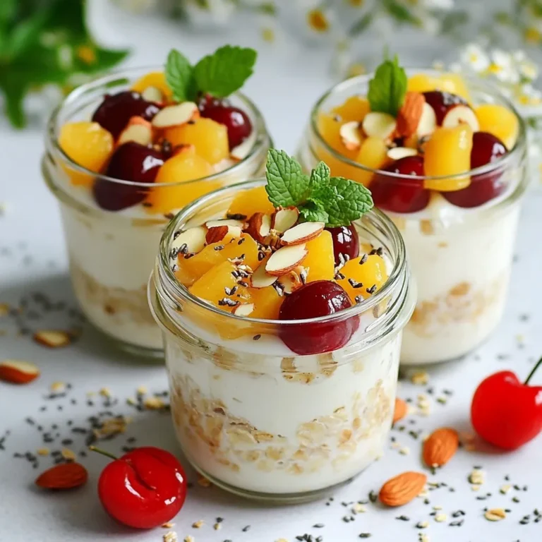 - 1 cup rolled oats - 2 cups almond milk (or alternate milk types) - 1 cup fresh or frozen cherries, pitted and halved - 1/4 cup creamy almond butter - 2 tablespoons chia seeds - 1 tablespoon honey or maple syrup (optional) - 1/2 teaspoon pure vanilla extract - Toppings: sliced almonds and fresh mint leaves These ingredients make Cherry Almond Overnight Oats a tasty and easy meal. The oats provide fiber and energy. Almond milk is a great dairy-free option. Cherries add a sweet and tart taste. Almond butter gives a creamy texture and healthy fat. Chia seeds help thicken the oats and add nutrients. Honey or maple syrup sweetens the dish if you want. Vanilla extract adds a lovely flavor. I love adding sliced almonds and fresh mint for a special touch. The crunch of almonds and the freshness of mint make each bite exciting. You can find these ingredients at most grocery stores. Using fresh ingredients makes this dish even better. Enjoy making this simple and nutritious meal! {{ingredient_image_2}} 1. In a large mixing bowl, combine 1 cup of rolled oats and 2 tablespoons of chia seeds. Stir them well so they mix evenly. 2. Next, pour in 2 cups of almond milk. Then, add 1/4 cup of creamy almond butter. If you want extra sweetness, add 1 tablespoon of honey or maple syrup. Also, include 1/2 teaspoon of pure vanilla extract. Use a whisk to mix until smooth and creamy. 3. Gently fold in 1 cup of fresh or frozen cherries that are pitted and sliced in half. Be careful not to crush the cherries as you mix them in. 1. Spoon the mixture evenly into 2 or 3 jars. Make sure to seal them tightly to keep everything fresh. 2. Place the jars in the refrigerator overnight. This allows the oats to soak up the almond milk and become creamy. 1. In the morning, take the jars out and stir the contents well. If it looks too thick, add a splash of almond milk to get the right texture. 2. Before serving, sprinkle sliced almonds on top. If you like, add fresh mint leaves for a nice touch. Soaking the oats overnight is very important. It lets the oats absorb the almond milk. This makes them soft and creamy. If your oats seem too thick in the morning, just add a bit more almond milk. Stir well to reach your desired texture. You can adjust the sweetness to fit your taste. If you like it sweeter, add a little more honey or maple syrup. If you want alternatives, try using agave syrup or stevia. These can give you a nice sweet flavor without too many calories. To spice things up, consider adding cinnamon or nutmeg. These spices can give your oats extra warmth and depth. You might also try flavored almond milk, like vanilla or chocolate. This adds a fun twist to your overnight oats. Pro Tips Use Fresh Cherries: Fresh cherries will provide the best flavor and texture. If using frozen, be sure to thaw and drain excess moisture before adding. Customize Sweetness: Adjust the sweetness to your liking by varying the amount of honey or maple syrup. Taste the mixture before refrigerating to ensure it's just right. Experiment with Milk: While almond milk is delicious, try other milk alternatives like coconut or oat milk for a different flavor profile. Meal Prep Friendly: Double or triple the recipe for a quick and easy breakfast option throughout the week. Just store in sealed jars for up to 5 days. {{image_4}} You can mix up your cherry almond overnight oats in fun ways. Here are two tasty ideas: - Mixed berry almond oats: Swap cherries for a mix of strawberries, blueberries, and raspberries. This adds a burst of color and flavor. - Chocolate cherry almond oats: Add cocoa powder to the base. This gives a rich chocolate taste that pairs well with cherries. If you have dietary needs, you can still enjoy these oats: - Vegan-friendly options: Use maple syrup for sweetness. Choose almond milk or any plant-based milk you like. - Gluten-free alternatives: Make sure your oats are certified gluten-free. This way, you can enjoy them without worry. You can serve your cherry almond oats in different ways: - Pairing with yogurt or fruit: Top your oats with yogurt or extra fresh fruit. It adds creaminess and makes it more filling. - Transforming into a smoothie bowl: Blend the oats with some almond milk to make a smoothie bowl. Add toppings like granola or nuts for crunch. These variations and suggestions make your cherry almond overnight oats even more exciting! To keep your cherry almond overnight oats fresh, store them in airtight jars. This helps lock in moisture and flavors. Place the jars in the fridge right after making them. They stay good for about 3-5 days. If you want to enjoy them later, make sure you seal them well. If you prefer warm oats, you can heat them up. The best method is to use a microwave. Just take off the lid, place the jar in, and heat in short bursts. Stir between each burst to avoid hot spots. You may need to add a bit of almond milk to get the right texture. You can freeze overnight oats, but keep in mind that the texture may change. To freeze, place the oats in a freezer-safe jar. Leave some space at the top for expansion. When you’re ready to eat, take it out and let it thaw in the fridge overnight. To serve, stir well and enjoy! How long do Cherry Almond Overnight Oats last in the fridge? Cherry Almond Overnight Oats last for about 3 to 5 days in the fridge. Store them in airtight containers. This keeps them fresh and tasty. You can enjoy them throughout the week. Can I use quick oats instead of rolled oats? Yes, you can use quick oats. However, they will absorb liquid faster. This may change the texture. Rolled oats give a creamier result. So, choose based on your preference. What can I use if I don’t have almond butter? If you lack almond butter, peanut butter works well too. You can also try sunflower seed butter. Each option changes the flavor a bit but keeps it tasty. What are the calories in Cherry Almond Overnight Oats? Cherry Almond Overnight Oats have about 300 to 400 calories per serving. This depends on the added ingredients. The oats, almond milk, and nut butter contribute to the total. Are overnight oats healthy? Yes, overnight oats are healthy. They are rich in fiber and protein. Chia seeds add omega-3 fatty acids. The cherries give vitamins and antioxidants. This makes them a great breakfast choice. Can I add protein powder or other supplements? Absolutely! You can add protein powder to boost your oats. Mix it in with the almond milk. This helps you meet your protein needs. What fruits other than cherries work well? Many fruits work well in this recipe. You can try strawberries or blueberries. Bananas add natural sweetness too. Feel free to experiment with your favorites! Cherry Almond Overnight Oats are a tasty, simple meal. We covered the key ingredients and steps to make this delicious dish. I also shared tips for storage and different variations. You can adjust flavors and sweetness to fit your taste. Overall, these oats are a fun and healthy option to enjoy any time. Try them out. You’ll love how easy and customizable they are!