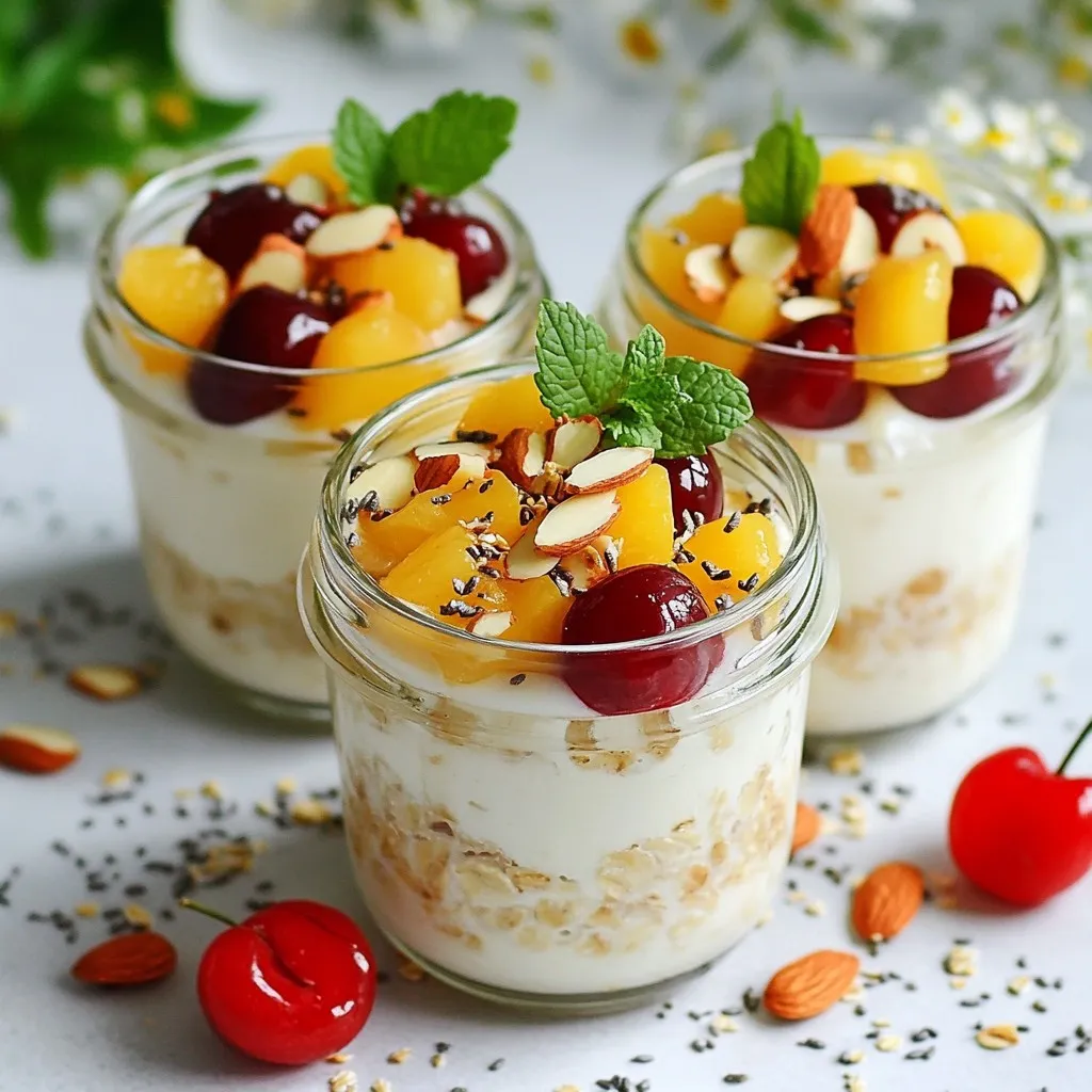 - 1 cup rolled oats - 2 cups almond milk (or alternate milk types) - 1 cup fresh or frozen cherries, pitted and halved - 1/4 cup creamy almond butter - 2 tablespoons chia seeds - 1 tablespoon honey or maple syrup (optional) - 1/2 teaspoon pure vanilla extract - Toppings: sliced almonds and fresh mint leaves These ingredients make Cherry Almond Overnight Oats a tasty and easy meal. The oats provide fiber and energy. Almond milk is a great dairy-free option. Cherries add a sweet and tart taste. Almond butter gives a creamy texture and healthy fat. Chia seeds help thicken the oats and add nutrients. Honey or maple syrup sweetens the dish if you want. Vanilla extract adds a lovely flavor. I love adding sliced almonds and fresh mint for a special touch. The crunch of almonds and the freshness of mint make each bite exciting. You can find these ingredients at most grocery stores. Using fresh ingredients makes this dish even better. Enjoy making this simple and nutritious meal! {{ingredient_image_2}} 1. In a large mixing bowl, combine 1 cup of rolled oats and 2 tablespoons of chia seeds. Stir them well so they mix evenly. 2. Next, pour in 2 cups of almond milk. Then, add 1/4 cup of creamy almond butter. If you want extra sweetness, add 1 tablespoon of honey or maple syrup. Also, include 1/2 teaspoon of pure vanilla extract. Use a whisk to mix until smooth and creamy. 3. Gently fold in 1 cup of fresh or frozen cherries that are pitted and sliced in half. Be careful not to crush the cherries as you mix them in. 1. Spoon the mixture evenly into 2 or 3 jars. Make sure to seal them tightly to keep everything fresh. 2. Place the jars in the refrigerator overnight. This allows the oats to soak up the almond milk and become creamy. 1. In the morning, take the jars out and stir the contents well. If it looks too thick, add a splash of almond milk to get the right texture. 2. Before serving, sprinkle sliced almonds on top. If you like, add fresh mint leaves for a nice touch. Soaking the oats overnight is very important. It lets the oats absorb the almond milk. This makes them soft and creamy. If your oats seem too thick in the morning, just add a bit more almond milk. Stir well to reach your desired texture. You can adjust the sweetness to fit your taste. If you like it sweeter, add a little more honey or maple syrup. If you want alternatives, try using agave syrup or stevia. These can give you a nice sweet flavor without too many calories. To spice things up, consider adding cinnamon or nutmeg. These spices can give your oats extra warmth and depth. You might also try flavored almond milk, like vanilla or chocolate. This adds a fun twist to your overnight oats. Pro Tips Use Fresh Cherries: Fresh cherries will provide the best flavor and texture. If using frozen, be sure to thaw and drain excess moisture before adding. Customize Sweetness: Adjust the sweetness to your liking by varying the amount of honey or maple syrup. Taste the mixture before refrigerating to ensure it's just right. Experiment with Milk: While almond milk is delicious, try other milk alternatives like coconut or oat milk for a different flavor profile. Meal Prep Friendly: Double or triple the recipe for a quick and easy breakfast option throughout the week. Just store in sealed jars for up to 5 days. {{image_4}} You can mix up your cherry almond overnight oats in fun ways. Here are two tasty ideas: - Mixed berry almond oats: Swap cherries for a mix of strawberries, blueberries, and raspberries. This adds a burst of color and flavor. - Chocolate cherry almond oats: Add cocoa powder to the base. This gives a rich chocolate taste that pairs well with cherries. If you have dietary needs, you can still enjoy these oats: - Vegan-friendly options: Use maple syrup for sweetness. Choose almond milk or any plant-based milk you like. - Gluten-free alternatives: Make sure your oats are certified gluten-free. This way, you can enjoy them without worry. You can serve your cherry almond oats in different ways: - Pairing with yogurt or fruit: Top your oats with yogurt or extra fresh fruit. It adds creaminess and makes it more filling. - Transforming into a smoothie bowl: Blend the oats with some almond milk to make a smoothie bowl. Add toppings like granola or nuts for crunch. These variations and suggestions make your cherry almond overnight oats even more exciting! To keep your cherry almond overnight oats fresh, store them in airtight jars. This helps lock in moisture and flavors. Place the jars in the fridge right after making them. They stay good for about 3-5 days. If you want to enjoy them later, make sure you seal them well. If you prefer warm oats, you can heat them up. The best method is to use a microwave. Just take off the lid, place the jar in, and heat in short bursts. Stir between each burst to avoid hot spots. You may need to add a bit of almond milk to get the right texture. You can freeze overnight oats, but keep in mind that the texture may change. To freeze, place the oats in a freezer-safe jar. Leave some space at the top for expansion. When you’re ready to eat, take it out and let it thaw in the fridge overnight. To serve, stir well and enjoy! How long do Cherry Almond Overnight Oats last in the fridge? Cherry Almond Overnight Oats last for about 3 to 5 days in the fridge. Store them in airtight containers. This keeps them fresh and tasty. You can enjoy them throughout the week. Can I use quick oats instead of rolled oats? Yes, you can use quick oats. However, they will absorb liquid faster. This may change the texture. Rolled oats give a creamier result. So, choose based on your preference. What can I use if I don’t have almond butter? If you lack almond butter, peanut butter works well too. You can also try sunflower seed butter. Each option changes the flavor a bit but keeps it tasty. What are the calories in Cherry Almond Overnight Oats? Cherry Almond Overnight Oats have about 300 to 400 calories per serving. This depends on the added ingredients. The oats, almond milk, and nut butter contribute to the total. Are overnight oats healthy? Yes, overnight oats are healthy. They are rich in fiber and protein. Chia seeds add omega-3 fatty acids. The cherries give vitamins and antioxidants. This makes them a great breakfast choice. Can I add protein powder or other supplements? Absolutely! You can add protein powder to boost your oats. Mix it in with the almond milk. This helps you meet your protein needs. What fruits other than cherries work well? Many fruits work well in this recipe. You can try strawberries or blueberries. Bananas add natural sweetness too. Feel free to experiment with your favorites! Cherry Almond Overnight Oats are a tasty, simple meal. We covered the key ingredients and steps to make this delicious dish. I also shared tips for storage and different variations. You can adjust flavors and sweetness to fit your taste. Overall, these oats are a fun and healthy option to enjoy any time. Try them out. You’ll love how easy and customizable they are!