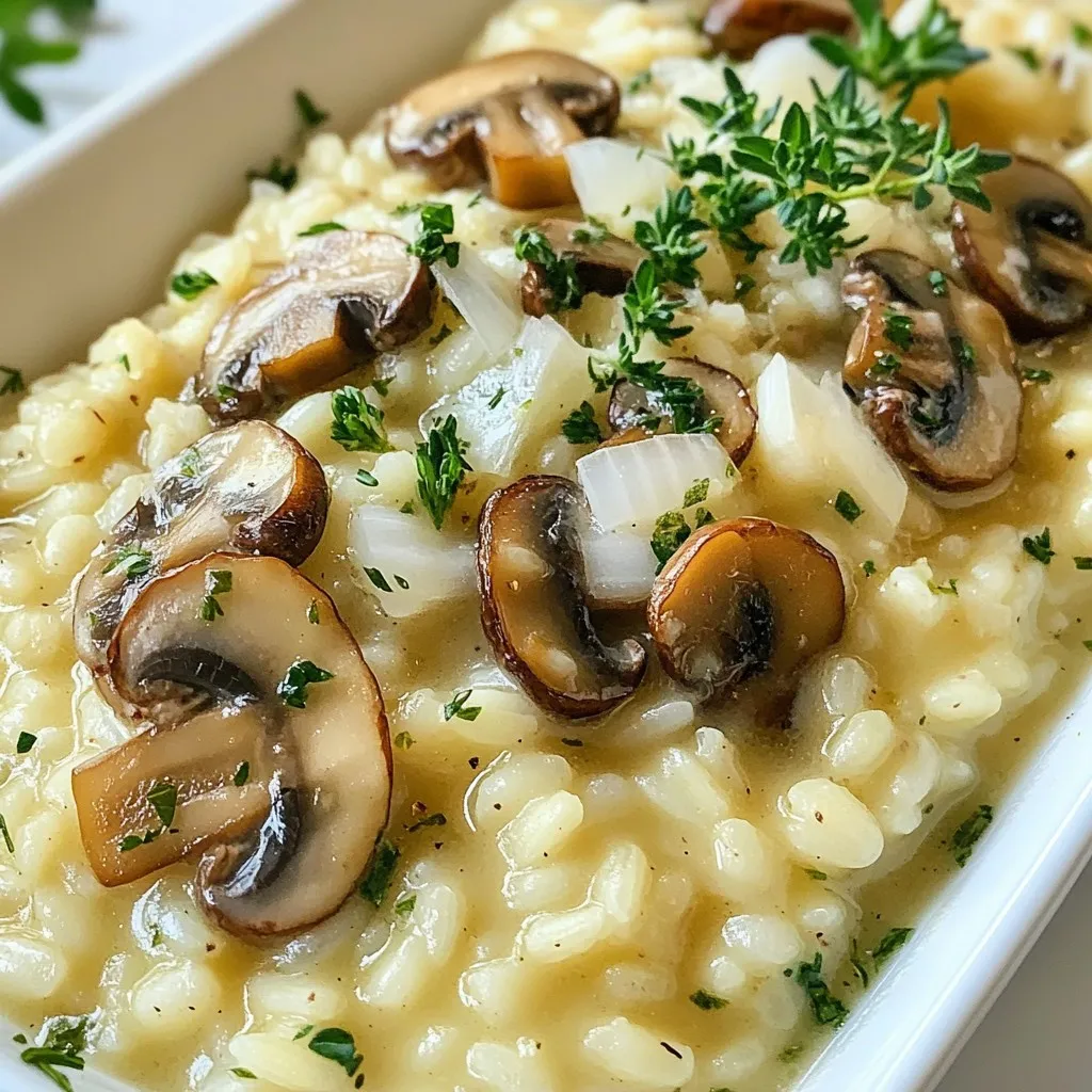 To make a delicious Garlic Butter Mushroom Risotto, you will need the following ingredients: - 1 cup Arborio rice - 4 cups vegetable or chicken broth - 2 tablespoons unsalted butter - 4 cloves garlic, minced - 1 cup cremini mushrooms, sliced - 1 small onion, finely chopped - 1/2 cup grated Parmesan cheese - 1/4 cup heavy cream - 1 tablespoon fresh thyme leaves - Salt and pepper to taste - Fresh parsley for garnish These ingredients come together to create a rich and creamy dish. Arborio rice is key here. It absorbs liquid well and gives that creamy texture we love in risotto. The broth adds depth, so choose a good quality one. Butter and garlic work magic in this dish. They form a flavorful base. Don’t skip the onion. It adds sweetness that balances the dish. Sliced cremini mushrooms bring an earthy taste and add texture. Parmesan cheese and heavy cream enhance creaminess. They make the risotto smooth and rich. Fresh thyme gives a hint of freshness, while parsley adds color and a pop of flavor when you serve it. Gather these ingredients, and you’re ready to cook a lovely meal! {{ingredient_image_2}} - Warm the broth in a saucepan: Pour 4 cups of vegetable or chicken broth into a medium saucepan. Heat it on low. Keep it warm but do not let it boil. This step helps the rice cook well. - Sauté onions and garlic in butter: In a large skillet, melt 2 tablespoons of unsalted butter over medium heat. Add 1 small finely chopped onion and 4 minced garlic cloves. Sauté for about 3-4 minutes. The onions should be soft, and the garlic should smell great. - Cook sliced mushrooms until golden brown: Add 1 cup of sliced cremini mushrooms to the skillet. Cook for about 5-6 minutes. Stir occasionally until the mushrooms are tender and golden brown. Season with salt and pepper to boost the flavor. - Toast Arborio rice in the mushroom mixture: Pour in 1 cup of Arborio rice. Stir the rice for 2-3 minutes. Make sure each grain gets coated in that tasty butter and mushroom mix. - Gradually add broth and stir: Start adding the warm broth one ladle at a time. Stir the rice often. This helps the rice absorb the broth. Keep adding broth until the rice is creamy and cooked al dente. This should take around 18-20 minutes. - Incorporate cheese and cream for creaminess: Once the rice is done, stir in 1/2 cup of grated Parmesan cheese, 1/4 cup of heavy cream, and 1 tablespoon of fresh thyme leaves. Taste and add more salt or pepper if needed. To make the best risotto, stir constantly. This helps release starch from the rice. The starch makes the dish creamy. You should also add broth slowly. Start with one ladle at a time. Wait for the rice to absorb the liquid before adding more. This method creates the perfect texture. Try adding fresh herbs like basil or rosemary for extra flavor. You can also use spices like black pepper or paprika. If you want to change the cheese, consider using feta or goat cheese. Each cheese gives a unique taste. Serve risotto in wide, shallow bowls for a nice look. A drizzle of olive oil on top adds shine. Garnish with fresh parsley for color. You can even add a sprinkle of extra cheese for flair. This makes your meal look as good as it tastes! Pro Tips Use Quality Broth: The flavor of your risotto largely depends on the quality of the broth you use. Opt for homemade or high-quality store-bought broth for the best taste. Consistent Stirring: Stirring the risotto frequently helps release the starch from the rice, which is crucial for achieving that creamy texture. Don't skip this step! Add Broth Gradually: By adding the broth one ladle at a time, you allow the rice to absorb the liquid properly, ensuring even cooking and a perfect consistency. Rest Before Serving: Letting the risotto sit for a couple of minutes off the heat allows the flavors to meld beautifully, enhancing the overall dish. {{image_4}} You can change the mushroom mix to suit your taste. Try shiitake, portobello, or oyster mushrooms for new flavors. Each type adds its unique taste and texture. You can also add seasonal vegetables. Peas, asparagus, or spinach work well. They add color and nutrients to your dish. If you want a vegan risotto, swap the butter with olive oil. Use nutritional yeast instead of Parmesan cheese for a cheesy flavor. For gluten-free needs, ensure your broth is gluten-free. Arborio rice is naturally gluten-free, so you’re already set on that! Adding different cheeses can really change the taste. Try goat cheese or feta for a tangy twist. You can also add proteins like chicken or shrimp. Cook them separately and mix them in for a heartier meal. This way, you can make your risotto even more filling. To store leftover risotto, let it cool first. Place it in an airtight container. This method keeps it fresh. Garlic butter mushroom risotto lasts up to three days in the fridge. Reheat risotto gently to maintain creaminess. Add a splash of broth or cream while warming. This adds moisture back in. You can use the stovetop or microwave. Stir often to heat it evenly. To freeze risotto, cool it down completely. Portion it into freezer-safe bags or containers. Remove excess air before sealing. This keeps it fresh for up to three months. To use, thaw in the fridge overnight and reheat. It takes about 35 minutes to make Garlic Butter Mushroom Risotto. This includes 10 minutes to prepare and 25 minutes to cook. The time spent is worth it for the creamy flavor. You can use regular rice, but it won’t be the same. Arborio rice is special because it has a high starch content. This helps create the creamy texture we love in risotto. If you need a substitute for Parmesan cheese, try nutritional yeast for a vegan option. You can also use Pecorino Romano for a different taste. Both options can work well in this dish. Yes, you can make risotto ahead of time. Cook it until just al dente, then cool it quickly. Store it in the fridge for up to two days. When you reheat, add a bit of broth to bring back the creaminess. If your risotto is overcooked, try adding a little more broth or cream. Stir it gently to mix. This can help loosen the texture and make it more pleasant to eat. This blog post covered how to make a rich Garlic Butter Mushroom Risotto. I shared ingredients, step-by-step instructions, and valuable cooking tips. You learned how to create creamy risotto and add your favorite flavors. Remember, stirring often helps achieve that perfect texture. Feel free to try different mushrooms or even substitute for dietary needs. Enjoy your risotto journey and expand your culinary skills with each dish you make. Happy cooking!