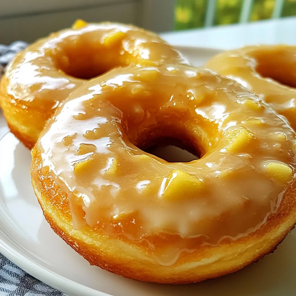 - 2 cups all-purpose flour - 1 cup apple cider - 1/2 cup brown sugar, packed firmly - 1/4 cup granulated sugar - 2 teaspoons baking powder - 1 teaspoon baking soda - 1 teaspoon ground cinnamon - 1/2 teaspoon ground nutmeg - 1/2 teaspoon salt - 2 large eggs, at room temperature - 1/4 cup unsalted butter, melted and cooled slightly - 1 teaspoon pure vanilla extract - 1/2 cup finely chopped apples - 1 cup maple syrup (for glaze) - 1 cup powdered sugar (for glaze) Gather these ingredients before you start. Each one plays a key role in making your donuts taste great. The apple cider adds moisture and flavor. The brown sugar makes them sweet and rich. The spices bring warmth and depth to each bite. You can even use local apples for a fresh twist! Measuring accurately is important. Use dry measuring cups for flour and sugar. For liquids, use a liquid measuring cup. This ensures that your donuts turn out just right. Enjoy the process! It's fun to create something delicious. {{ingredient_image_2}} - Preheat your oven to 350°F (175°C). - Lightly grease a donut pan. This helps the donuts come out easily. - In a large bowl, combine: - 2 cups all-purpose flour - 1/2 cup brown sugar, packed firmly - 1/4 cup granulated sugar - 2 teaspoons baking powder - 1 teaspoon baking soda - 1 teaspoon ground cinnamon - 1/2 teaspoon ground nutmeg - 1/2 teaspoon salt - Whisk the dry ingredients together. Make sure there are no lumps. - In another bowl, whisk together: - 1 cup apple cider - 2 large eggs, at room temperature - 1/4 cup unsalted butter, melted and cooled slightly - 1 teaspoon pure vanilla extract - Mix until fully combined and slightly frothy. - Pour the wet mixture into the dry mix. - Stir gently with a spatula until just combined. A few small lumps are okay. - Fold in 1/2 cup finely chopped apples. Ensure they are evenly mixed. - Using a piping bag or spoon, fill each donut mold halfway with batter. - This helps the donuts rise nicely while baking. - Place the donut pan in the oven. Bake for 10-12 minutes. - Check with a toothpick; it should come out clean. - Once baked, cool the donuts for 5 minutes in the pan. - Transfer them to a wire rack to cool completely. - While cooling, prepare the maple glaze with: - 1 cup maple syrup - 1 cup powdered sugar - Whisk until smooth. - Once cooled, dip the tops of each donut into the glaze. - Let any excess glaze drip off before placing them back on the rack. - Avoid overmixing the batter. Mixing too much can make your donuts tough. - Ensure the apples are evenly distributed. This helps every bite pack a fruity punch. - Use freshly grated nutmeg for a stronger flavor. This adds warmth and depth. - Experiment with different apple varieties. Sweet apples like Fuji work great, while tart ones like Granny Smith add a fun twist. - Achieve the right consistency for the glaze. It should be thick enough to coat but still smooth. - Allow glaze to set for the best presentation. This makes your donuts look professional and inviting. Pro Tips Use Fresh Apples: For the best flavor and texture, use fresh, crisp apples. Varieties like Honeycrisp or Granny Smith work wonderfully in these donuts. Don’t Overmix: When combining wet and dry ingredients, mix until just combined. Overmixing can lead to dense donuts. Cool Before Glazing: Allow the donuts to cool completely before dipping them in the glaze. This helps the glaze adhere better and prevents it from melting off. Customize Your Glaze: Feel free to add a pinch of cinnamon or vanilla extract to the glaze for an extra layer of flavor. {{image_4}} You can switch apple cider for apple juice. This change makes the donuts taste sweeter. The texture stays soft and fluffy. Using apple juice is great if you want a milder flavor. Just make sure to use the same amount. Spice up your glaze by adding cinnamon or nutmeg. A little pinch can change the taste. Both spices add warmth and depth. You can try one or mix both for a unique flavor. Adjust the amount based on your taste. Get creative with toppings! You can roll the donuts in chopped nuts. This adds a nice crunch. Sprinkling them with cinnamon sugar is also a fun option. It gives an extra layer of sweetness. Feel free to mix and match toppings for fun flavors. To store your maple glazed apple donuts at room temperature, place them in an airtight container. This keeps them fresh and moist. Make sure they cool completely before sealing. They can last for up to three days this way. If you live in a humid area, you might want to eat them sooner to enjoy their best taste. For long-term storage, freezing is a great option. Start by letting the donuts cool fully. Then, wrap each donut tightly in plastic wrap. Place the wrapped donuts in a freezer-safe bag or container. They can remain frozen for about three months. For the glaze, you can store it in a separate airtight container in the fridge for up to two weeks. When ready to serve, thaw the donuts in the fridge overnight. To warm up your maple glazed apple donuts, preheat your oven to 350°F (175°C). Place the donuts on a baking sheet for about 5-7 minutes. This helps restore their soft texture. You can also use a microwave. Heat each donut for about 10-15 seconds. Just be careful not to overheat, as they can become tough. Enjoy them warm for the best flavor! To make maple glazed apple donuts, follow these steps: 1. Preheat your oven to 350°F (175°C). Grease your donut pan. 2. In a bowl, mix 2 cups of all-purpose flour, 1/2 cup brown sugar, 1/4 cup granulated sugar, 2 teaspoons baking powder, 1 teaspoon baking soda, 1 teaspoon cinnamon, 1/2 teaspoon nutmeg, and 1/2 teaspoon salt. 3. In another bowl, whisk 1 cup of apple cider, 2 eggs, 1/4 cup melted butter, and 1 teaspoon vanilla. 4. Add the wet mix to the dry mix. Stir gently until combined. 5. Fold in 1/2 cup finely chopped apples. 6. Fill each donut mold halfway with batter. 7. Bake for 10-12 minutes. 8. Cool on a wire rack. 9. Make the glaze with 1 cup maple syrup and 1 cup powdered sugar. 10. Dip the tops of the donuts in the glaze. Yes, you can use whole wheat flour. It will change the texture and flavor. Whole wheat flour makes the donuts denser and adds a nutty taste. You might need to adjust the liquid slightly for the right texture. These donuts last about 2-3 days at room temperature. Keep them in an airtight container. For longer freshness, you can freeze them. Wrap each donut in plastic wrap and store in a freezer bag. Yes, you can bake these donuts without apples. Try adding mashed bananas or pumpkin for a different flavor. You can also use spices like ginger or cloves for a unique twist. Local bakeries often have fresh donuts. Look for bakeries that specialize in donuts or pastries. You can also check online for delivery options. Websites like Yelp and Google Maps can help you find highly-rated places nearby. Making maple glazed apple donuts is simple and fun. You start with fresh ingredients like flour, apples, and spices. Then you follow easy steps from mixing to baking. Tips help you get the texture just right, and variations let you add your touch. Store them well, and you can enjoy fresh donuts for days. Remember, small changes can lead to big flavors. Enjoy your baking adventure!