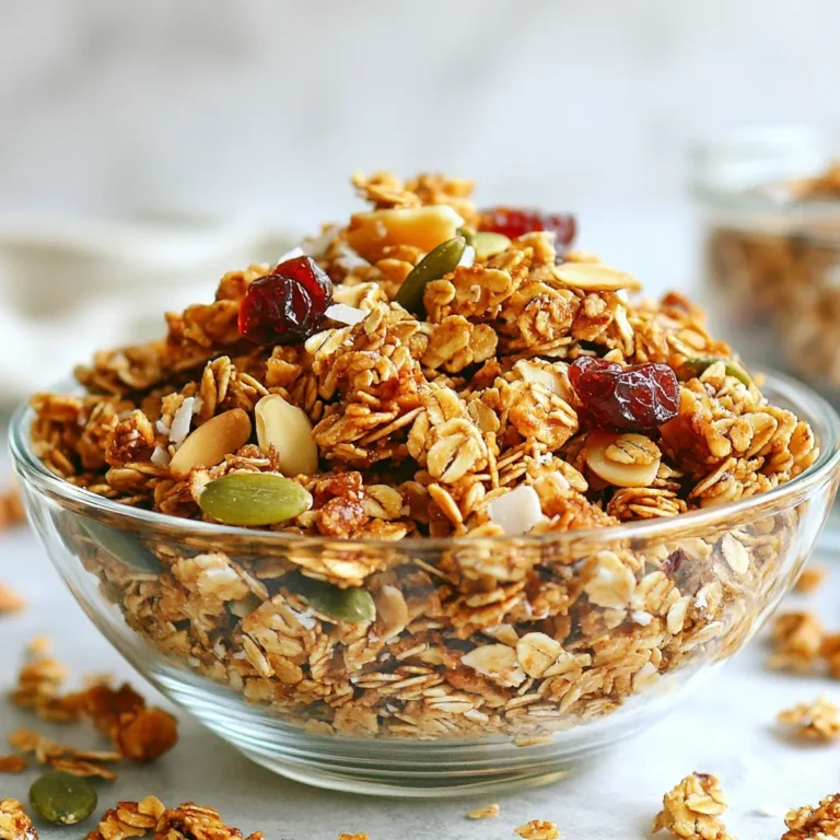 You need these simple items to make almond maple granola clusters: - 2 cups rolled oats - 1 cup raw almonds, coarsely chopped - 1/2 cup pumpkin seeds - 1/2 cup unsweetened shredded coconut - 1/2 cup pure maple syrup - 1/4 cup coconut oil, melted - 1 teaspoon pure vanilla extract - 1/2 teaspoon ground cinnamon - 1/4 teaspoon sea salt - 1/2 cup dried cranberries or raisins (optional) Each ingredient packs a punch of nutrition. - Rolled oats provide fiber, which helps digestion. They keep you full longer. - Almonds offer healthy fats and protein, boosting heart health. - Pumpkin seeds are rich in zinc and magnesium, supporting your immune system. - Coconut adds healthy fats and may help improve cholesterol levels. - Maple syrup is a natural sweetener with antioxidants, better than refined sugar. - Coconut oil can boost brain function and provide energy. - Vanilla extract adds flavor and may help reduce stress. - Cinnamon can lower blood sugar levels and has anti-inflammatory properties. - Sea salt balances electrolytes, important for hydration. - Dried cranberries or raisins add natural sweetness and vitamins. Choosing good ingredients makes a big difference. - Look for rolled oats that are whole grain for more fiber. - Choose raw almonds over roasted for better health benefits. - For pumpkin seeds, buy unsalted and raw for pure nutrition. - Select unsweetened coconut to avoid added sugars. - Use pure maple syrup instead of imitation for better flavor and nutrients. - Make sure to buy virgin coconut oil for its health properties. - Always pick fresh spices like cinnamon, as they lose flavor over time. - If using dried fruit, look for unsweetened options to keep it healthy. These tips help you create tasty, healthy almond maple granola clusters. Enjoy making this delicious snack! {{ingredient_image_2}} First, preheat your oven to 325°F (160°C). This step is key to getting the right crunch. Next, line a baking sheet with parchment paper. This makes it easy to lift the granola off later. In a large bowl, mix together the rolled oats, coarsely chopped almonds, pumpkin seeds, shredded coconut, ground cinnamon, and sea salt. Stir well so everything is evenly combined. This helps each bite taste great. In another bowl, whisk the melted coconut oil, pure maple syrup, and pure vanilla extract. Make sure there are no lumps. A smooth mixture blends better with the dry ingredients. Pour the wet mixture over the dry ingredients. Use a spatula to mix until every piece is coated. Next, spoon the mixture onto your baking sheet. Spread it out evenly and press down firmly. This helps form those tasty clusters. Bake the granola for 25-30 minutes. Stir it halfway through to prevent burning. Keep an eye on it so it gets golden brown but not too dark. Once it’s done, let it cool completely on the baking sheet. This cooling helps it cluster together nicely. After cooling, you can mix in dried cranberries or raisins if you want a fruity touch. This step adds extra flavor and fun to your snack. To make great granola clusters, follow these steps: - Use fresh ingredients. Fresh oats and nuts add flavor. - Mix dry and wet well. Ensure all dry ingredients coat evenly with the wet mix. - Press firmly. When spreading on the baking sheet, press down to form tight clusters. - Watch the timer. Bake until golden brown, but don’t let it burn. Here are some common pitfalls and how to avoid them: - Skipping the oil. Coconut oil helps bind and adds crispness. - Not stirring. Stir halfway through baking for even coloring. - Overbaking. Check often to prevent burning. Granola continues to cook after removing from the oven. For crunchy granola clusters, try these tips: - Use rolled oats. They create a better texture than quick oats. - Add seeds. Pumpkin seeds add crunch and nutrition. - Cool completely. Let the granola cool on the baking sheet to harden. - Store properly. Keep in an airtight container to maintain crunchiness. Pro Tips Use Fresh Ingredients: Always opt for fresh and high-quality ingredients, especially the nuts and seeds, to enhance the flavor and nutritional value of your granola. Customize Your Clusters: Feel free to add other nuts, seeds, or dried fruits according to your taste preferences. Just make sure the total volume remains consistent. Store Properly: Keep your granola clusters in an airtight container to maintain freshness. They can last for up to two weeks when stored correctly. Experiment with Sweetness: Adjust the amount of maple syrup to suit your sweetness preference. You can also try adding a touch of honey or agave syrup for variety. {{image_4}} You can swap some ingredients in this recipe to fit your taste. If you don’t have almonds, use walnuts or pecans instead. For pumpkin seeds, sunflower seeds work well too. Don't have coconut oil? Try olive oil or melted butter. If you need a gluten-free option, choose gluten-free oats. You can play with flavors to create your perfect granola. Add a pinch of nutmeg for a warm spice. If you love chocolate, toss in some cocoa powder or dark chocolate chips. For a tropical twist, add dried pineapple or mango. The combinations are endless! Feel free to mix in your favorite add-ins. Consider adding chia seeds or flaxseeds for extra nutrition. You can also fold in some mini chocolate chips or nut butter after baking for a richer flavor. Don’t forget to mix in your favorite dried fruits too. To keep your almond maple granola clusters fresh, use an airtight container. Glass jars work well. Store it in a cool, dry place, away from direct sunlight. This helps maintain crunchiness and flavor. When stored properly, your granola clusters can last up to two weeks. They may lose some crunch over time, but they will still taste great. If you want them to last longer, you can freeze them. In the freezer, they can last for about three months. If your granola clusters get soft, you can refresh them. Preheat your oven to 300°F (150°C). Spread the clusters on a baking sheet. Bake for about five to ten minutes. This will help restore their crunch. Let them cool before enjoying again. Yes, you can make this recipe nut-free. Simply replace the almonds with more pumpkin seeds or sunflower seeds. This keeps the crunch while making it safe for those with nut allergies. To make this granola vegan, ensure you use only plant-based ingredients. The maple syrup and coconut oil are already vegan. Just skip any optional honey or dairy ingredients. This way, you get a tasty vegan snack! You can enjoy these granola clusters with yogurt, milk, or even as a topping for smoothie bowls. They also taste great on their own as a snack. Feel free to get creative! Yes, you can use other sweeteners. Honey or agave syrup are good swaps. Just remember that the flavor may change a bit. Each sweetener adds its unique taste to the granola. Homemade granola is often healthier. You control the ingredients, so you can avoid added sugars and preservatives. Plus, you can add ingredients that suit your taste and dietary needs. Making granola at home is a great way to eat better! In summary, we explored the key ingredients for granola clusters and their health benefits. You learned how to select quality ingredients and followed detailed steps to create delicious clusters. I shared tips to perfect your granola, avoid common mistakes, and customize flavors to your liking. Remember, proper storage keeps your granola fresh longer. Homemade granola offers healthier options compared to store-bought. Enjoy making your granola clusters and sharing them with friends and family!