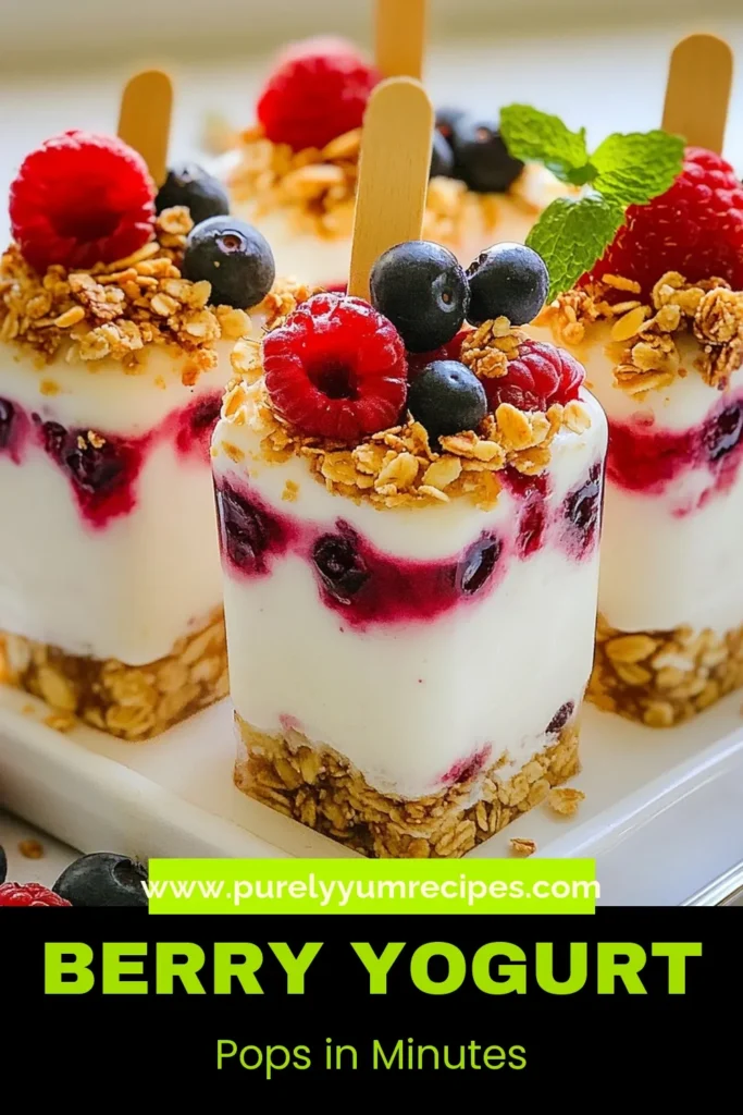 Indulge in these delicious Berry Yogurt Parfait Pops, a frozen berry dessert that's blissfully healthy! Made with creamy Greek yogurt, fresh berries, and a delightful granola yogurt layer, this healthy popsicle recipe is perfect for summer treats or a quick snack. Easy to make and beautifully layered, these pops are sure to impress. Grab your ingredients and start blending today! Don’t forget to save this recipe! #BerryYogurtPops #HealthyPopsicle #FrozenDessert #GreekYogurtParfait