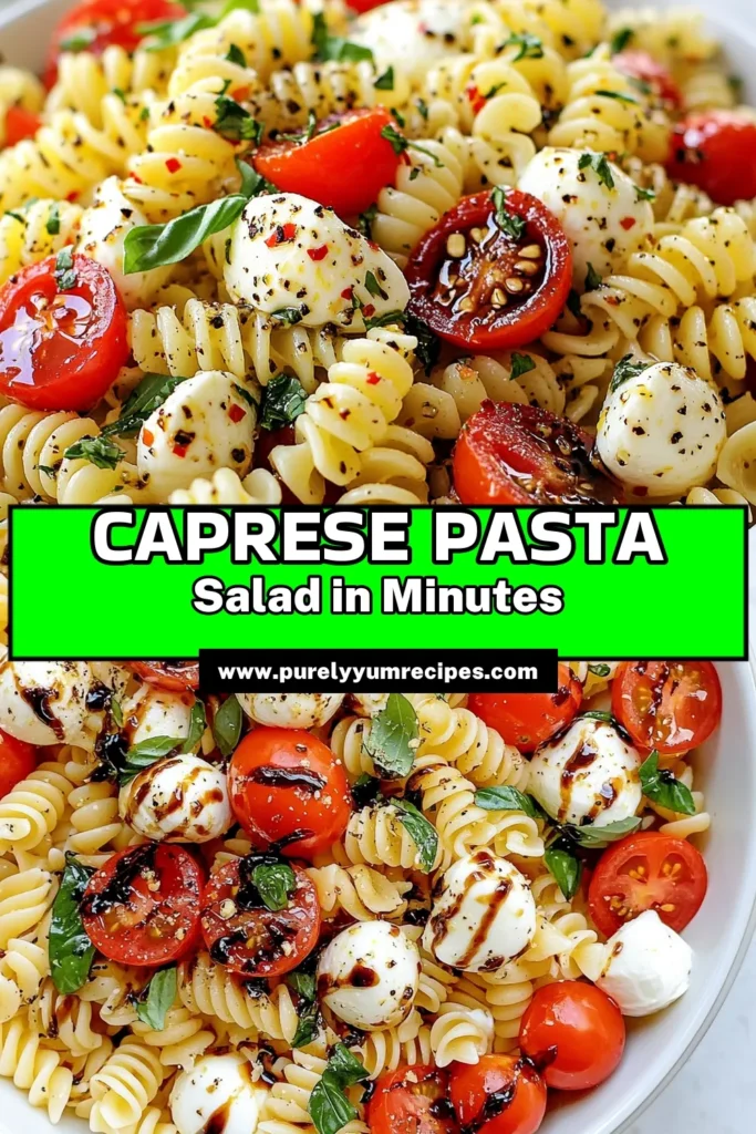 Looking for a refreshing dish? Try this Caprese pasta salad recipe! It's an easy pasta salad with mozzarella, cherry tomatoes, and fresh basil, drizzled with balsamic glaze. Perfect for summer gatherings or meal prep, this fresh basil pasta dish is packed with flavor. In just 30 minutes, you can enjoy a delightful balsamic glaze salad that everyone will love. Click to save this delicious recipe! #CapresePastaSalad #EasyPastaSalad #CherryTomatoSalad #FreshBasilDish
