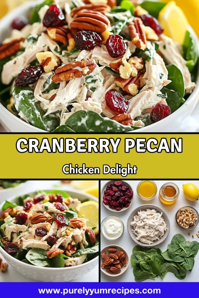 Discover the perfect blend of flavors in this Cranberry Pecan Chicken Salad! This healthy chicken salad recipe combines tender chicken with fresh spinach, juicy cranberries, and crunchy pecans, making it an easy chicken salad with nuts that's both nutritious and delicious. Elevate your meal prep with this Greek yogurt chicken salad that's quick to make. Save it now and impress your family with a delightful spinach and chicken salad! #HealthyRecipes #ChickenSalad #MealPrep #SaladIdeas