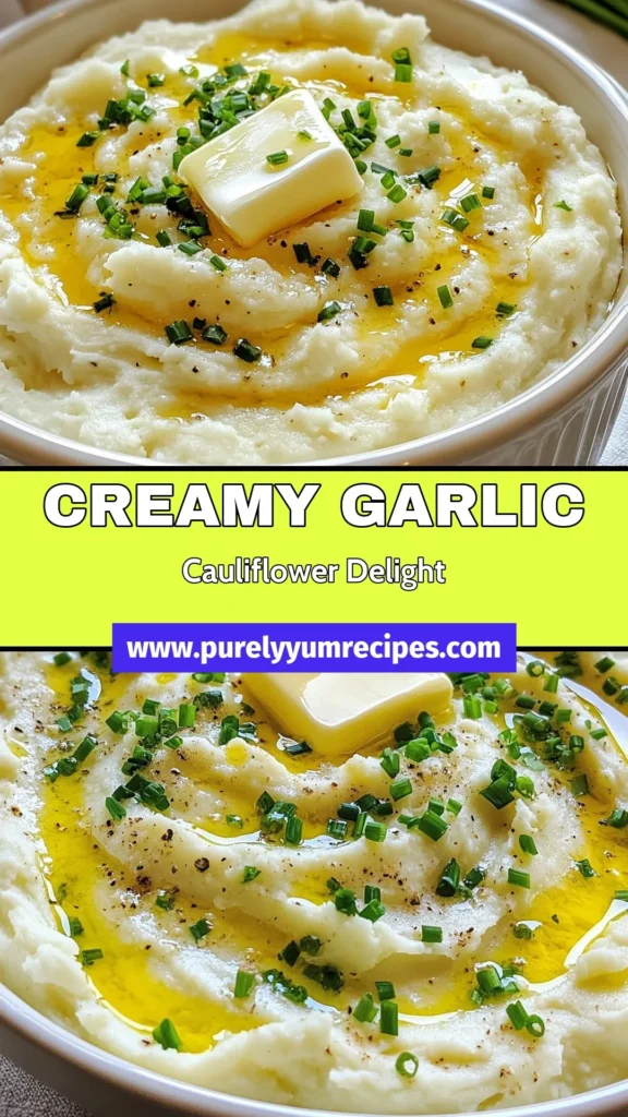 Indulge in this creamy garlic mashed cauliflower recipe that's perfect for your low-carb lifestyle! This dairy-free mashed cauliflower is a delightful alternative to traditional mashed potatoes. Learn how to make velvety smooth garlic mashed cauliflower with simple ingredients. Perfect as a side dish, it's a must-try in your cauliflower recipes collection. Save this recipe for your next meal! #LowCarbRecipes #CauliflowerRecipes #DairyFree #HealthyEating
