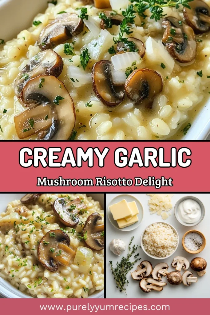 Discover the ultimate Garlic Butter Mushroom Risotto recipe that brings creamy indulgence to your table. This easy risotto with garlic combines the rich flavors of Arborio rice, sautéed cremini mushrooms, and Parmesan for a delightful dish. Perfect for any occasion, this creamy mushroom risotto is sure to impress. Save this easy Arborio rice recipe for a delicious dinner idea and elevate your cooking! #GarlicButterMushroomRisotto #RisottoRecipe #MushroomRisotto #ItalianCooking