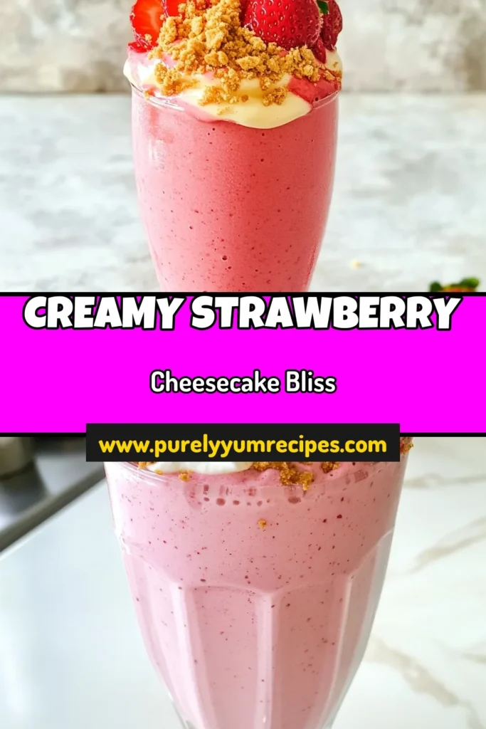 Indulge in this delicious strawberry cheesecake smoothie, the ultimate easy smoothie recipe for summer! Made with fresh strawberries, creamy cheesecake flavors, and a hint of sweetness, this healthy strawberry smoothie is perfect for a refreshing treat. Blend up this creamy cheesecake smoothie in just 10 minutes, and enjoy a refreshing summer drink that everyone will love. Save this recipe for your warm days! #StrawberryCheesecakeSmoothie #SmoothieRecipes #HealthySmoothie #SummerDrinks