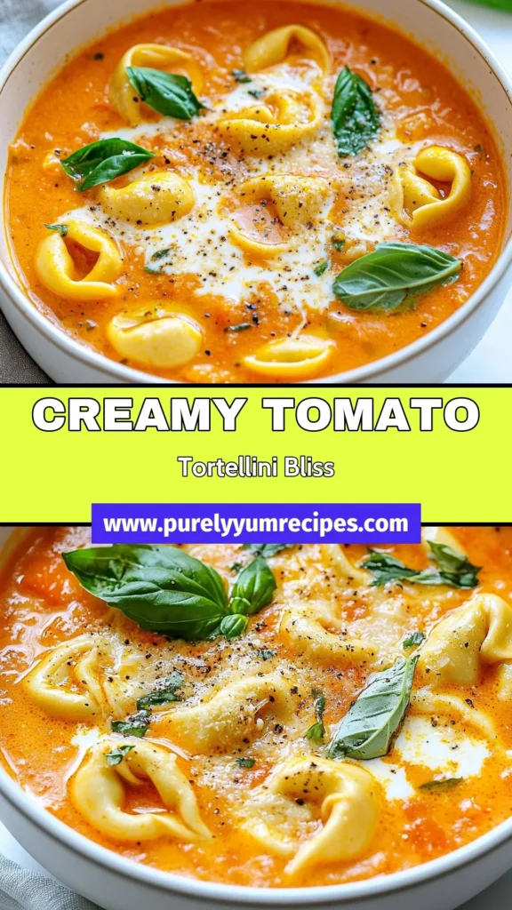 Indulge in this creamy tomato tortellini soup that’s perfect for a cozy dinner! This easy tortellini recipe combines flavorful crushed tomatoes, tender cheese tortellini, and a luscious creamy finish. It's a delightful vegetarian tomato soup that’s quick to prepare, making it an ideal choice for busy weeknights. Ready in just 30 minutes, impress your family tonight! Save this creamy pasta soup for your next meal! #CreamyTomatoTortelliniSoup #EasyTortelliniRecipes #VegetarianTomatoSoup #QuickDinnerIdeas