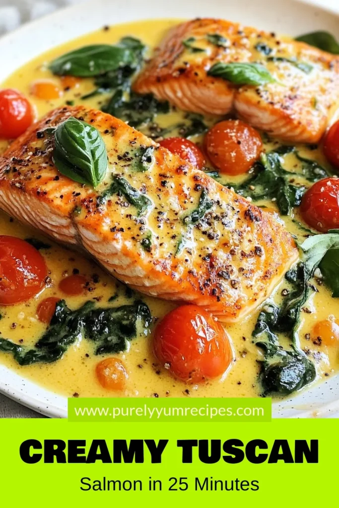 Indulge in this Creamy Tuscan Salmon recipe, a perfect blend of flavors! With tender salmon fillets coated in a rich parmesan creamy sauce, it's one of the easiest salmon dishes you'll make. Enjoy the bright notes of lemon garlic salmon paired with sautéed spinach and cherry tomatoes. Ready in just 25 minutes, this dish is sure to impress. Save this Tuscan salmon recipe for your next meal! #CreamyTuscanSalmon #EasySalmonDishes #ParmesanCreamySalmon #LemonGarlicSalmon