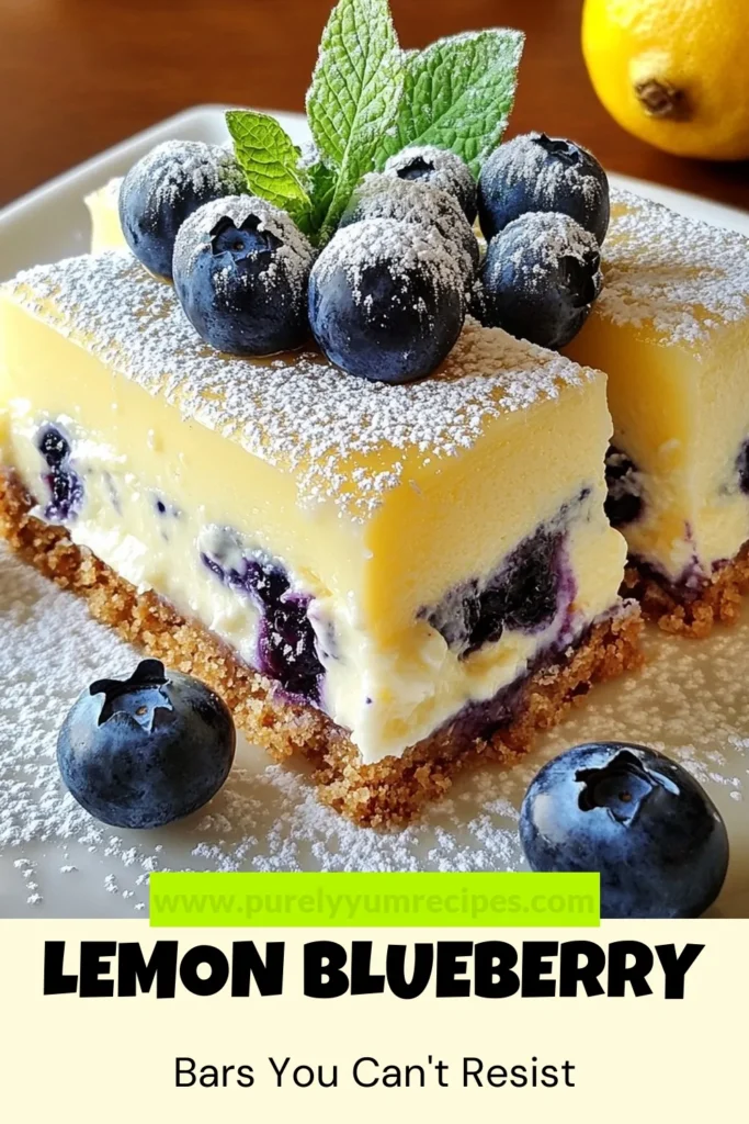 Indulge in these delicious lemon blueberry cheesecake bars! Perfect for gatherings, this easy cheesecake recipe features a creamy filling on a graham cracker crust, combined with fresh blueberries and a hint of lemon. Ideal for summer desserts or any occasion, these no-bake cheesecake bars are sure to impress. Try this refreshing lemon cheesecake with graham cracker crust today and elevate your dessert game! Save this recipe! #LemonBlueberryCheesecakeBars #DessertBarsWithBlueberries #NoBakeCheesecakeBars #EasyCheesecakeRecipes