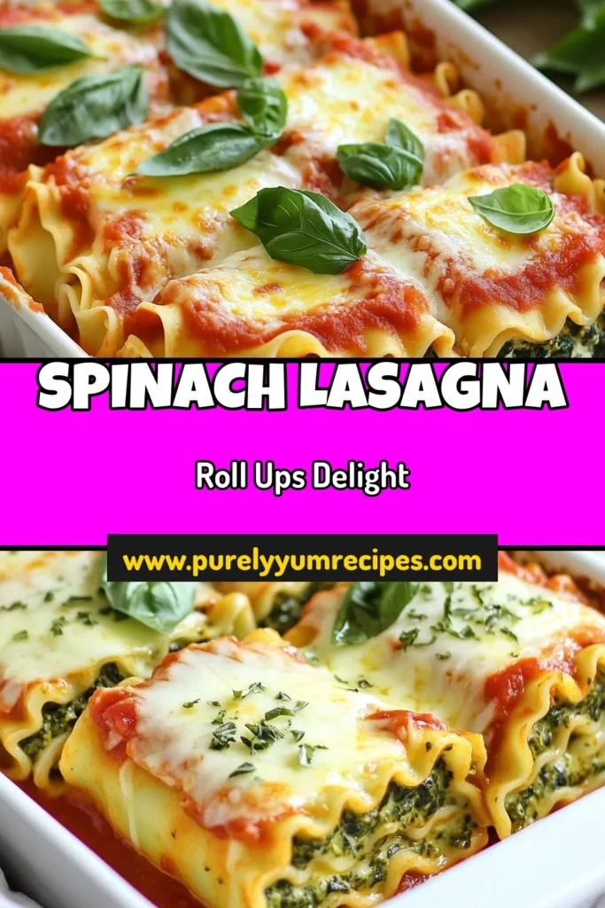 Indulge in this Creamy Spinach Lasagna that features easy Spinach Lasagna Roll-Ups! This Vegetarian Lasagna Recipe is a perfect weeknight meal, bringing together rich ricotta, fresh spinach, and gooey melted cheese. Enjoy these Easy Lasagna Roll-Ups baked to perfection – a delightful comfort food that everyone will love. Try this recipe today and transform your dinner routine! Save for later! #LasagnaLovers #VegetarianRecipes #EasyDinner #ComfortFood