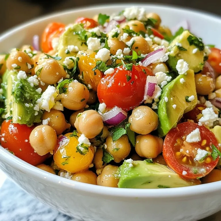 - 1 can (15 oz) chickpeas, rinsed and drained - 2 ripe avocados, diced into bite-sized pieces - 1 cup cherry tomatoes, halved for a burst of flavor - 1/2 medium red onion, finely chopped for a hint of sharpness - 1/4 cup fresh cilantro, chopped to add freshness - Juice of 2 limes, for a zesty kick - 3 tablespoons extra virgin olive oil, for richness - 1 teaspoon ground cumin, for a warm, earthy flavor - Salt and black pepper to taste - Crumbled feta cheese, for a creamy topping This salad packs a punch with nutrition. It has about 300 calories per serving. Each serving also provides around 10 grams of protein. Chickpeas are a great source of fiber and protein. Avocados offer healthy fats. Together, they make this salad both filling and nutritious. You get vitamins and minerals from the tomatoes and cilantro, too. Enjoy this meal knowing it's good for you! {{ingredient_image_2}} Start by choosing a large mixing bowl. Add 1 can of rinsed chickpeas. You want to drain them well first. Next, add 2 ripe avocados, diced into bite-sized pieces. Then, toss in 1 cup of halved cherry tomatoes. These will add a nice pop of flavor. Finally, include 1/2 medium red onion, chopped finely. This gives the salad a hint of sharpness. Grab a small bowl for the dressing. Squeeze the juice of 2 limes into the bowl. Lime juice adds a zesty kick. Then, pour in 3 tablespoons of extra virgin olive oil. This brings richness to the dressing. Now, sprinkle in 1 teaspoon of ground cumin. This spice adds warm, earthy notes. Add a pinch of salt and black pepper to taste. Whisk all these ingredients together until smooth and well-mixed. Take the dressing and drizzle it over the chickpea mixture. Gently toss all the ingredients together. Be careful not to mash the avocados. You want everything coated in the dressing. Next, fold in 1/4 cup of chopped fresh cilantro. Taste your salad and adjust the seasoning if needed. If you like, sprinkle some crumbled feta cheese on top for creaminess. Enjoy your tasty and nutritious meal! To pick the best avocados, look for a dark green color. Gently squeeze the avocado in your palm. If it feels slightly soft but not mushy, it's ripe. Avoid hard avocados, as they are not ready yet. You can also check the stem. If it comes off easily and is green underneath, that's a good sign. When you mix your salad, do it gently. Use a large spoon or spatula to lift the ingredients. Start from the bottom and fold upward. This way, you keep the avocado pieces whole. Take your time to ensure the salad stays fresh and looks nice. Never stir too hard or too fast. To balance flavors, use lime juice for a zesty kick. The acidity brightens the dish. Add cumin for warmth and depth. If you like creaminess, sprinkle feta cheese on top. You can also add salt and pepper to taste, but do this gradually. Always taste your salad as you go to adjust the flavors. Pro Tips Use Fresh Ingredients: Always opt for ripe avocados and fresh produce to enhance the flavor and texture of your salad. Adjust Seasoning to Taste: After mixing, taste the salad and adjust the lime juice, salt, and pepper to suit your preference for the perfect balance. Chill for Flavor: Let the salad sit in the refrigerator for 15-30 minutes before serving. This allows the flavors to meld beautifully. Make it Your Own: Experiment with additional ingredients like bell peppers, corn, or other herbs to customize the salad to your liking. {{image_4}} You can boost this salad by adding protein. Grilled chicken works well. Just slice it up and mix it in. Tofu is another great choice. Use firm tofu, press it, and cube it. You can grill or pan-sear it for extra flavor. Both options keep the salad filling and tasty. Make this salad unique by adding seasonal veggies. In summer, try sweet corn or bell peppers. They add color and crunch. In fall, consider roasted sweet potatoes or butternut squash. They give a warm, sweet taste. Use your favorite veggies to keep it fresh and exciting! If you want a vegan salad, skip the feta cheese. Instead, add avocado for creaminess. You could also sprinkle in some seeds like pumpkin or sunflower. This adds a nice crunch and healthy fats. The salad will still be rich and satisfying without any dairy. To keep your salad fresh, store it in an airtight container. This helps prevent air from making your salad soggy. Place the salad in the fridge right after serving. If you add avocado, it may brown quickly. To slow this, squeeze extra lime juice on the avocado before storing. You can also store the dressing separately. This keeps the salad crisp. Your Chickpea Avocado Salad will stay good for about 2 days in the fridge. After that, the avocados may become mushy. If you haven't added the dressing, it can last a bit longer. Always check for any off smells or changes in color before eating leftovers. Freezing this salad is not the best choice, especially with avocados. They do not freeze well and can become watery. However, you can freeze chickpeas. Rinse and drain them, then place in a freezer bag. They last for about 6 months. You can also freeze cilantro, but chop it first. When you are ready to use them, just thaw and add to fresh salad! Yes, you can use canned chickpeas. They save time and are easy to work with. Just rinse and drain them well. This removes extra sodium and keeps your salad fresh. Canned chickpeas are soft and ready to mix in. If you want a substitute for feta cheese, try goat cheese or a vegan cheese. Both options add creaminess. You can also skip the cheese for a lighter salad. Add more avocado for a rich taste. To spice up your salad, add diced jalapeños or red pepper flakes. You can also mix in hot sauce or a dash of cayenne pepper. Start with a little, then taste and add more if needed. This will give your salad a nice kick. Yes, this salad is great for meal prep. You can store it in the fridge for up to three days. Keep the dressing separate until you are ready to eat. This keeps the salad fresh and crunchy. This blog post covered how to make a tasty Chickpea Avocado Salad. We discussed key ingredients, the best way to mix flavors, and fresh variations. Tips on choosing ripe avocados and storing leftovers help keep your meal fresh. Remember, you can add protein or veggies to make it yours. Enjoy making this healthy dish! It's a simple recipe that packs great taste and nutrition. Try different toppings for a fun twist each time. This salad is not just easy to make, but also very satisfying!