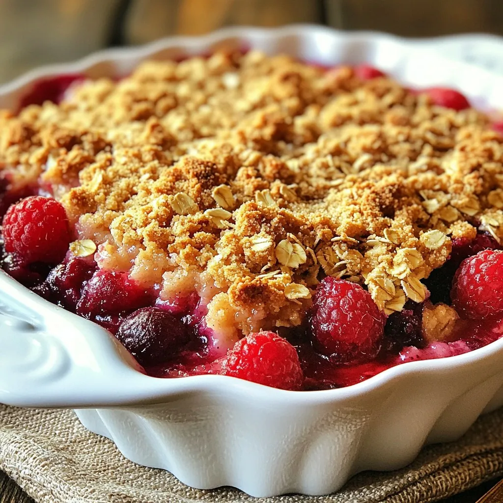 For this crumble, I love using ripe strawberries, blueberries, and raspberries. Each berry adds its own flavor and color. The strawberries should be hulled and quartered. This makes them easy to mix and eat. Blueberries and raspberries should be fresh and plump. They burst with juice, making your crumble delicious. To sweeten the berries, we use granulated sugar and brown sugar. Granulated sugar gives a clean sweetness. Brown sugar adds a hint of caramel flavor. I often mix the two for a balanced taste. Adding two tablespoons of fresh lemon juice brightens the flavor. It makes the berries shine. The dry mixture brings everything together. You will need all-purpose flour, old-fashioned rolled oats, ground cinnamon, and fine sea salt. The flour helps bind the crumble. Rolled oats add a nice chewiness. Cinnamon gives warmth and depth. The sea salt enhances all the sweet flavors. Unsalted butter is key for a great crumble. Chilled butter is important because it keeps the crumble light. When you mix it into the dry ingredients, do not overwork it. You want small bits of butter to remain. This creates a tender, flaky topping that contrasts with the juicy berries. {{ingredient_image_2}} Start by preheating your oven to 350°F (175°C). This step is key for baking. It helps the crumble cook evenly. While waiting, you can gather your ingredients. In a medium bowl, mix together the strawberries, blueberries, and raspberries. Add 1/2 cup of granulated sugar and 2 tablespoons of fresh lemon juice. Stir gently to avoid crushing the fruit. This allows the flavors to blend nicely. Set this bowl aside while you prepare the crumble. Take another bowl and whisk together 1 cup of all-purpose flour, 1/2 cup of rolled oats, 1/2 cup of brown sugar, 1/2 teaspoon of ground cinnamon, and 1/4 teaspoon of sea salt. Next, add 1/2 cup of cold, cubed butter. Mix it in using a pastry cutter or your fingers. You want the mixture to look like coarse crumbs, with some small bits of butter still showing. This adds rich flavor and texture. Grease a 9x9-inch baking dish. Pour the berry mixture into it, spreading it out evenly. Sprinkle the crumble topping over the berries. Make sure to cover them well. Now, put the dish in your preheated oven. Bake for 30 to 35 minutes. You want the topping to turn golden brown and see the berry juices bubbling. Once done, let it cool for about 10 minutes before serving. This will help the juices set a bit. To get the right texture for your crumble topping, use cold butter. Cold butter makes the topping flaky. Cut the butter into small cubes. Then, mix it into the dry ingredients using your fingers. You want to see some pea-sized bits of butter. This adds richness. Don’t overmix; you want a coarse crumb texture. You can add spices for extra flavor. A pinch of nutmeg can warm the taste. You might try a splash of vanilla extract for a sweet note. If you love citrus, add some lemon zest. These small additions can change the taste and make it unique. Serve the crumble warm for the best taste. Top it with vanilla ice cream or whipped cream. This adds creaminess and contrast. For a fun twist, garnish with fresh mint leaves. It makes your dish look pretty and fresh! Use a nice dish to present your crumble. A colorful bowl or plate enhances the appeal. Pro Tips Use Fresh Berries: The quality of your berries can greatly affect the flavor of your crumble. Opt for ripe, in-season berries for the best taste and texture. Chill Your Butter: Using cold butter is crucial for achieving that perfect crumbly texture. Make sure your butter is well-chilled before cutting it into the dry ingredients. Let It Rest: Allowing the crumble to cool for about 10 minutes before serving not only helps the juices set but also makes it easier to scoop out portions without it falling apart. Experiment with Spices: While cinnamon is a classic choice, consider adding a pinch of nutmeg or ginger to your crumble for a unique flavor twist. {{image_4}} You can change the berries in this recipe. Instead of strawberries, blueberries, and raspberries, try blackberries or cherries. You can also mix in some peaches or apples for a new twist. Just keep the total amount of fruit the same. This gives you a chance to enjoy different flavors each time you make the crumble. If you want a lower-sugar version, use less granulated sugar. You can also swap out granulated sugar for coconut sugar or honey. For a vegan option, replace the butter with coconut oil or vegan butter. Use maple syrup instead of sugar to sweeten the fruit. These small changes can make your dessert healthier without losing taste. Using seasonal fruits can add fun flavors. In summer, try using fresh peaches or plums. In fall, apples and pears are perfect. Winter offers citrus fruits like oranges or grapefruits. These fruits can change the taste and look of your crumble. Each season brings a new opportunity to create something special and delicious! To keep your Triple Berry Crumble fresh, refrigerate leftovers. Place it in an airtight container. This helps prevent the crumble from drying out. You can store it in the fridge for up to three days. When you are ready to enjoy it again, simply take it out. You can freeze your crumble for later enjoyment. First, let it cool completely. Then, wrap it tightly in plastic wrap. After that, place it in a freezer-safe bag or container. This method keeps it fresh for up to three months. When you're ready to eat it, you can thaw it in the fridge overnight. Reheating is simple and easy. Preheat your oven to 350°F (175°C). Place the crumble in an oven-safe dish. Cover it with foil to keep it moist. Heat for about 20 minutes. If you want a crispy top, remove the foil for the last 5 minutes. You can also reheat individual portions in the microwave. Just warm them for about 30 seconds. Enjoy your tasty crumble warm! Yes, you can use frozen berries. They work well in this recipe. Just remember to thaw them first. Drain any excess juice to avoid a soggy crumble. Frozen berries may take a bit longer to cook. Keep an eye on the baking time. You will know the crumble is ready when the topping turns golden brown. Look for bubbling juices around the edges. This shows the berries are cooked through. A good baking time is 30 to 35 minutes at 350°F. Yes, you can prep it ahead. Mix the berries and topping separately. Store them in the fridge for up to a day. When ready to bake, layer them in your dish and cook. This keeps your crumble fresh and tasty. This crumble pairs well with vanilla ice cream or whipped cream. A scoop of ice cream adds creaminess. Whipped cream gives a light touch. Fresh mint leaves make a nice garnish, too! This blog post shared how to craft a delicious Triple Berry Crumble. We covered fresh ingredients like ripe berries and efficient baking methods. The steps were clear, from preheating the oven to mixing the crumble. I also offered tips on flavor boosts and variations. In my view, enjoying this dessert is about making it your own. Try different fruits or toppings. Remember, the best crumble is one that brings joy to your table. Happy baking!