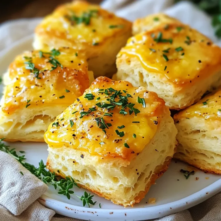 - 2 cups all-purpose flour - 1 tablespoon baking powder - 1 teaspoon baking soda - 1 teaspoon salt - 1/2 cup cold unsalted butter, cubed - 3/4 cup buttermilk (or milk and lemon juice) The main ingredients of garlic butter herb biscuits form the base of this tasty treat. The flour gives these biscuits their structure. Baking powder and baking soda help them rise and become fluffy. Salt brings out the flavors, while cold butter creates those flaky layers. Buttermilk adds moisture and a slight tang, making the biscuits soft and rich. - 1/4 cup fresh parsley, finely chopped - 1 tablespoon fresh rosemary, finely chopped - 1/2 teaspoon garlic powder - 1/4 cup melted garlic butter (for brushing) Flavor enhancers take these biscuits to the next level. Fresh parsley and rosemary add a burst of herb taste. Garlic powder enhances the garlic flavor and gives a warm aroma. Brushing melted garlic butter on top adds richness and a shiny look. Together, they create a mouthwatering experience in every bite. - Mixing bowl - Baking sheet - Pastry cutter or fingertips for mixing - Knife or biscuit cutter To make garlic butter herb biscuits, you need a few essential kitchen tools. A mixing bowl is where you’ll combine your ingredients. A baking sheet helps your biscuits bake evenly. A pastry cutter or your fingertips will mix the butter into the flour. Finally, a knife or biscuit cutter shapes the biscuits. Having the right tools makes the process easy and fun. {{ingredient_image_2}} 1. First, preheat your oven to 425°F (220°C). Line a baking sheet with parchment paper to avoid sticking. 2. In a large mixing bowl, combine the all-purpose flour, baking powder, baking soda, and salt. Whisk until smooth and free from lumps. 3. Now, add the cold cubed butter to the flour mix. Use your fingers or a pastry cutter to blend the butter until it looks like coarse crumbs. Some pea-sized bits of butter should still be visible. 1. Gradually pour in the buttermilk. Stir gently with a spatula until the dough just comes together. Remember, it's fine if there are a few lumps. 2. Now, carefully fold in the chopped parsley, rosemary, and garlic powder. Make sure the herbs are spread evenly throughout the dough. 1. Lightly dust a clean surface with flour. Turn the dough out onto it. Pat the dough into a rectangle, about 1 inch thick. Don’t press too hard; keep it light and airy. 2. Use a sharp knife or biscuit cutter to cut the dough into your preferred shapes. Place the cut biscuits on the prepared baking sheet, leaving space between each. 3. Brush the tops of the biscuits with melted garlic butter. This gives them a rich flavor and a golden finish when baking. Now you're ready to bake these delightful garlic butter herb biscuits! To make the best garlic butter herb biscuits, keep your butter cold. Cold butter helps create those nice, flaky layers. When you mix the butter into the flour, you want some small pieces to stay. This gives your biscuits a light texture. Don’t overwork the dough. Mix gently until it just comes together. A few lumps are fine. If you press too hard, the biscuits may become dense. To make your biscuits unique, add different herbs or spices. You can use thyme, chives, or even dill. Each herb brings its own taste. You can also try adding cheese. A little shredded cheese can make your biscuits rich and creamy. When baking, watch for browning. Aim for golden tops to know your biscuits are done. Make sure to space the biscuits evenly on the baking sheet. This helps them bake evenly and rise well. Pro Tips Chill Your Ingredients: Keeping your butter and buttermilk cold ensures that the biscuits rise beautifully and remain flaky. Don't Overmix: Mix the dough just until combined to avoid tough biscuits. A few lumps are okay! Use Fresh Herbs: Fresh herbs provide the best flavor. If using dried herbs, reduce the amount as they are more concentrated. Brush with Garlic Butter Twice: Brushing the biscuits before and after baking adds a delicious flavor and a beautiful shine. {{image_4}} You can add shredded cheese to your biscuits. Cheese makes them rich and tasty. Use cheddar or parmesan for a great flavor. Mix the cheese in right after you fold in the herbs. This step makes every bite cheesy and delicious. Do you like a kick? Add red pepper flakes to the dough. Start with a pinch and taste. You can always add more if you like it spicy. This twist makes the biscuits fun and exciting. The heat pairs well with the garlic and herbs. Mix up the herbs for a new flavor. Try thyme or chives instead of rosemary. Each herb gives a unique taste. You can even use a blend of your favorites. This way, you can create your own special version of garlic butter herb biscuits. Enjoy the variety! You can keep leftover garlic butter herb biscuits in an airtight container at room temperature. This method helps them stay soft and tasty. If you want them to last longer, refrigerate them. The cool air helps maintain their freshness for a few extra days. To bring back the biscuits' lovely crispness, refresh them in the oven. Preheat the oven to 350°F (175°C) and bake for about 5-7 minutes. This step makes them hot and crunchy again. If you're in a hurry, you can use a microwave for a quick warm-up. Keep in mind, this may make them a bit soggy and lose their crunch. You can freeze the biscuits before baking for easy meals later. Just prepare the dough, cut it into shapes, and place them on a baking sheet. Freeze them until firm, then transfer to a freezer-safe container. This way, you can bake them fresh whenever you want. If you have baked biscuits left, store them in a freezer-safe container too. They can be frozen for up to 3 months without losing their flavor. Yes, you can. Just mix regular milk with lemon juice and let it sit for 5 minutes. This will create a tangy flavor similar to buttermilk. I often use this trick when I run low on buttermilk. It works so well! To get fluffy biscuits, use cold ingredients like butter and buttermilk. Cold butter helps create layers. Also, be careful not to overmix the dough. Light mixing keeps the air in, which is key for that fluffy texture. These biscuits stay fresh for about 2-3 days at room temperature. Just keep them in an airtight container to lock in moisture. If you have leftovers, they taste great even on day two! Yes, you can make the dough ahead. Just refrigerate it for up to 24 hours before baking. This is handy if you want warm biscuits ready for breakfast. In this blog, we explored making delicious garlic butter herb biscuits. You learned about the key ingredients, step-by-step instructions, and tips to enhance flavor and texture. Don’t forget, using cold butter is vital for flakiness. You can also customize with herbs or cheese. With these methods, you can create biscuits that impress everyone. Ready to bake? Make those biscuits and enjoy every bite!
