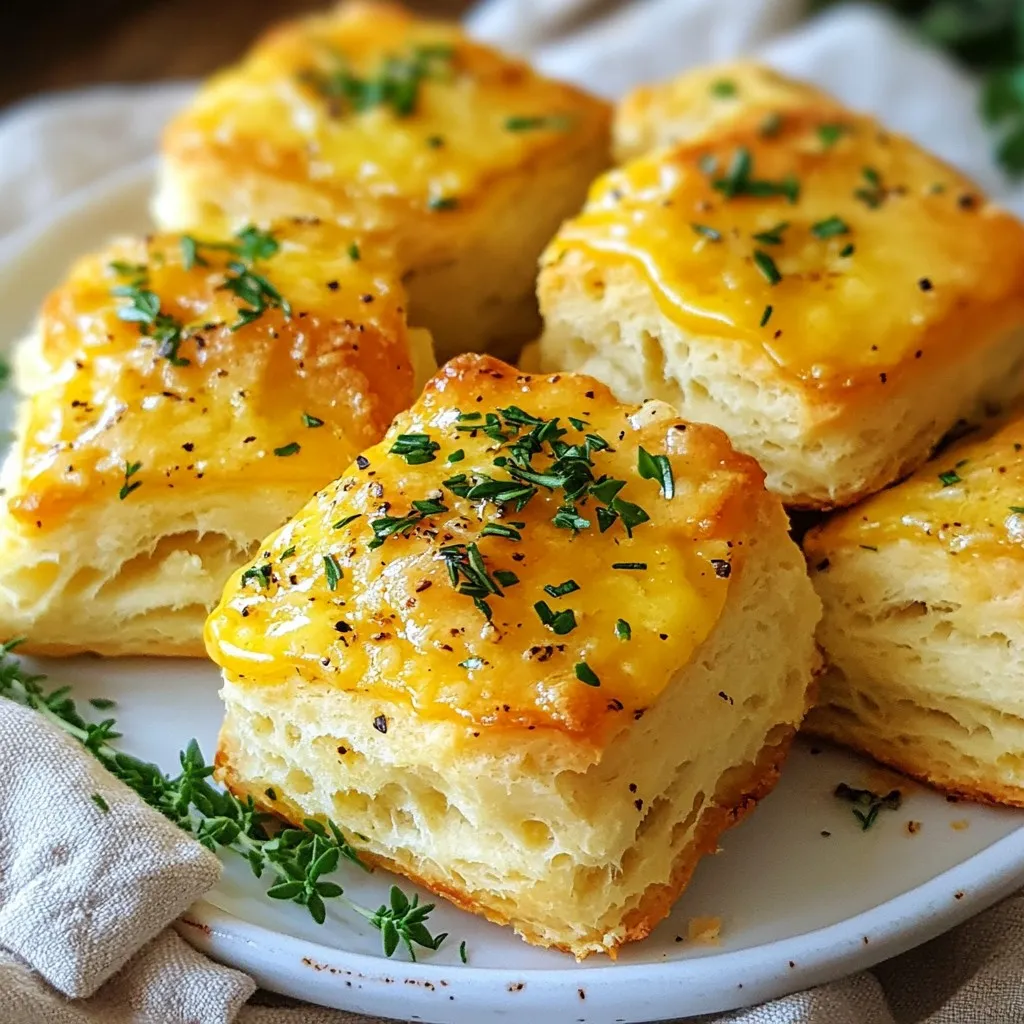 - 2 cups all-purpose flour - 1 tablespoon baking powder - 1 teaspoon baking soda - 1 teaspoon salt - 1/2 cup cold unsalted butter, cubed - 3/4 cup buttermilk (or milk and lemon juice) The main ingredients of garlic butter herb biscuits form the base of this tasty treat. The flour gives these biscuits their structure. Baking powder and baking soda help them rise and become fluffy. Salt brings out the flavors, while cold butter creates those flaky layers. Buttermilk adds moisture and a slight tang, making the biscuits soft and rich. - 1/4 cup fresh parsley, finely chopped - 1 tablespoon fresh rosemary, finely chopped - 1/2 teaspoon garlic powder - 1/4 cup melted garlic butter (for brushing) Flavor enhancers take these biscuits to the next level. Fresh parsley and rosemary add a burst of herb taste. Garlic powder enhances the garlic flavor and gives a warm aroma. Brushing melted garlic butter on top adds richness and a shiny look. Together, they create a mouthwatering experience in every bite. - Mixing bowl - Baking sheet - Pastry cutter or fingertips for mixing - Knife or biscuit cutter To make garlic butter herb biscuits, you need a few essential kitchen tools. A mixing bowl is where you’ll combine your ingredients. A baking sheet helps your biscuits bake evenly. A pastry cutter or your fingertips will mix the butter into the flour. Finally, a knife or biscuit cutter shapes the biscuits. Having the right tools makes the process easy and fun. {{ingredient_image_2}} 1. First, preheat your oven to 425°F (220°C). Line a baking sheet with parchment paper to avoid sticking. 2. In a large mixing bowl, combine the all-purpose flour, baking powder, baking soda, and salt. Whisk until smooth and free from lumps. 3. Now, add the cold cubed butter to the flour mix. Use your fingers or a pastry cutter to blend the butter until it looks like coarse crumbs. Some pea-sized bits of butter should still be visible. 1. Gradually pour in the buttermilk. Stir gently with a spatula until the dough just comes together. Remember, it's fine if there are a few lumps. 2. Now, carefully fold in the chopped parsley, rosemary, and garlic powder. Make sure the herbs are spread evenly throughout the dough. 1. Lightly dust a clean surface with flour. Turn the dough out onto it. Pat the dough into a rectangle, about 1 inch thick. Don’t press too hard; keep it light and airy. 2. Use a sharp knife or biscuit cutter to cut the dough into your preferred shapes. Place the cut biscuits on the prepared baking sheet, leaving space between each. 3. Brush the tops of the biscuits with melted garlic butter. This gives them a rich flavor and a golden finish when baking. Now you're ready to bake these delightful garlic butter herb biscuits! To make the best garlic butter herb biscuits, keep your butter cold. Cold butter helps create those nice, flaky layers. When you mix the butter into the flour, you want some small pieces to stay. This gives your biscuits a light texture. Don’t overwork the dough. Mix gently until it just comes together. A few lumps are fine. If you press too hard, the biscuits may become dense. To make your biscuits unique, add different herbs or spices. You can use thyme, chives, or even dill. Each herb brings its own taste. You can also try adding cheese. A little shredded cheese can make your biscuits rich and creamy. When baking, watch for browning. Aim for golden tops to know your biscuits are done. Make sure to space the biscuits evenly on the baking sheet. This helps them bake evenly and rise well. Pro Tips Chill Your Ingredients: Keeping your butter and buttermilk cold ensures that the biscuits rise beautifully and remain flaky. Don't Overmix: Mix the dough just until combined to avoid tough biscuits. A few lumps are okay! Use Fresh Herbs: Fresh herbs provide the best flavor. If using dried herbs, reduce the amount as they are more concentrated. Brush with Garlic Butter Twice: Brushing the biscuits before and after baking adds a delicious flavor and a beautiful shine. {{image_4}} You can add shredded cheese to your biscuits. Cheese makes them rich and tasty. Use cheddar or parmesan for a great flavor. Mix the cheese in right after you fold in the herbs. This step makes every bite cheesy and delicious. Do you like a kick? Add red pepper flakes to the dough. Start with a pinch and taste. You can always add more if you like it spicy. This twist makes the biscuits fun and exciting. The heat pairs well with the garlic and herbs. Mix up the herbs for a new flavor. Try thyme or chives instead of rosemary. Each herb gives a unique taste. You can even use a blend of your favorites. This way, you can create your own special version of garlic butter herb biscuits. Enjoy the variety! You can keep leftover garlic butter herb biscuits in an airtight container at room temperature. This method helps them stay soft and tasty. If you want them to last longer, refrigerate them. The cool air helps maintain their freshness for a few extra days. To bring back the biscuits' lovely crispness, refresh them in the oven. Preheat the oven to 350°F (175°C) and bake for about 5-7 minutes. This step makes them hot and crunchy again. If you're in a hurry, you can use a microwave for a quick warm-up. Keep in mind, this may make them a bit soggy and lose their crunch. You can freeze the biscuits before baking for easy meals later. Just prepare the dough, cut it into shapes, and place them on a baking sheet. Freeze them until firm, then transfer to a freezer-safe container. This way, you can bake them fresh whenever you want. If you have baked biscuits left, store them in a freezer-safe container too. They can be frozen for up to 3 months without losing their flavor. Yes, you can. Just mix regular milk with lemon juice and let it sit for 5 minutes. This will create a tangy flavor similar to buttermilk. I often use this trick when I run low on buttermilk. It works so well! To get fluffy biscuits, use cold ingredients like butter and buttermilk. Cold butter helps create layers. Also, be careful not to overmix the dough. Light mixing keeps the air in, which is key for that fluffy texture. These biscuits stay fresh for about 2-3 days at room temperature. Just keep them in an airtight container to lock in moisture. If you have leftovers, they taste great even on day two! Yes, you can make the dough ahead. Just refrigerate it for up to 24 hours before baking. This is handy if you want warm biscuits ready for breakfast. In this blog, we explored making delicious garlic butter herb biscuits. You learned about the key ingredients, step-by-step instructions, and tips to enhance flavor and texture. Don’t forget, using cold butter is vital for flakiness. You can also customize with herbs or cheese. With these methods, you can create biscuits that impress everyone. Ready to bake? Make those biscuits and enjoy every bite!
