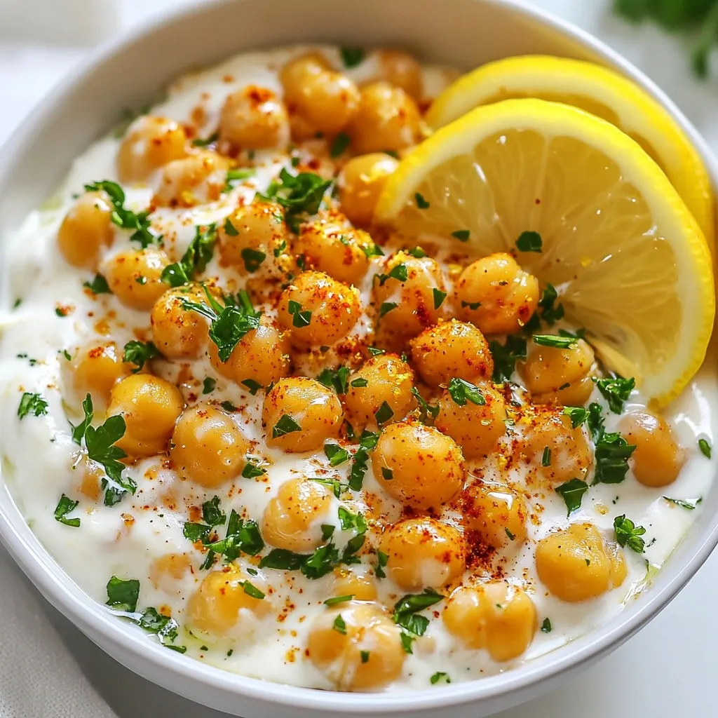 To make creamy lemon garlic chickpeas, you need the following: - 1 can (15 oz) chickpeas, drained and thoroughly rinsed - 2 tablespoons extra virgin olive oil - 4 cloves garlic, finely minced - 1/2 cup coconut cream (or heavy cream) - Zest and juice of 1 fresh lemon - 1 teaspoon ground cumin - Sea salt and freshly cracked black pepper to taste - Fresh parsley, finely chopped for garnish - A pinch of red pepper flakes (optional, for an extra kick) If you do not have coconut cream or heavy cream, you can use: - Almond milk with a bit of cornstarch for thickness - Cashew cream for a nutty flavor - Soy cream for a dairy-free option - Greek yogurt for a tangy twist These options still keep the dish creamy and delicious. Spices can change the flavor a lot. Here are some great choices: - Smoked paprika for a nice warmth - Garlic powder for extra garlic flavor - Fresh herbs like thyme or basil for freshness - Lemon pepper for more citrus flavor Feel free to mix and match spices to find what you love! {{ingredient_image_2}} Start by gathering your ingredients. You need one can of chickpeas, olive oil, garlic, coconut cream, lemon, cumin, salt, pepper, parsley, and optional red pepper flakes. Drain and rinse the chickpeas well. This step removes excess salt and improves flavor. Mince the garlic finely to release its strong aroma. Zest and juice the lemon to add fresh flavor to the dish. Heat two tablespoons of olive oil in a medium skillet over medium heat. Wait until the oil shimmers, then add the minced garlic. Sauté for 2 to 3 minutes, stirring frequently. You want the garlic to become fragrant and golden. Keep a close eye on it to prevent burning, as burnt garlic can taste bitter. Add the drained chickpeas to the skillet. Cook them for about 5 minutes, stirring occasionally. This step gives them a slight crispness. Next, sprinkle in the ground cumin, salt, and pepper. Toss the chickpeas to coat them evenly with the spices. Lower the heat and pour in the coconut cream or heavy cream. Stir gently until the cream blends with the chickpeas, forming a rich sauce. Now, add the lemon zest and juice, mixing well. Taste the sauce and adjust with more salt, pepper, or lemon juice if needed. Let the mixture simmer for another 2 to 3 minutes. This allows the flavors to blend beautifully. Lastly, remove from heat and garnish with fresh parsley and a pinch of red pepper flakes if you like some heat. To get that dream creamy texture, use coconut cream or heavy cream. Both options work well and bring a rich flavor. Heat the cream gently. Mixing it slowly with the chickpeas creates a smooth sauce. If you want a lighter version, try low-fat milk. It won’t be as creamy but still tasty. You can take this dish up a notch! Add in some fresh herbs like thyme or basil for extra flavor. A dash of lemon zest brightens the dish, making it even more refreshing. For a spicy kick, sprinkle in red pepper flakes. If you love a nutty taste, toss in some toasted pine nuts. These small changes can make a big difference. How you serve your dish matters! Use a shallow white bowl to show off the creamy chickpeas. Drizzle a bit of olive oil on top for shine. Add thin lemon slices and a sprinkle of parsley for color. This dish looks great next to crusty bread or fluffy rice. Make it a feast for the eyes! Pro Tips Perfect Garlic Sauté: Ensure the garlic is sautéed until just golden to avoid a bitter taste; keep stirring and watch closely! Enhance Creaminess: For an ultra-creamy texture, consider blending the coconut cream before adding it to the skillet. Flavor Boost: Experiment with additional herbs like thyme or oregano for a unique twist on the flavor profile. Serving Suggestions: This dish pairs wonderfully with a side of roasted vegetables or a fresh salad to complement the richness. {{image_4}} If you want a vegan twist, use coconut cream. It gives a rich, smooth texture. The flavor pairs so well with lemon and garlic. It keeps the dish creamy while being dairy-free. You get the same great taste without any animal products. Perfect for any plant-based meal! To boost protein, add chicken or tofu. Chicken works great if you want a heartier meal. Just cook it first, then add it to the chickpeas. Tofu is a fantastic option for vegans. It absorbs the lemon and garlic flavors well. Just make sure you press it to remove extra water. This makes it crispier in the pan. For a spicy kick, sprinkle in some red pepper flakes. Just a pinch can add a nice heat. Adjust the amount to fit your taste. The heat complements the creamy texture and bright lemon flavor. This variation keeps the dish exciting and full of flavor. To keep your creamy lemon garlic chickpeas fresh, store them in an airtight container. Make sure to let them cool to room temperature before sealing. If you have a lot left, divide them into smaller portions. This way, you can grab just what you need later. Store the container in the fridge, and they will stay good for 3 to 5 days. Reheating is simple! You can use the stove or microwave. If using the stove, place the chickpeas in a skillet. Add a splash of water or olive oil to keep them moist. Heat over low to medium heat, stirring often until warmed through. If using the microwave, transfer them to a microwave-safe dish. Heat for about 1 to 2 minutes, stirring halfway through. Check to see if they are hot enough before serving. You can freeze creamy lemon garlic chickpeas for longer storage. First, let them cool completely. Then, pack them in an airtight container or freezer bag. Make sure to remove as much air as possible to prevent freezer burn. They can last for up to 3 months in the freezer. When you're ready to eat, thaw them in the fridge overnight. Reheat as mentioned above, and enjoy your dish! Yes, you can use dried chickpeas. You need to soak them overnight first. After soaking, cook them until tender. This will take about 1 to 1.5 hours. Once cooked, you can follow the same steps in the recipe. Just remember to drain and rinse them well before adding them to the skillet. Creamy lemon garlic chickpeas pair well with many dishes. They taste great with crusty bread, which soaks up the sauce. You can also serve them over rice or quinoa for a hearty meal. Adding a fresh salad on the side adds color and crunch. For a protein boost, try grilled chicken or tofu alongside. Leftovers can last in the fridge for about 3 to 4 days. Store them in an airtight container to keep them fresh. When you’re ready to eat, simply reheat them on the stove or in the microwave. If the sauce is too thick, add a splash of water or broth while reheating. This blog post covered key steps to make creamy lemon garlic chickpeas. We discussed essential ingredients, substitutes, and spices to enhance flavor. You learned how to prep, sauté, and create the sauce for a delicious dish. We shared tips for creaminess and presentation, plus variations for everyone. Remember, you can store leftovers properly and enjoy them later. Enjoy creating this dish, and share it with friends and family for a tasty meal!