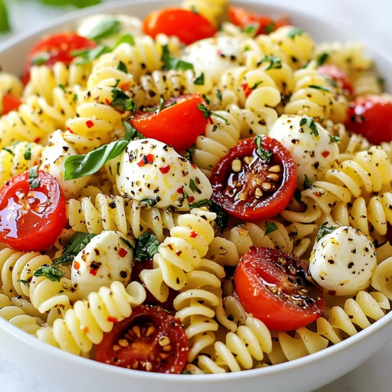 - 8 ounces of pasta (suggested types: rotini, farfalle) - 1 cup cherry tomatoes, halved - 1 cup fresh mozzarella balls (bocconcini), halved - 1 cup fresh basil leaves, roughly chopped The heart of Caprese Pasta Salad is fresh and simple. You need good pasta for a nice base. Rotini and farfalle are my top picks. They hold the dressing well. Cherry tomatoes add a sweet burst. Cutting them in half helps release their juice. Fresh mozzarella brings creaminess. It melts in your mouth. Basil gives a fresh, aromatic touch. Roughly chop it to get more flavor out. - 3 tablespoons balsamic glaze - 2 tablespoons extra virgin olive oil - Salt and freshly cracked black pepper, to taste - 1 teaspoon garlic powder The dressing makes this salad shine. Balsamic glaze adds sweetness and tang. A drizzle of extra virgin olive oil gives richness. Salt and pepper balance all the flavors. Garlic powder adds a nice kick without being overpowering. - Crushed red pepper flakes (for heat) - Additional toppings or garnishes If you like some heat, add crushed red pepper flakes. They give a nice spice. You can also get creative with garnishes. Try pine nuts or olives for an extra touch. {{ingredient_image_2}} To make the best Caprese Pasta Salad, start by boiling the pasta. Fill a large pot with water and add a good pinch of salt. Bring the water to a rolling boil. Add 8 ounces of your chosen pasta, like rotini or farfalle. Cook according to the package instructions until the pasta is al dente. This usually takes about 8-10 minutes. Once done, drain the pasta in a colander. Rinse it under cold water to stop the cooking process and cool it down. This step keeps the pasta from getting mushy. While the pasta cooks, prepare your salad ingredients. Take 1 cup of cherry tomatoes and slice them in half. If you have whole mozzarella balls, cut 1 cup of them in half as well. This makes them easy to eat. Next, take 1 cup of fresh basil leaves. Roughly chop them to release their lovely aroma. This will add a nice flavor to your salad. Now, it's time to bring everything together. In a large mixing bowl, combine the cooled pasta, halved cherry tomatoes, mozzarella, and chopped basil leaves. These fresh ingredients create bright flavors. Drizzle 3 tablespoons of balsamic glaze and 2 tablespoons of extra virgin olive oil over the mixture. Add 1 teaspoon of garlic powder, salt, and freshly cracked black pepper to taste. If you like a little heat, sprinkle in some crushed red pepper flakes. Gently toss all the ingredients together. Make sure everything gets coated with the dressing. Chill your salad in the refrigerator for at least 15-30 minutes. This cool time allows the flavors to mix well. When you're ready to serve, give the salad a gentle toss. Taste it and adjust the seasoning with more salt or pepper if needed. For a beautiful presentation, serve in a large bowl. You can drizzle extra balsamic glaze on top and add whole basil leaves for a pop of color. Enjoy your fresh Caprese Pasta Salad! To get pasta just right, cook it until it is al dente. This means it should be firm but not hard. Bring a large pot of salted water to a boil. Add the pasta and stir it well. Follow the package instructions for cooking time. When it's ready, drain it and rinse it under cold water. This stops the cooking and cools down the pasta. Add depth to your Caprese pasta salad with simple seasonings. Use salt and freshly cracked black pepper to taste. A teaspoon of garlic powder can add a nice flavor. For a little heat, throw in crushed red pepper flakes. Fresh herbs like parsley or oregano can also brighten the dish. How you serve your pasta salad can make a big difference. Use a large, colorful bowl to show off the vibrant ingredients. Drizzle some balsamic glaze on top for flair. Garnish with whole basil leaves for a pop of green. For fun, serve individual portions in mason jars. It makes for a cute and portable option! Pro Tips Fresh Ingredients Matter: Use the freshest tomatoes and basil you can find for the best flavor. Fresh ingredients will elevate the overall taste of your pasta salad. Perfect Pasta Texture: Make sure to cook your pasta al dente. This will ensure it holds its shape and texture in the salad, preventing it from becoming mushy. Chill for Flavor: Allow the salad to chill in the refrigerator for at least 30 minutes. This resting time helps the flavors meld together, creating a more delicious dish. Customize Your Salad: Feel free to add other ingredients like olives, bell peppers, or grilled chicken for added flavor and protein. This recipe is versatile, so make it your own! {{image_4}} If you want to make this dish gluten-free, use gluten-free pasta. Many brands offer great options like chickpea or brown rice pasta. For those who avoid dairy, choose plant-based mozzarella. Many stores sell dairy-free cheese that melts well. These swaps keep the spirit of the dish alive while catering to your needs. Adding seasonal veggies can boost flavor and nutrition. In spring, toss in asparagus or peas for a fresh crunch. Summer is perfect for zucchini or bell peppers. In fall, consider roasted butternut squash or kale for warmth. Winter calls for hearty greens like spinach or arugula. These veggies enhance the dish and make it colorful and bright. You can change the flavor with different dressings. Try using lemon vinaigrette for a zesty twist. If you love spice, add a dash of smoked paprika or cayenne pepper. For a creamy touch, mix in some pesto or avocado. Each change gives the salad a new taste while keeping it fresh and fun. To keep your Caprese Pasta Salad fresh, store it in an airtight container. This will help prevent it from drying out. Make sure the salad is cool before sealing it. If you have leftovers, eat them within three days for the best taste. I always suggest stirring the salad again before serving. This helps the flavors mix well. Freezing Caprese Pasta Salad is not the best idea. The fresh ingredients, like tomatoes and basil, do not freeze well. They can become mushy and lose their fresh taste. If you want to save some, consider freezing just the pasta. You can mix it with fresh ingredients later for a tasty meal. In the fridge, Caprese Pasta Salad lasts about three days. After that, the quality goes down. If you see any signs of spoilage, like a bad smell or discoloration, it’s best to throw it away. Keeping it stored well helps maintain its fresh flavor. Enjoy it while it’s still at its best! Yes, you can make Caprese Pasta Salad ahead of time. To do this, follow these tips: - Cook the pasta: Make it al dente so it holds up well. - Dress it lightly: Add less dressing if preparing early. This prevents sogginess. - Store properly: Use an airtight container in the fridge. - Add fresh ingredients later: Wait to add basil and tomatoes until serving. This way, your salad stays fresh and tasty! If you need a substitute for mozzarella, here are some dairy-free options and alternatives: - Vegan cheese: Look for brands that mimic mozzarella. - Tofu: Soft tofu can work well, giving a creamy texture. - Avocado: It adds a rich flavor and creaminess. - Nutritional yeast: This adds a cheesy taste without dairy. These options keep your salad delicious! Yes, Caprese Pasta Salad is great for potlucks. Here are best practices for serving at gatherings: - Make it in advance: This allows flavors to blend. - Serve cold: Chill the salad before serving. - Use a large bowl: It’s easier for guests to scoop. - Bring extra dressing: Guests may want more on their servings. With these tips, your dish will be a hit! This blog post guides you through making a delicious Caprese Pasta Salad. You learned about key ingredients, like pasta, tomatoes, and mozzarella, along with tips for cooking and assembling. I also shared ways to customize your salad with optional additions and variations. In the end, this salad is not just tasty; it's easy to make. Enjoy creating your unique version for any occasion. It’s perfect for a meal or gathering. With these tips, your Caprese Pasta Salad will impress everyone.