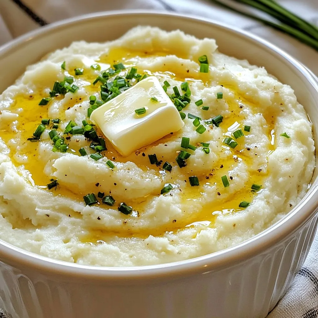 - 1 large head of cauliflower, cut into bite-sized florets - 3 cloves of garlic, minced - 1/2 cup cream cheese, softened to room temperature - 1/4 cup sour cream, for tanginess - 1/4 cup unsalted butter, cut into pieces The main ingredients create a creamy base. Cauliflower serves as a low-carb alternative to potatoes. The garlic adds a pleasant zest, while cream cheese and sour cream give the dish its rich texture. Unsalted butter helps to enhance the flavor without making it too salty. - 1/2 teaspoon salt, adjust to taste - 1/4 teaspoon freshly ground black pepper - 1/4 teaspoon garlic powder, for extra flavor - 2 tablespoons fresh chives, finely chopped (for garnish) Seasoning is key for flavor. Use salt and pepper to bring out the best in the cauliflower. Garlic powder adds a bit more punch. Chives not only add a pop of color but also a fresh taste. You can adjust salt and pepper to suit your palate. {{ingredient_image_2}} Start by bringing a large pot of water to a rolling boil. Place a steamer basket over the pot and add the cauliflower florets. Cover with a lid and steam for 10 to 12 minutes. You want the florets to be fork-tender, which means they should break apart easily when you poke them with a fork. Avoid overcooking, as that can make the cauliflower mushy. While the cauliflower is steaming, melt the unsalted butter in a small pan over medium heat. Add the minced garlic and sauté for 1 to 2 minutes. Stir it often to keep it from burning. When it turns fragrant and slightly golden, you know it’s ready. Burnt garlic can taste bitter, so watch it closely. Once the cauliflower is tender, move it to a food processor. Add the sautéed garlic and butter, cream cheese, sour cream, salt, pepper, and garlic powder. Blend until you achieve a smooth and creamy texture. You might need to stop and scrape down the sides of the bowl a few times for even mixing. If your mashed cauliflower is too thick, add a splash of milk or vegetable broth. Blend again until it reaches your desired creaminess. This step is key to getting the right texture, so don’t skip it! After blending, taste the mashed cauliflower. Adjust the seasoning with more salt, pepper, or garlic powder to enhance the flavor. To serve, transfer the dish to a shallow bowl. For a nice touch, add a pat of butter on top and sprinkle with fresh chives. This not only looks great but adds a fresh flavor too. How to steam cauliflower perfectly To steam cauliflower well, start with a large pot of water. Bring it to a rolling boil. Place a steamer basket above the pot. Add the cauliflower florets. Cover it tightly with a lid. Steam the florets for 10-12 minutes. They should be fork-tender, not mushy. This method keeps the flavors and nutrients intact. Avoiding common mistakes A common mistake is overcooking cauliflower. This can make it soggy and lose flavor. Always check for doneness with a fork. If you find it too soft, it’s overcooked. Another mistake is not using enough water. Ensure there’s enough water in the pot to create steam. Suggested additional spices You can add spices to boost flavor. Consider adding smoked paprika for a nice twist. A pinch of cayenne pepper can add heat. Fresh herbs like thyme or rosemary also work well. Combining with other flavors for variety Mix in sautéed onions or mushrooms for depth. You can also fold in cooked bacon bits for a savory touch. Try adding a splash of lemon juice for brightness. These additions can take your dish to another level. Pairing ideas with main dishes Creamy garlic mashed cauliflower pairs well with many meals. It complements grilled chicken or fish nicely. You can serve it alongside beef or pork dishes too. Creative presentation techniques For a beautiful presentation, use a shallow bowl. Add a pat of butter that melts on top. Sprinkle chives for a pop of color. You can also use a decorative spoon for serving. This makes the dish more inviting and fun. Pro Tips Use Fresh Garlic: Freshly minced garlic adds a vibrant flavor compared to pre-minced garlic, making your mashed cauliflower even more delicious. Don't Oversteam: Keep an eye on the cauliflower while steaming; overcooking can lead to a watery texture. Aim for fork-tender florets for the best results. Experiment with Seasonings: Feel free to customize the flavors by adding herbs like thyme or rosemary, or spices like smoked paprika for a unique twist. Make Ahead: This dish can be made ahead of time. Simply reheat in the microwave or on the stovetop, adding a splash of milk to restore creaminess. {{image_4}} For a dairy-free version, swap out the cream cheese and sour cream with cashew cream or coconut cream. These give a nice texture without the dairy. You can also use plant-based butter to keep it vegan. For flavor, add nutritional yeast. It brings a cheesy taste that enhances the dish. For a keto-friendly dish, keep the cauliflower as the main ingredient. Replace sour cream with heavy cream. This keeps it low in carbs. You can also add more butter for richness, but watch your portion sizes. Stay mindful of your carb intake while enjoying this creamy dish. To mix things up, try adding cheese like Parmesan or cheddar. This adds a rich flavor that many love. Fresh herbs like thyme or rosemary can also elevate the taste. You can roast the cauliflower for a smoky flavor before mashing. This small change makes a big difference in taste. After you make creamy garlic mashed cauliflower, store it well for later. Place the leftovers in an airtight container. This keeps the flavors fresh and prevents drying out. Use containers made of glass or BPA-free plastic. These materials help preserve taste and texture. To freeze mashed cauliflower, let it cool completely first. Then, transfer it to a freezer-safe container. Make sure to leave some space at the top, as it will expand when frozen. For best quality, use it within three months. To thaw, move the container to the fridge overnight. For reheating, place it in a pot over low heat, stirring often. You can add a splash of milk or broth to bring back the creaminess. Creamy garlic mashed cauliflower stays fresh in the fridge for about three to five days. Look for signs of spoilage, like a sour smell or odd texture. If you see any mold or it looks off, it's best to throw it away. Always trust your senses when it comes to food safety! How do I make creamy mashed cauliflower without dairy? You can use a plant-based cream cheese. Look for brands that use cashews or soy. You can also try coconut milk or almond milk. These options keep it creamy and tasty. Can I prepare this recipe in advance? Yes! You can make creamy garlic mashed cauliflower ahead of time. Store it in an airtight container in the fridge. Reheat it gently on the stove or in the microwave. What can I use instead of cream cheese? You can try Greek yogurt or silken tofu. Both options add creaminess and a nice texture. They also bring some tang to the dish. Why is my mashed cauliflower watery? If it’s watery, you may have added too much liquid. Try blending less liquid or letting it cook longer to remove excess moisture. You can also add a little more cream cheese to thicken it up. How do I enhance the flavor if it tastes bland? Add more salt, pepper, or garlic powder. Fresh herbs like chives or parsley can make a big difference, too. A splash of lemon juice can brighten the taste. Caloric content and health benefits Creamy garlic mashed cauliflower is lower in calories than mashed potatoes. One serving has about 100 calories. Cauliflower is rich in vitamins C and K. It also has fiber, which helps digestion. Comparing mashed cauliflower to traditional mashed potatoes Mashed cauliflower has fewer carbs than mashed potatoes. This makes it a great option for low-carb diets. Both dishes can be creamy and delicious, but cauliflower has more nutrients. This recipe for mashed cauliflower offers a tasty, healthy twist on a classic dish. We covered the essential ingredients like cauliflower, garlic, and cream cheese, plus tips for cooking and flavor adjustments. Consider variations for vegan or keto diets to suit your needs. Remember, storage and reheating can help you enjoy your leftovers. With these easy steps, you’ll create a delicious meal every time. Enjoy your cooking journey and share this recipe with friends!