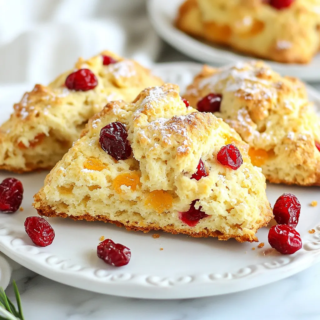 - 2 cups all-purpose flour - 1/3 cup granulated sugar - 1 tablespoon baking powder - 1/2 teaspoon fine sea salt - 1/4 cup cold unsalted butter, cubed - 1/2 cup heavy cream - 1 large egg - 1 teaspoon pure vanilla extract - 1/2 cup dried cranberries - Zest of 1 large orange - 2 tablespoons coarse sugar (for topping) When I made these cranberry orange scones, I focused on simple, fresh ingredients. The dry ingredients create the base. I start with all-purpose flour, which gives the scones their lovely structure. The granulated sugar adds sweetness. Baking powder helps them rise, while fine sea salt balances the flavors. Next, I add the wet ingredients. Cold unsalted butter adds richness. I cut it into the flour mixture until it resembles coarse crumbs. This step is key to a flaky texture. Then, I mix in heavy cream, a large egg, and vanilla extract. These make the dough moist and flavorful. Finally, I brighten the scones with flavor enhancers. Dried cranberries provide tartness, and the zest of a large orange adds a fresh, citrusy note. For a sweet finish, I sprinkle coarse sugar on top before baking. This creates a delightful crunch that contrasts with the soft scone interior. {{ingredient_image_2}} - Preheat your oven to 400°F (200°C). - Line a baking sheet with parchment paper to prevent sticking. - In a large bowl, mix together the flour, sugar, baking powder, and salt. - Add the cold, cubed butter to the flour mix. - Use a pastry cutter or your fingers to work in the butter. - The mix should look like coarse crumbs. - Gently fold in the dried cranberries and orange zest. - In a separate bowl, whisk the heavy cream, egg, and vanilla. - Pour the wet mix into the dry ingredients. - Stir gently with a spatula until just combined; some lumps are okay. - Turn the dough onto a floured surface and knead gently a few times. - Shape the dough into a round disk about 1 inch thick. - Cut the disk into 8 wedges. - Place the wedges on the baking sheet, spaced 2 inches apart. - Brush the tops with heavy cream and sprinkle with coarse sugar. - Bake for 15-20 minutes until golden. - Check with a toothpick; it should come out clean. - Let the scones cool on the baking sheet for a few minutes before transferring to a wire rack. To get the best scone, avoid overmixing the dough. Mix just enough to combine the ingredients. Lumps in the dough are okay. They help make the scones light and fluffy. Knead gently for the same reason. Too much kneading can make your scones tough. You can add fun twists to your scones. Try adding nuts like walnuts or pecans for a crunchy bite. You can also mix in spices like cinnamon or nutmeg for warmth. If you want a fresher taste, use fresh cranberries instead of dried ones. They give a burst of tartness, which is delightful. These scones shine when served warm. Pair them with clotted cream or butter for a rich treat. You can also add jam for extra sweetness. For a beautiful presentation, arrange the scones on a rustic wooden platter. Add fresh orange slices and more cranberries for color and charm. Pro Tips Chill the Butter: Ensure your butter is very cold before incorporating it into the flour. This helps create flaky layers in your scones. Don’t Overmix: Mix the dough just until combined. Overmixing can lead to tough scones instead of tender ones. Use Fresh Ingredients: For the best flavor, use fresh orange zest and high-quality dried cranberries. This enhances the overall taste of the scones. Experiment with Add-ins: Feel free to customize your scones by adding nuts, chocolate chips, or other dried fruits for a unique twist. {{image_4}} You can change the fruit in your scones. Swap cranberries for blueberries or raspberries. These fruits add a new taste and color. You can also add lemon or lime zest. This gives your scones a bright citrus twist. If you need gluten-free scones, use gluten-free flour. Almond flour or oat flour works well. For a vegan version, replace the heavy cream with coconut cream. Use a flax egg instead of a large egg. These swaps make the scones fit many diets. You can make holiday-themed scones too. Try adding spices like cinnamon or nutmeg for a festive feel. For special occasions, shape the dough into hearts or stars. These fun shapes add a personal touch to your treats. To keep your cranberry orange scones fresh, you need to store them right. Use airtight containers for the best results. This method prevents air from making them dry. Place parchment paper between layers if you stack them. This helps avoid sticking. Make sure to let the scones cool completely before you store them. Warm scones can create moisture, which is not good for storage. You can freeze your scones if you want to keep them longer. First, let them cool completely. Then, wrap each scone in plastic wrap. Place them in a freezer-safe bag or container. This way, they stay fresh for up to three months. When you're ready to eat them, thaw the scones in the fridge overnight. For a warm treat, reheat them in the oven at 350°F (175°C) for about 10 minutes. This will bring back their lovely texture. The shelf life of cranberry orange scones is about 3 to 4 days at room temperature. If stored properly in an airtight container, they can stay fresh longer. You can also place them in the fridge for up to a week. To check for freshness, look for any signs of mold or an off smell. If they feel hard or dry, it’s best to toss them. Enjoy your scones at their best! To make your scones rise higher, use fresh baking powder. It should be less than six months old. Cold butter and cold cream help too. These keep the dough cold and create steam while baking. Don't overmix; this can make the scones tough. Yes, you can replace heavy cream with milk, but the texture will change. Milk makes scones less rich and may not be as flaky. If you use milk, consider adding a bit of melted butter for extra fat. You can use unsweetened applesauce or mashed banana instead of eggs. Each egg can be replaced with 1/4 cup of applesauce. This keeps the scones moist and helps them rise. Your scones are done when they are lightly golden on top. You can check with a toothpick; it should come out clean after inserting it in the center. The edges will also feel firm to the touch. Yes, you can make the dough ahead of time. Wrap it tightly in plastic wrap and store it in the fridge for up to two days. When ready to bake, shape and cut the dough, then bake as instructed. This blog post covered how to make delicious scones. We explored the right mix of dry and wet ingredients, including flavor enhancers like cranberries and orange zest. You learned step-by-step instructions for preparation and baking. I shared tips for perfect texture and suggested variations to try. In short, enjoy baking, experimenting, and sharing your tasty creations. You now have the tools to make these scones shine!