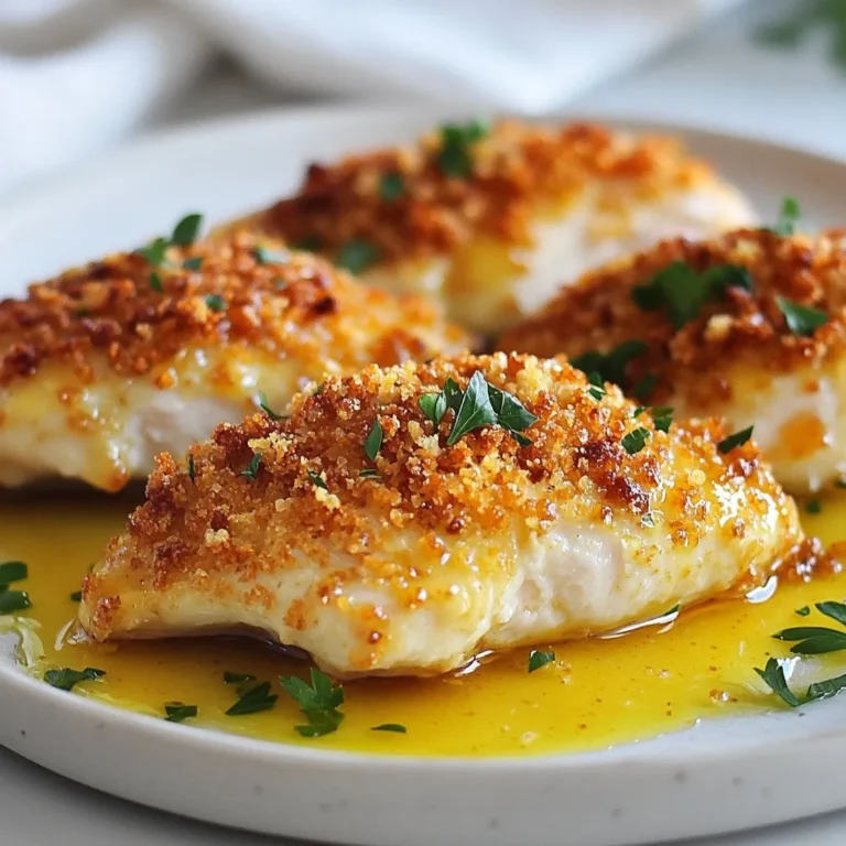 - 4 boneless, skinless chicken breasts - 1 cup crushed pretzels - 1/2 cup breadcrumbs - 2 tablespoons olive oil - 1/4 cup honey - 1/4 cup Dijon mustard - 1 teaspoon garlic powder - 1 teaspoon onion powder - Salt and pepper to taste You need these simple items to make honey mustard pretzel chicken. The chicken is the star of the dish. The crushed pretzels give a nice crunch. Breadcrumbs help make the chicken crispy. The honey and Dijon mustard add sweet and tangy flavor. Garlic powder and onion powder bring out the best taste. Don't forget salt and pepper to season! - Fresh parsley for garnish If you want to add color and flavor, fresh parsley is a great choice. It makes the dish look pretty and brightens up the plate. - Baking sheet - Parchment paper - Medium-sized mixing bowl You will need a baking sheet to bake the chicken. Parchment paper keeps it from sticking. A medium-sized mixing bowl is perfect for making the marinade. These tools help make the cooking process easy and fun! {{ingredient_image_2}} First, set your oven to 400°F (200°C). This heat will help the chicken cook evenly. Next, grab a baking sheet. Line it with parchment paper. This step keeps the chicken from sticking and makes clean-up easy. In a medium bowl, add 1/4 cup honey and 1/4 cup Dijon mustard. Whisk them together until smooth. Then, mix in 1 teaspoon garlic powder and 1 teaspoon onion powder. Don't forget to add a pinch of salt and pepper. This marinade gives the chicken a tasty kick. Grab 4 boneless, skinless chicken breasts. Place them in a shallow dish or a resealable bag. Pour the marinade over them. Make sure each piece is well coated. Let it marinate for 15-20 minutes. This time allows the chicken to soak up the flavors. While the chicken marinates, combine 1 cup crushed pretzels and 1/2 cup breadcrumbs in another bowl. This crispy mix will give the chicken a crunchy crust. After marinating, take each chicken breast out of the marinade. Let any extra marinade drip off. Dip each breast into the pretzel-breadcrumb mix. Press down to ensure the coating sticks well. Lay the coated chicken breasts on the prepared baking sheet. Drizzle 2 tablespoons of olive oil over the top of each piece. This oil helps the coating turn golden brown. Now, place the baking sheet in the oven. Bake for 20-25 minutes. Make sure the chicken reaches an internal temperature of 165°F (75°C). The coating should be golden and crispy. When done, take the chicken out of the oven. Let it rest for a few minutes. This step keeps the chicken juicy. If you like, sprinkle fresh parsley on top for a nice touch. Enjoy your honey mustard pretzel chicken! To get a crispy crust on your chicken, use crushed pretzels and breadcrumbs. Mix them well for a crunchy texture. Press the chicken into the mixture firmly to help it stick. Drizzle olive oil on top before baking. This adds flavor and helps the crust get golden brown. Marinating is key for tasty chicken. Mix honey, Dijon mustard, garlic powder, and onion powder in a bowl. Add salt and pepper for extra flavor. Coat each chicken breast evenly and let them sit in the marinade for 15-20 minutes. This step boosts flavor and makes the meat tender. To ensure your chicken is done, use a meat thermometer. The internal temperature should reach 165°F (75°C). If you don’t have a thermometer, cut into the thickest part. The juices should run clear, not pink. Let the chicken rest after baking for juicy meat. Pro Tips Marinate Longer for More Flavor: If time allows, marinate the chicken for up to 2 hours or even overnight. This will deepen the flavors and enhance the tenderness of the meat. Use Fresh Pretzels: For an extra crunchy coating, consider using freshly baked pretzels and crush them yourself. This will provide a more robust pretzel flavor and texture. Check Doneness with a Thermometer: Always use a meat thermometer to ensure your chicken has reached an internal temperature of 165°F (75°C) for safe consumption and optimal juiciness. Serve with Dipping Sauce: Enhance the dish by serving it with a side of honey mustard dipping sauce. It complements the flavors and adds an extra layer of enjoyment to your meal. {{image_4}} Oven-baked honey mustard pretzel chicken is simple and healthy. You preheat the oven to 400°F (200°C). The chicken gets a crunchy pretzel coating that keeps it juicy inside. This method is great for a classic taste. The flavors mix well, and the baking gives a lovely finish. Air-frying is a quick and smart way to cook this dish. It gives you a crispy outside with less oil. Set your air fryer to 375°F (190°C). Cook the chicken for about 15-20 minutes. Flip halfway through for even cooking. This method makes it easy and fun, with less clean-up too! You can switch up the coatings for new tastes. Try using crushed cornflakes or panko breadcrumbs for a crunchier bite. For added flavor, mix in spices like paprika or cayenne pepper. You can even add grated cheese to the pretzel mix for a cheesy twist. Explore and enjoy your unique versions! After enjoying your honey mustard pretzel chicken, let it cool down. Place leftovers in an airtight container. This keeps the chicken fresh and tasty. Store it in the fridge for up to three days. Always check for any off smells or changes in texture before eating. To reheat the chicken, preheat your oven to 350°F (175°C). Place the chicken on a baking sheet. Cover it with foil to keep it moist. Heat for about 15-20 minutes. You can also use a microwave, but it may not keep the crunch. Heat in 30-second intervals until warmed through. You can freeze leftover chicken for later. Wrap each piece tightly in plastic wrap or foil. Place the wrapped chicken in a freezer bag. Make sure to remove as much air as possible. It can stay frozen for up to three months. When ready to eat, thaw it in the fridge overnight before reheating. You should marinate the chicken for 15-20 minutes. This time allows the flavors to soak in well. The chicken becomes more tender and tasty with this step. If you have extra time, you can marinate it longer. Just be careful not to overdo it, as it may get too salty. Yes, you can use regular mustard instead of Dijon. However, it will change the flavor a bit. Dijon has a unique taste that adds depth. If you want a milder flavor, regular mustard is a good choice. Feel free to experiment and find what you like best. Many side dishes go well with honey mustard pretzel chicken. Here are a few ideas: - Roasted vegetables: Carrots, broccoli, or Brussels sprouts make a great choice. - Mashed potatoes: Creamy mashed potatoes complement the crunchy chicken. - Salads: A light salad with mixed greens adds freshness. - Rice: Serve with white or brown rice for a filling meal. These options will create a balanced and delicious dinner. In this article, we explored the key ingredients and steps for making honey mustard pretzel chicken. We discussed essential tips to achieve a crispy crust and the best ways to store leftovers. You can enjoy variations like air-fried chicken or try different coatings. Remember, marinating adds flavor and checking doneness ensures safe eating. With these easy steps, you can create a tasty dish that delights the whole family. Happy cooking!