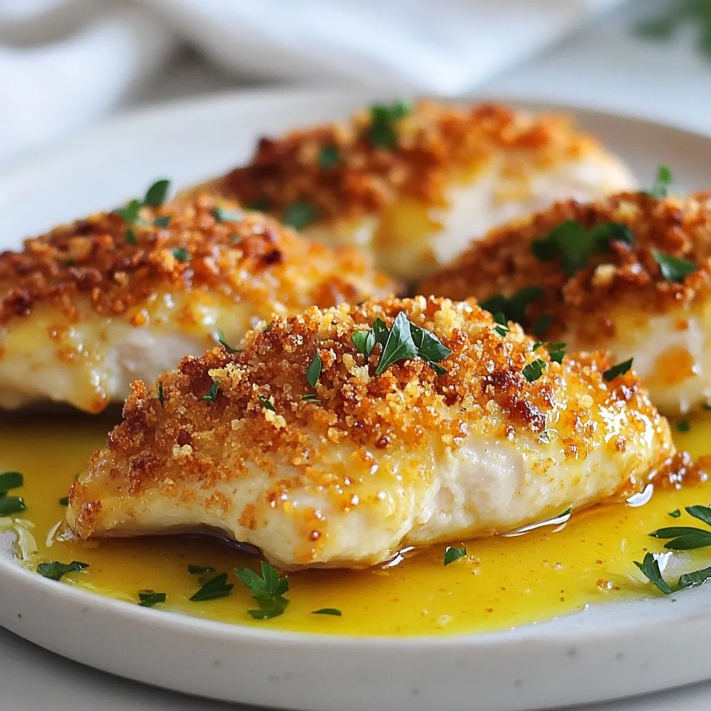 - 4 boneless, skinless chicken breasts - 1 cup crushed pretzels - 1/2 cup breadcrumbs - 2 tablespoons olive oil - 1/4 cup honey - 1/4 cup Dijon mustard - 1 teaspoon garlic powder - 1 teaspoon onion powder - Salt and pepper to taste You need these simple items to make honey mustard pretzel chicken. The chicken is the star of the dish. The crushed pretzels give a nice crunch. Breadcrumbs help make the chicken crispy. The honey and Dijon mustard add sweet and tangy flavor. Garlic powder and onion powder bring out the best taste. Don't forget salt and pepper to season! - Fresh parsley for garnish If you want to add color and flavor, fresh parsley is a great choice. It makes the dish look pretty and brightens up the plate. - Baking sheet - Parchment paper - Medium-sized mixing bowl You will need a baking sheet to bake the chicken. Parchment paper keeps it from sticking. A medium-sized mixing bowl is perfect for making the marinade. These tools help make the cooking process easy and fun! {{ingredient_image_2}} First, set your oven to 400°F (200°C). This heat will help the chicken cook evenly. Next, grab a baking sheet. Line it with parchment paper. This step keeps the chicken from sticking and makes clean-up easy. In a medium bowl, add 1/4 cup honey and 1/4 cup Dijon mustard. Whisk them together until smooth. Then, mix in 1 teaspoon garlic powder and 1 teaspoon onion powder. Don't forget to add a pinch of salt and pepper. This marinade gives the chicken a tasty kick. Grab 4 boneless, skinless chicken breasts. Place them in a shallow dish or a resealable bag. Pour the marinade over them. Make sure each piece is well coated. Let it marinate for 15-20 minutes. This time allows the chicken to soak up the flavors. While the chicken marinates, combine 1 cup crushed pretzels and 1/2 cup breadcrumbs in another bowl. This crispy mix will give the chicken a crunchy crust. After marinating, take each chicken breast out of the marinade. Let any extra marinade drip off. Dip each breast into the pretzel-breadcrumb mix. Press down to ensure the coating sticks well. Lay the coated chicken breasts on the prepared baking sheet. Drizzle 2 tablespoons of olive oil over the top of each piece. This oil helps the coating turn golden brown. Now, place the baking sheet in the oven. Bake for 20-25 minutes. Make sure the chicken reaches an internal temperature of 165°F (75°C). The coating should be golden and crispy. When done, take the chicken out of the oven. Let it rest for a few minutes. This step keeps the chicken juicy. If you like, sprinkle fresh parsley on top for a nice touch. Enjoy your honey mustard pretzel chicken! To get a crispy crust on your chicken, use crushed pretzels and breadcrumbs. Mix them well for a crunchy texture. Press the chicken into the mixture firmly to help it stick. Drizzle olive oil on top before baking. This adds flavor and helps the crust get golden brown. Marinating is key for tasty chicken. Mix honey, Dijon mustard, garlic powder, and onion powder in a bowl. Add salt and pepper for extra flavor. Coat each chicken breast evenly and let them sit in the marinade for 15-20 minutes. This step boosts flavor and makes the meat tender. To ensure your chicken is done, use a meat thermometer. The internal temperature should reach 165°F (75°C). If you don’t have a thermometer, cut into the thickest part. The juices should run clear, not pink. Let the chicken rest after baking for juicy meat. Pro Tips Marinate Longer for More Flavor: If time allows, marinate the chicken for up to 2 hours or even overnight. This will deepen the flavors and enhance the tenderness of the meat. Use Fresh Pretzels: For an extra crunchy coating, consider using freshly baked pretzels and crush them yourself. This will provide a more robust pretzel flavor and texture. Check Doneness with a Thermometer: Always use a meat thermometer to ensure your chicken has reached an internal temperature of 165°F (75°C) for safe consumption and optimal juiciness. Serve with Dipping Sauce: Enhance the dish by serving it with a side of honey mustard dipping sauce. It complements the flavors and adds an extra layer of enjoyment to your meal. {{image_4}} Oven-baked honey mustard pretzel chicken is simple and healthy. You preheat the oven to 400°F (200°C). The chicken gets a crunchy pretzel coating that keeps it juicy inside. This method is great for a classic taste. The flavors mix well, and the baking gives a lovely finish. Air-frying is a quick and smart way to cook this dish. It gives you a crispy outside with less oil. Set your air fryer to 375°F (190°C). Cook the chicken for about 15-20 minutes. Flip halfway through for even cooking. This method makes it easy and fun, with less clean-up too! You can switch up the coatings for new tastes. Try using crushed cornflakes or panko breadcrumbs for a crunchier bite. For added flavor, mix in spices like paprika or cayenne pepper. You can even add grated cheese to the pretzel mix for a cheesy twist. Explore and enjoy your unique versions! After enjoying your honey mustard pretzel chicken, let it cool down. Place leftovers in an airtight container. This keeps the chicken fresh and tasty. Store it in the fridge for up to three days. Always check for any off smells or changes in texture before eating. To reheat the chicken, preheat your oven to 350°F (175°C). Place the chicken on a baking sheet. Cover it with foil to keep it moist. Heat for about 15-20 minutes. You can also use a microwave, but it may not keep the crunch. Heat in 30-second intervals until warmed through. You can freeze leftover chicken for later. Wrap each piece tightly in plastic wrap or foil. Place the wrapped chicken in a freezer bag. Make sure to remove as much air as possible. It can stay frozen for up to three months. When ready to eat, thaw it in the fridge overnight before reheating. You should marinate the chicken for 15-20 minutes. This time allows the flavors to soak in well. The chicken becomes more tender and tasty with this step. If you have extra time, you can marinate it longer. Just be careful not to overdo it, as it may get too salty. Yes, you can use regular mustard instead of Dijon. However, it will change the flavor a bit. Dijon has a unique taste that adds depth. If you want a milder flavor, regular mustard is a good choice. Feel free to experiment and find what you like best. Many side dishes go well with honey mustard pretzel chicken. Here are a few ideas: - Roasted vegetables: Carrots, broccoli, or Brussels sprouts make a great choice. - Mashed potatoes: Creamy mashed potatoes complement the crunchy chicken. - Salads: A light salad with mixed greens adds freshness. - Rice: Serve with white or brown rice for a filling meal. These options will create a balanced and delicious dinner. In this article, we explored the key ingredients and steps for making honey mustard pretzel chicken. We discussed essential tips to achieve a crispy crust and the best ways to store leftovers. You can enjoy variations like air-fried chicken or try different coatings. Remember, marinating adds flavor and checking doneness ensures safe eating. With these easy steps, you can create a tasty dish that delights the whole family. Happy cooking!