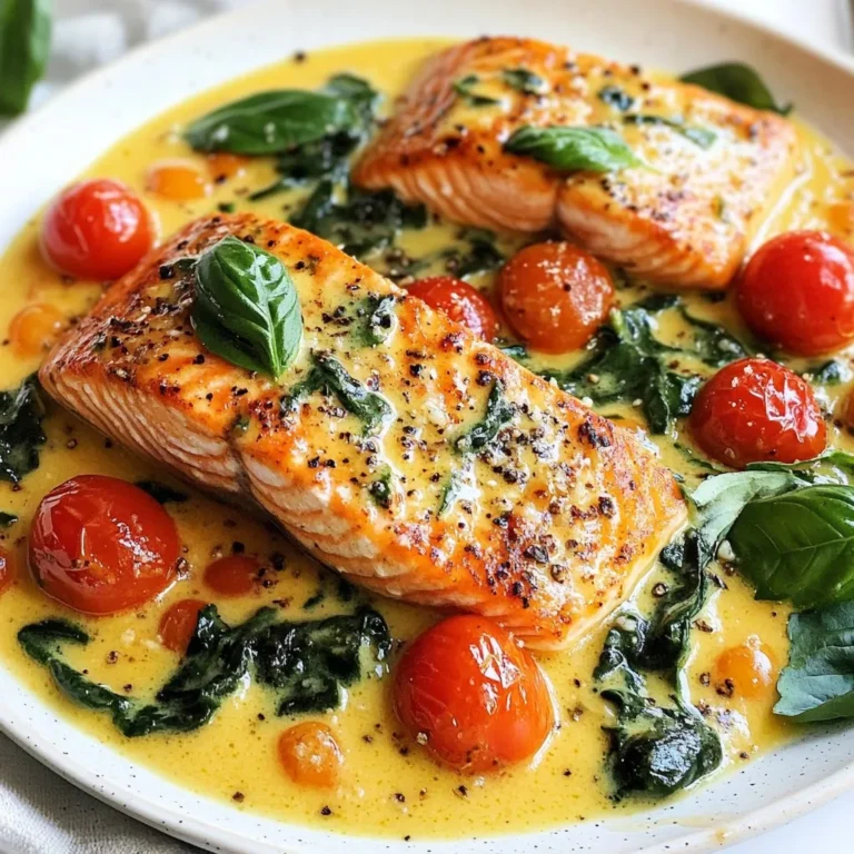 - 2 fresh salmon fillets - 3 cloves garlic, finely minced - 1 cup cherry tomatoes, halved - 1 cup fresh baby spinach leaves - Juice of 1 fresh lemon - Fresh basil leaves, for garnish Fresh ingredients are key in this dish. I love using bright cherry tomatoes and fresh spinach. They add vibrant color and rich flavor. The salmon fillets should be fresh for the best taste. Garlic brings a warm note that pairs well with the cream. - 2 tablespoons extra virgin olive oil - Sea salt and freshly cracked black pepper, to taste - 1/2 cup heavy whipping cream - 1/4 cup freshly grated Parmesan cheese - 1 teaspoon Italian seasoning blend These pantry staples make cooking easy. Extra virgin olive oil adds richness and depth. Heavy cream creates that velvety texture we crave. Parmesan cheese brings a salty, nutty flavor that enhances the dish. Italian seasoning ties everything together with its herbs. - Fresh basil leaves Garnishing with fresh basil makes your dish pop. It adds a lovely aroma and bright color. You can also sprinkle extra Parmesan on top for more flavor. A slice of lemon on the side adds a nice touch, too. Enjoy the beautiful presentation! {{ingredient_image_2}} First, you need to prepare the salmon. Pat the salmon fillets dry with a paper towel. This step helps to create a nice sear later. Next, season both sides with sea salt and freshly cracked black pepper. This will enhance the salmon's flavor. Now, let’s sear the salmon. In a large, non-stick skillet, heat two tablespoons of extra virgin olive oil over medium-high heat. You want the oil to shimmer but not smoke. Carefully add the salmon fillets skin-side down. Sear them for about 4-5 minutes on each side. The salmon should turn golden brown. Once cooked, remove the salmon from the skillet and place it on a warm plate. Keeping it warm helps retain its juicy flavor. Now it's time to make the sauce. First, reduce the heat to medium without cleaning the skillet. Add 3 cloves of finely minced garlic. Sauté the garlic for about 1 minute until it is fragrant. Be careful not to let it burn. Next, add 1 cup of halved cherry tomatoes. Cook these for another 2-3 minutes. This allows the tomatoes to soften and release their juices. After the tomatoes, add 1 cup of fresh baby spinach leaves. Stir gently and cook for just 1-2 minutes. You want the spinach to wilt and become bright green. This step adds both flavor and color to your dish. Lower the heat again and pour in 1/2 cup of heavy whipping cream. Add 1/4 cup of freshly grated Parmesan cheese and 1 teaspoon of Italian seasoning. Stir continuously until the cheese melts into the sauce. The sauce should become creamy and velvety. Next, squeeze the juice of 1 fresh lemon into the sauce. Mix everything well to combine the flavors. Finally, gently return the seared salmon fillets to the skillet. Spoon the creamy sauce over each piece to coat them. Allow the dish to simmer for 2-3 minutes. This helps all the flavors meld beautifully. Now you’re ready to serve this delightful dish! To get the best texture for your salmon, choose fresh fillets. When you season, be sure to use sea salt and cracked black pepper. This adds great flavor. Sear the salmon skin-side down first. Cook it for 4-5 minutes without moving it. This helps create a nice crust. Flip it gently and cook for another 4-5 minutes. Remove it when it is golden brown and cooked through. You can change up this recipe easily. For a spicy kick, add red pepper flakes to the sauce. You can also use sun-dried tomatoes instead of fresh cherry tomatoes. They add a deeper flavor. If you want a herb twist, try adding fresh dill or parsley. Each change brings a new taste to your dish! To make this dish, use a large non-stick skillet. This helps prevent sticking and makes the cleanup easy. A good pair of tongs will help you flip the salmon safely. A sharp knife is key for mincing garlic and cutting tomatoes. Lastly, use a citrus juicer for getting the lemon juice out easily. These tools make cooking smooth and fun! Pro Tips Fresh Ingredients Matter: Use the freshest salmon and spinach you can find for the best flavor and texture. Fresh ingredients enhance the overall dish significantly. Perfectly Sear Your Salmon: Ensure your skillet is hot enough before adding the salmon. This helps to achieve a beautiful crust while keeping the inside tender and juicy. Customize the Sauce: Feel free to adjust the creaminess of the sauce by adding more or less heavy cream. You can also experiment with different cheeses for unique flavors. Garnish for Color and Flavor: Always garnish with fresh herbs, like basil, just before serving. This not only adds a pop of color but also enhances the aroma and taste. {{image_4}} If you don't have salmon, you can use other fish. Good options are trout or tilapia. Both fish cook well and taste great with the creamy sauce. You can also use chicken breast if you prefer poultry. Just make sure to adjust the cooking time for chicken, as it takes longer to cook. Heavy cream adds richness, but you can lighten it up. Try using half-and-half to cut calories. For a dairy-free option, coconut cream works nicely. It gives a hint of sweetness and pairs well with the other flavors. You can also use Greek yogurt for a tangy twist. Mix it in at the end for a creamy texture. Adding more veggies boosts nutrition and flavor. Zucchini or bell peppers are great choices. Just chop them and sauté them with the garlic and tomatoes. You could also add mushrooms for an earthy taste. If you like a bit of heat, toss in some red pepper flakes. This makes the dish even more exciting! To store leftover creamy Tuscan salmon, first, let it cool down. This helps prevent steam buildup. Place the salmon in an airtight container. Make sure to cover it well to keep it fresh. You can store it in the fridge for up to three days. When you're ready to eat, take the salmon out of the fridge. Preheat your oven to 350°F (175°C). Place the salmon in a baking dish, adding a splash of cream to keep it moist. Cover with foil to prevent drying. Heat for about 15-20 minutes, or until warmed through. You can also reheat it in a skillet over low heat. Stir gently to avoid breaking up the salmon. If you want to freeze creamy Tuscan salmon, do so right after cooking. Let it cool completely, then wrap it tightly in plastic wrap or foil. Place it in a freezer-safe bag. Be sure to remove as much air as possible. You can freeze it for up to three months. To thaw, move it to the fridge overnight. Once thawed, follow the reheating instructions to enjoy it again! Yes, you can use frozen salmon. Thaw it first in the fridge overnight. This helps the salmon cook evenly. Once thawed, pat it dry and season it just like fresh salmon. The taste and texture will still be great! I love serving this dish with simple sides. Here are some tasty options: - Garlic bread for dipping in the creamy sauce. - Steamed rice or quinoa to soak up the flavors. - A fresh salad with a light vinaigrette. - Roasted vegetables for a colorful plate. Making this recipe gluten-free is easy! Just check the labels on your ingredients. Use gluten-free pasta instead of regular pasta if you want a heartier side. All other ingredients in this dish are naturally gluten-free. Enjoy the creamy goodness without worry! This blog post covered the key steps to make creamy Tuscan salmon. You learned about fresh ingredients, handy pantry items, and tasty garnishes. We detailed how to prepare the salmon and cook the sauce to get the best flavor. Tips for perfect texture and tools to use were shared. I also discussed variations to fit your taste and how to store leftovers. Now, you can create a delicious dish with ease. Enjoy cooking this recipe and make it your own!
