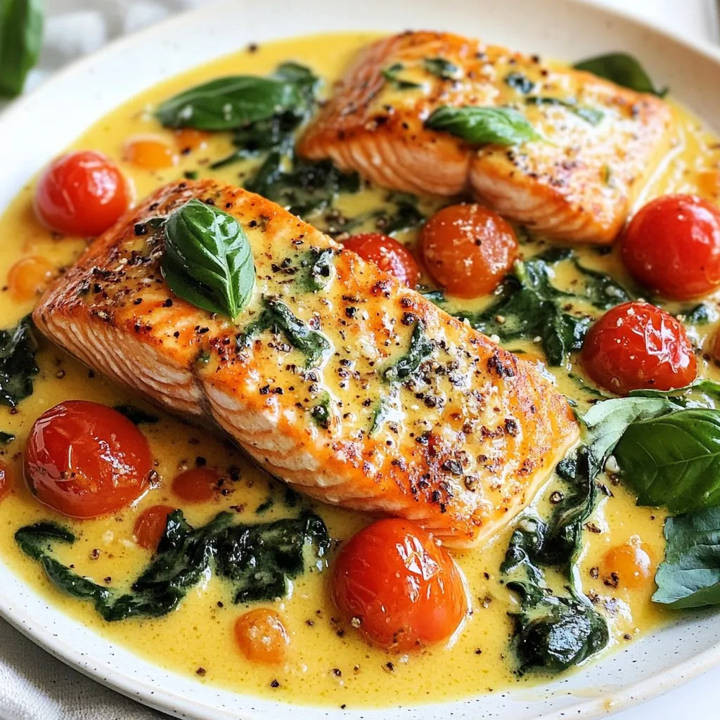 - 2 fresh salmon fillets - 3 cloves garlic, finely minced - 1 cup cherry tomatoes, halved - 1 cup fresh baby spinach leaves - Juice of 1 fresh lemon - Fresh basil leaves, for garnish Fresh ingredients are key in this dish. I love using bright cherry tomatoes and fresh spinach. They add vibrant color and rich flavor. The salmon fillets should be fresh for the best taste. Garlic brings a warm note that pairs well with the cream. - 2 tablespoons extra virgin olive oil - Sea salt and freshly cracked black pepper, to taste - 1/2 cup heavy whipping cream - 1/4 cup freshly grated Parmesan cheese - 1 teaspoon Italian seasoning blend These pantry staples make cooking easy. Extra virgin olive oil adds richness and depth. Heavy cream creates that velvety texture we crave. Parmesan cheese brings a salty, nutty flavor that enhances the dish. Italian seasoning ties everything together with its herbs. - Fresh basil leaves Garnishing with fresh basil makes your dish pop. It adds a lovely aroma and bright color. You can also sprinkle extra Parmesan on top for more flavor. A slice of lemon on the side adds a nice touch, too. Enjoy the beautiful presentation! {{ingredient_image_2}} First, you need to prepare the salmon. Pat the salmon fillets dry with a paper towel. This step helps to create a nice sear later. Next, season both sides with sea salt and freshly cracked black pepper. This will enhance the salmon's flavor. Now, let’s sear the salmon. In a large, non-stick skillet, heat two tablespoons of extra virgin olive oil over medium-high heat. You want the oil to shimmer but not smoke. Carefully add the salmon fillets skin-side down. Sear them for about 4-5 minutes on each side. The salmon should turn golden brown. Once cooked, remove the salmon from the skillet and place it on a warm plate. Keeping it warm helps retain its juicy flavor. Now it's time to make the sauce. First, reduce the heat to medium without cleaning the skillet. Add 3 cloves of finely minced garlic. Sauté the garlic for about 1 minute until it is fragrant. Be careful not to let it burn. Next, add 1 cup of halved cherry tomatoes. Cook these for another 2-3 minutes. This allows the tomatoes to soften and release their juices. After the tomatoes, add 1 cup of fresh baby spinach leaves. Stir gently and cook for just 1-2 minutes. You want the spinach to wilt and become bright green. This step adds both flavor and color to your dish. Lower the heat again and pour in 1/2 cup of heavy whipping cream. Add 1/4 cup of freshly grated Parmesan cheese and 1 teaspoon of Italian seasoning. Stir continuously until the cheese melts into the sauce. The sauce should become creamy and velvety. Next, squeeze the juice of 1 fresh lemon into the sauce. Mix everything well to combine the flavors. Finally, gently return the seared salmon fillets to the skillet. Spoon the creamy sauce over each piece to coat them. Allow the dish to simmer for 2-3 minutes. This helps all the flavors meld beautifully. Now you’re ready to serve this delightful dish! To get the best texture for your salmon, choose fresh fillets. When you season, be sure to use sea salt and cracked black pepper. This adds great flavor. Sear the salmon skin-side down first. Cook it for 4-5 minutes without moving it. This helps create a nice crust. Flip it gently and cook for another 4-5 minutes. Remove it when it is golden brown and cooked through. You can change up this recipe easily. For a spicy kick, add red pepper flakes to the sauce. You can also use sun-dried tomatoes instead of fresh cherry tomatoes. They add a deeper flavor. If you want a herb twist, try adding fresh dill or parsley. Each change brings a new taste to your dish! To make this dish, use a large non-stick skillet. This helps prevent sticking and makes the cleanup easy. A good pair of tongs will help you flip the salmon safely. A sharp knife is key for mincing garlic and cutting tomatoes. Lastly, use a citrus juicer for getting the lemon juice out easily. These tools make cooking smooth and fun! Pro Tips Fresh Ingredients Matter: Use the freshest salmon and spinach you can find for the best flavor and texture. Fresh ingredients enhance the overall dish significantly. Perfectly Sear Your Salmon: Ensure your skillet is hot enough before adding the salmon. This helps to achieve a beautiful crust while keeping the inside tender and juicy. Customize the Sauce: Feel free to adjust the creaminess of the sauce by adding more or less heavy cream. You can also experiment with different cheeses for unique flavors. Garnish for Color and Flavor: Always garnish with fresh herbs, like basil, just before serving. This not only adds a pop of color but also enhances the aroma and taste. {{image_4}} If you don't have salmon, you can use other fish. Good options are trout or tilapia. Both fish cook well and taste great with the creamy sauce. You can also use chicken breast if you prefer poultry. Just make sure to adjust the cooking time for chicken, as it takes longer to cook. Heavy cream adds richness, but you can lighten it up. Try using half-and-half to cut calories. For a dairy-free option, coconut cream works nicely. It gives a hint of sweetness and pairs well with the other flavors. You can also use Greek yogurt for a tangy twist. Mix it in at the end for a creamy texture. Adding more veggies boosts nutrition and flavor. Zucchini or bell peppers are great choices. Just chop them and sauté them with the garlic and tomatoes. You could also add mushrooms for an earthy taste. If you like a bit of heat, toss in some red pepper flakes. This makes the dish even more exciting! To store leftover creamy Tuscan salmon, first, let it cool down. This helps prevent steam buildup. Place the salmon in an airtight container. Make sure to cover it well to keep it fresh. You can store it in the fridge for up to three days. When you're ready to eat, take the salmon out of the fridge. Preheat your oven to 350°F (175°C). Place the salmon in a baking dish, adding a splash of cream to keep it moist. Cover with foil to prevent drying. Heat for about 15-20 minutes, or until warmed through. You can also reheat it in a skillet over low heat. Stir gently to avoid breaking up the salmon. If you want to freeze creamy Tuscan salmon, do so right after cooking. Let it cool completely, then wrap it tightly in plastic wrap or foil. Place it in a freezer-safe bag. Be sure to remove as much air as possible. You can freeze it for up to three months. To thaw, move it to the fridge overnight. Once thawed, follow the reheating instructions to enjoy it again! Yes, you can use frozen salmon. Thaw it first in the fridge overnight. This helps the salmon cook evenly. Once thawed, pat it dry and season it just like fresh salmon. The taste and texture will still be great! I love serving this dish with simple sides. Here are some tasty options: - Garlic bread for dipping in the creamy sauce. - Steamed rice or quinoa to soak up the flavors. - A fresh salad with a light vinaigrette. - Roasted vegetables for a colorful plate. Making this recipe gluten-free is easy! Just check the labels on your ingredients. Use gluten-free pasta instead of regular pasta if you want a heartier side. All other ingredients in this dish are naturally gluten-free. Enjoy the creamy goodness without worry! This blog post covered the key steps to make creamy Tuscan salmon. You learned about fresh ingredients, handy pantry items, and tasty garnishes. We detailed how to prepare the salmon and cook the sauce to get the best flavor. Tips for perfect texture and tools to use were shared. I also discussed variations to fit your taste and how to store leftovers. Now, you can create a delicious dish with ease. Enjoy cooking this recipe and make it your own!