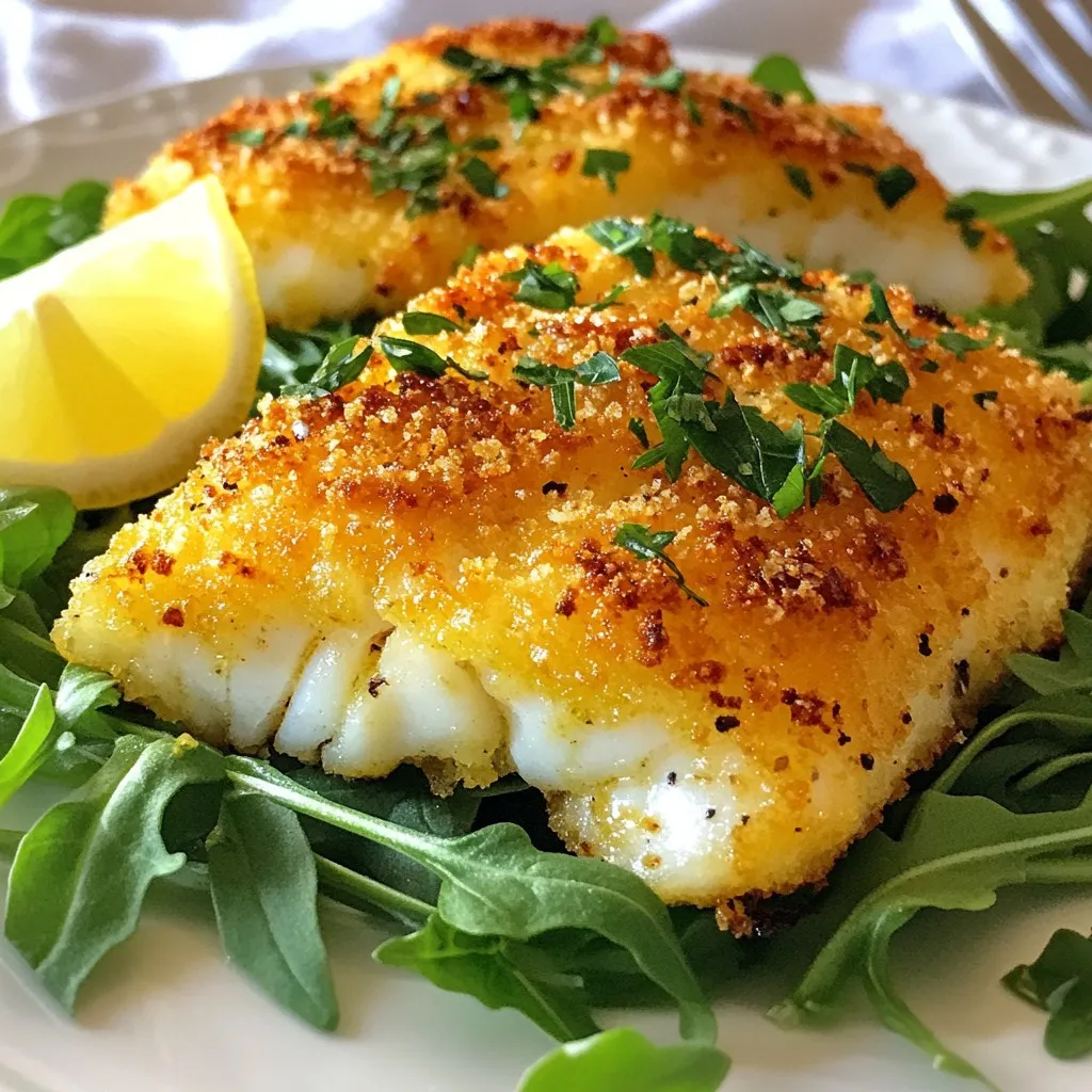 - 4 cod fillets (approximately 6 oz each) - 1 cup finely grated Parmesan cheese - 1 cup panko breadcrumbs - 2 teaspoons garlic powder - 1 teaspoon onion powder - 1 teaspoon dried parsley - 1 teaspoon freshly grated lemon zest - Salt and pepper, to taste - 1/4 cup all-purpose flour - 2 large eggs, beaten until frothy - 2 tablespoons extra virgin olive oil - Lemon wedges, for serving Crispy Parmesan crusted cod is full of flavor and easy to make. You start with fresh cod fillets. I love using cod because it cooks well and tastes great. The Parmesan cheese gives a rich flavor and a nice, crispy texture. Panko breadcrumbs add extra crunch, making this dish so satisfying. Next, I mix garlic powder, onion powder, dried parsley, and lemon zest into the breadcrumb mixture. These spices lift the flavor, making each bite delicious. I also add salt and pepper to balance the taste. For the breading process, I prepare three plates. One has flour, the second has beaten eggs, and the last has the Parmesan-panko mix. This setup makes it easy to coat the fish evenly. Remember, fresh lemon wedges are a must. They add a bright kick that pairs perfectly with the fish. This dish is a simple way to impress anyone at your table! {{ingredient_image_2}} - Preheat your oven to 400°F (200°C). - Line a baking sheet with parchment paper to prevent sticking. - In a shallow dish, combine 1 cup of finely grated Parmesan cheese, 1 cup of panko breadcrumbs, 2 teaspoons of garlic powder, 1 teaspoon of onion powder, 1 teaspoon of dried parsley, and 1 teaspoon of freshly grated lemon zest. - Mix these ingredients thoroughly until well combined. - Set up your breading station. Use one shallow plate for 1/4 cup of all-purpose flour, another for 2 large beaten eggs, and a third for the Parmesan-panko mixture. - Pat the cod fillets dry with paper towels. This helps the coating stick better. Season both sides with salt and pepper. - Take each cod fillet. First, dredge it in the flour, shaking off any excess. Then dip it into the beaten eggs, letting any extra drip off. Lastly, coat the fillet in the Parmesan-panko mixture, pressing lightly to make it stick. - In a large skillet, heat 2 tablespoons of extra virgin olive oil over medium heat. - Once the oil shimmers, carefully place the coated cod fillets in the skillet. Cook for about 2-3 minutes on each side. You want them to turn a rich golden brown and be crispy. - After searing, transfer the crispy cod fillets onto the prepared baking sheet. Place the baking sheet in your preheated oven. Bake for about 10 minutes. The fish should be opaque and flake easily with a fork. To ensure the coating sticks well, start with dry cod fillets. Use paper towels to remove moisture. Season both sides with salt and pepper before breading. This simple step helps the coating cling better. For the right crispiness, use a mix of panko breadcrumbs and Parmesan cheese. Panko gives a light and airy crunch. Press the coating onto the fish gently. This helps it stick well during cooking. For a beautiful presentation, serve the cod on a bed of fresh greens, like arugula or mixed salad. This adds color and freshness to your dish. Garnish with chopped parsley and lemon wedges. The lemon adds a zesty touch. Pair your crispy cod with sides like roasted vegetables or a light rice dish. These complement the flavors and keep the meal balanced. Don't forget to add a wedge of lemon to brighten the flavors even more! Pro Tips Keep the Cod Dry: Patting the cod fillets dry with paper towels before seasoning helps the breading adhere better and ensures a crispier texture. Use Fresh Ingredients: For the best flavor, opt for freshly grated Parmesan cheese and freshly grated lemon zest instead of pre-packaged versions. Monitor Oil Temperature: Ensure the oil is hot enough before adding the fish. If the oil is too cool, the crust will absorb excess oil and become soggy. Broil for Extra Crispiness: If you like an extra crispy finish, you can broil the cod for the last 1-2 minutes of baking, keeping a close eye to prevent burning. {{image_4}} You can swap cod for other white fish. Options like haddock, tilapia, or pollock work well too. Each type of fish brings a different taste. Haddock gives a slightly sweeter flavor. Tilapia offers a mild taste that pairs nicely with the crust. Pollock is often found in fish sticks and has a flaky texture. For flavor variations, try adding spices. A pinch of cayenne can add heat. For a smoky twist, use smoked paprika. You can also mix in fresh herbs like dill or basil for a fresh taste. Experimenting with flavors makes this dish your own. If you need a gluten-free option, substitute panko with gluten-free breadcrumbs. Almond flour or crushed rice crackers also work great. They keep the crispy texture without the gluten. For dairy alternatives, use nutritional yeast instead of Parmesan for a cheesy flavor. You can also try a dairy-free cheese that melts well. These swaps keep the dish tasty while meeting dietary needs. Enjoy these variations while staying true to your preferences. After enjoying your crispy Parmesan crusted cod, let any leftovers cool. Place them in an airtight container. For best results, store them in the fridge. They will stay fresh for up to 2 days. Remember, the crust can lose its crunch in the fridge. To help, try placing a paper towel in the container. This absorbs excess moisture and helps keep the crust crispy. To bring back the crispy texture, I suggest oven reheating. Preheat your oven to 350°F (175°C). Place the cod on a baking sheet. Bake for about 10 minutes. This gentle heat helps restore crispiness without drying out the fish. Another option is using an air fryer. Set it to 350°F (175°C) and cook for 5-7 minutes. Both methods work well to enjoy your dish again! Yes, you can prepare the cod ahead of time. To store, let the cooked cod cool first. Place it in an airtight container. It can stay fresh in the fridge for up to three days. When you are ready to eat, reheat it in the oven. Set the oven to 350°F (175°C). Bake for about 10-15 minutes. This keeps the coating crispy. You have many tasty options for side dishes. Here are some great ideas: - Roasted vegetables, like broccoli or carrots - Creamy mashed potatoes - Fresh arugula or mixed greens salad - Steamed rice or quinoa - Garlic bread for a crunchy touch These sides will balance the meal and add color to your plate. To check if the cod is done, look for a few signs. The fish should be opaque and flake easily with a fork. The internal temperature should reach 145°F (63°C). If you do not have a thermometer, just make sure it looks white and not translucent. This means it is ready to enjoy! You now have all the tools to make Crispy Parmesan Crusted Cod. We covered key ingredients, from cod to seasonings. I shared step-by-step instructions for cooking and tips for perfecting the coating. You can also explore variations and adapt to different diets. Lastly, I helped with storage and reheating. Enjoy making this dish and impress your family. Happy cooking!