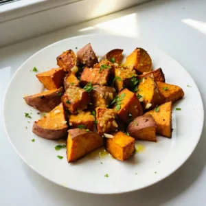 - 4 medium-sized sweet potatoes - 4 tablespoons extra virgin olive oil - 4 cloves garlic - 1/2 cup freshly grated Parmesan cheese - 1 teaspoon dried oregano - 1 teaspoon smoked paprika - Sea salt and black pepper - Fresh parsley Sweet potatoes are the star of this dish. Their natural sweetness pairs well with flavors like garlic and cheese. Olive oil makes everything crispy and rich. Garlic adds a strong, tasty punch. Parmesan cheese gives a salty, nutty flavor that completes the dish. When it comes to seasoning, dried oregano brings a warm, earthy taste. Smoked paprika adds a hint of smokiness that elevates the dish. Salt and pepper enhance all the flavors, making them pop. Finally, fresh parsley adds a burst of color and freshness, making the dish look and taste even better. By using these ingredients, you create a mix of flavors that dance together. Each bite offers sweetness, saltiness, and a touch of spice. You will love how easy it is to make this dish special with just a few key ingredients. {{ingredient_image_2}} - First, preheat your oven to 425°F (220°C). - Line a large baking sheet with parchment paper. This helps with clean-up later. - In a big bowl, add the sweet potatoes. Then pour in the olive oil. - Add the minced garlic, dried oregano, smoked paprika, and a pinch of salt and pepper. - Use your hands or a spatula to mix well. Make sure each sweet potato cube gets coated in oil and spices. This gives them a great flavor! - Spread the sweet potatoes onto the lined baking sheet. Leave space between each cube. - Roast in the oven for 25-30 minutes. Flip the cubes halfway through cooking. This helps them cook evenly. - In the last 5 minutes, sprinkle the Parmesan cheese over the sweet potatoes. Let it melt and get crispy. - Once they look golden and crispy, take them out and let them cool for a few minutes. To get the best results, set your oven to 425°F (220°C). This high heat brings out the natural sweetness in the potatoes. It also helps create that crispy texture we all love. Spacing is key. When you spread the sweet potatoes on the baking sheet, make sure they are not crowded. Each piece needs room to breathe. Proper spacing allows hot air to flow around each cube. This way, they roast evenly and turn golden brown. Want to amp up the flavor? Try adding more spices. A pinch of cayenne pepper can add heat. Or sprinkle in some garlic powder for an extra garlic kick. You can also swap the Parmesan for other cheeses. Cheddar gives a sharp flavor, while feta adds a tangy twist. Explore your options and find what excites your taste buds. When it comes to plating, make it fun! Serve the roasted sweet potatoes on a large platter. Drizzle any extra olive oil from the baking sheet over the top. This adds flavor and makes it look nice. These sweet potatoes pair well with many dishes. Serve them alongside grilled chicken or fish. They also go great with a fresh salad. This makes for a colorful and tasty meal. Pro Tips Choose the Right Sweet Potatoes: Look for firm, smooth-skinned sweet potatoes. Avoid any that are soft or have blemishes for the best texture and flavor. Don't Skip the Olive Oil: Properly coating the sweet potatoes in olive oil is essential for achieving that crispy exterior. Don’t be shy with the oil! Experiment with Cheese: While Parmesan adds a lovely flavor, you can also try other cheeses like feta or aged cheddar for a delicious twist. Garnish for Flavor: A sprinkle of fresh herbs like thyme or rosemary can elevate the dish. Try incorporating them along with the parsley for a more complex flavor profile. {{image_4}} You can change the flavors of garlic Parmesan roasted sweet potatoes with different toppings. Adding fresh herbs enhances the dish. Try thyme or rosemary for a fragrant twist. Just sprinkle them on before roasting. You can also swap out the Parmesan for other cheese types. Feta or goat cheese adds a tangy kick. Cheddar gives a sharp flavor that pairs well with sweet potatoes. Experiment to find your favorite mix! If you want a faster way to cook, try air frying. Cut the sweet potatoes smaller, about half an inch. Toss with the oil and spices, then place them in the air fryer. Cook at 400°F for about 15-20 minutes. Shake the basket halfway through for even cooking. Grilling sweet potatoes is another fun option. Slice them into thick rounds. Brush with olive oil and season as you like. Grill over medium heat for about 10-15 minutes on each side. This method brings a nice smoky flavor. If you don’t have sweet potatoes, use other root veggies. Carrots, parsnips, or beets can work well. Cut them into similar-sized pieces and follow the same steps. You can also use butternut squash. Peel and cube it, then season just like you would with sweet potatoes. The taste will be sweet and nutty, which is delicious! To keep your garlic Parmesan roasted sweet potatoes fresh, store them in airtight containers. This helps lock in flavor and moisture. Make sure to let them cool before sealing them up. You can keep them in the fridge for up to four days. If you notice any signs of spoilage, it's best to toss them out. When you're ready to enjoy leftovers, reheating is key. The best way to reheat these sweet potatoes is in the oven. Preheat it to 375°F (190°C) and spread the sweet potatoes on a baking sheet. This helps maintain their crispy texture. Bake for about 10-15 minutes or until hot. Avoid using the microwave, as it can make them soggy. For extra crispiness, you can broil them for a minute or two at the end. Enjoy them warm and crispy! If you want a vegan option, try nutritional yeast. It gives a cheesy flavor without dairy. You can also use other hard cheeses like Pecorino Romano or Grana Padano. Both add a nice salty taste. Yes, you can prep sweet potatoes a day ahead. Just cut them and toss them with oil and spices. Store them in an airtight container in the fridge. This way, they are ready to roast when you are. Roast sweet potatoes for about 25-30 minutes. They should be tender inside and crispy outside. Flip them halfway through for even cooking. When the edges are golden, they’re done! This blog post explored how to prepare delicious roasted sweet potatoes. You learned about key ingredients like sweet potatoes, garlic, and Parmesan cheese. I shared clear steps to roast them perfectly, plus tips for flavor and serving. You can even try different toppings or cooking methods. Store leftovers well and reheat to keep them crispy. Roasted sweet potatoes are versatile and tasty, making them a great addition to any meal. Enjoy the process, and have fun experimenting with flavor!