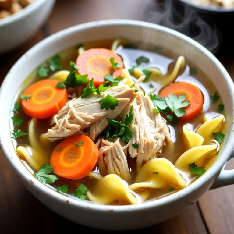 To make the best Instant Pot Chicken Noodle Soup, gather these simple ingredients: - 1 lb boneless, skinless chicken breasts - 8 cups low-sodium chicken broth - 2 cups egg noodles - 1 large onion, diced - 3 cloves garlic, minced - 3 medium carrots, sliced - 2 stalks celery, diced - 1 teaspoon dried thyme - 1 teaspoon dried oregano - 1 bay leaf - 1 tablespoon olive oil - Salt and pepper to taste - Fresh parsley, chopped (for garnish) - Juice of 1 lemon (optional for brightness) These ingredients create a warm, soothing soup. The chicken gives protein, while the broth brings deep flavor. The egg noodles add a nice texture, making every bite comforting. Fresh veggies like carrots and celery add color and crunch. Herbs like thyme and oregano enhance the taste. Using low-sodium broth helps control salt levels. You can adjust the seasoning to fit your taste. Optional lemon juice adds a bright touch at the end. Fresh parsley not only looks pretty, but it also adds fresh flavor. Now that we have our ingredients ready, we can move on to making this delicious soup. {{ingredient_image_2}} Sautéing the Vegetables First, set your Instant Pot to "Sauté." When it shows hot, add 1 tablespoon of olive oil. Toss in 1 large, diced onion. Cook it for about 3-4 minutes. Wait until it turns soft and fragrant. Then add 3 cloves of minced garlic, 3 sliced carrots, and 2 diced celery stalks. Keep cooking for another 2-3 minutes. Stir often until the veggies start to soften. Nesting the Chicken Next, carefully place 1 pound of boneless, skinless chicken breasts into the pot. Make sure the chicken is nestled among the veggies. This helps the flavors blend well. Mixing in Broth and Spices Now, pour in 8 cups of low-sodium chicken broth. Sprinkle in 1 teaspoon of dried thyme, 1 teaspoon of dried oregano, and add 1 bay leaf. Don’t forget to season with salt and pepper. Stir gently to mix everything well. Setting Time and Pressure Level Seal the Instant Pot lid tightly. Ensure the vent is set to sealed. Choose "Manual" or "Pressure Cook" mode. Set the cooking time to 10 minutes at high pressure. Natural and Quick Release Methods When the timer goes off, let the pot release pressure naturally for 5 minutes. After that, switch to quick release to let out any remaining steam. Be careful when opening the lid. Shredding the Chicken Once it’s safe, take out the chicken breasts using tongs. Shred the chicken into bite-sized pieces with two forks. Return the shredded chicken back into the pot. Adding Egg Noodles Stir in 2 cups of egg noodles. Switch the Instant Pot back to "Sauté" mode. Let the soup simmer for about 5-7 minutes. This will cook the noodles to your liking. Adjusting Seasoning and Serving Taste the soup and adjust the seasoning with more salt or pepper if needed. If you want a bright flavor, add the juice of 1 lemon now. Serve the soup hot, and top each bowl with chopped fresh parsley. Enjoy a warm, hearty dish! Selecting Quality Chicken Always start with good chicken. I prefer boneless, skinless chicken breasts. They cook fast and stay tender. Look for chicken that is fresh and free from added hormones. This choice ensures a healthier and tastier soup. Broth Choices for Best Flavor Broth is key to flavor. I use low-sodium chicken broth for control over salt. You can also make your own broth for a richer taste. Homemade broth adds depth and warmth to your soup. Avoiding Common Mistakes To avoid burning, sauté veggies carefully. Don’t skip the sauté step; it builds flavor. Ensure the lid is sealed tightly before cooking. This prevents spills and ensures even cooking. Timing for Different Noodle Types Egg noodles cook quickly. They usually need about 5-7 minutes in the soup. If using thicker noodles, like fettuccine, adjust the time to 8-10 minutes. Always check the package for guidance. Herbs and Spices to Experiment With Don’t be shy with herbs! Thyme and oregano work well, but try adding rosemary or basil. These herbs can elevate your soup and make it unique. A pinch of red pepper flakes adds a nice kick too. Adding Extra Veggies or Proteins Feel free to boost nutrition by adding more vegetables. Spinach or peas can add color and taste. If you want more protein, shredded rotisserie chicken is a great option. Mix it in just before serving for a quick boost. Pro Tips Use Homemade Broth: If you have the time, making your own chicken broth will elevate the flavors of your soup significantly. Adjust Noodle Cooking Time: For firmer noodles, add them later in the cooking process or reduce simmer time; they continue to cook in the residual heat. Add Greens: Consider adding spinach or kale for extra nutrients. Stir them in just before serving to keep them vibrant and fresh. Store Properly: If you have leftovers, store the noodles separately to prevent them from becoming mushy; reheat with a splash of broth. {{image_4}} If you need a gluten-free soup, swap egg noodles for gluten-free noodles. Many brands offer great options that taste good. You can also use rice instead of noodles. This way, you keep the comfort but skip the gluten. To make this soup low in sodium, use low-sodium broth. You can also cut back on added salt. Taste as you go. This helps you enjoy a tasty meal without too much sodium. Want some heat? Add red pepper flakes or diced jalapeños when you sauté the veggies. This small change will give your soup a nice kick. You can also serve it with hot sauce on the side. For a creamy twist, mix in some heavy cream or whole milk after cooking. This makes the soup rich and smooth. Stir it in just before serving for the best taste. Got leftover turkey? Feel free to use it instead of chicken. Just shred it up and add it when you mix in the noodles. The flavor will still be amazing! You can go meatless by using vegetable broth and adding your favorite veggies. Zucchini noodles or spiralized veggies work well here. They add color and crunch to your soup. For storing leftover soup, follow these tips: - Let the soup cool to room temperature. - Store it in airtight containers. - Divide into smaller portions for easy access. I recommend using glass or BPA-free plastic containers. These keep the soup fresh longer and are safe for the microwave. To freeze your soup: - Make sure it’s completely cool. - Pour the soup into freezer-safe bags or containers. - Leave some space for the soup to expand. When you want to eat it, thaw it in the fridge overnight. Reheat it on the stove or in the microwave. Stir well to mix everything evenly. Chicken noodle soup lasts: - In the fridge: 3-4 days. - In the freezer: up to 3 months. Check for any signs of spoilage, like off smells or strange colors. Always trust your senses! It’s better to be safe than sorry with food. Cooking in the Instant Pot is fast. The prep time is about 15 minutes. Once you set the pot, it takes just 10 minutes to cook under high pressure. After cooking, let it sit for 5 minutes to release pressure naturally. This means you can enjoy warm soup in about 30 minutes total. Yes, you can use frozen chicken! If you do, just add a few extra minutes to the cooking time. It’s best to cook frozen chicken for about 12-15 minutes under high pressure. Always check the chicken's internal temperature to ensure it reaches 165°F. This keeps your meal safe and tasty. Egg noodles work great in this soup. They cook quickly and soak up the flavors well. You can also use other types like rotini or whole wheat noodles. Just check the cooking time for each noodle type. Adjust the soup time to ensure they cook perfectly. Making this soup dairy-free is simple. Just skip any cream or milk. Use low-sodium chicken broth as your base. If you want a creamy texture, try adding coconut milk or cashew cream. These options keep the soup rich and tasty without dairy. This blog post guided you through making a delicious chicken noodle soup. We covered key ingredients, from chicken to herbs. I shared simple steps to cook in an Instant Pot. You also learned about tips for selecting the best materials and making variations to suit your taste. As you create your soup, feel confident in experimenting with flavors. Remember, cooking is about bringing joy to your meals. Enjoy your warm bowl of soup!