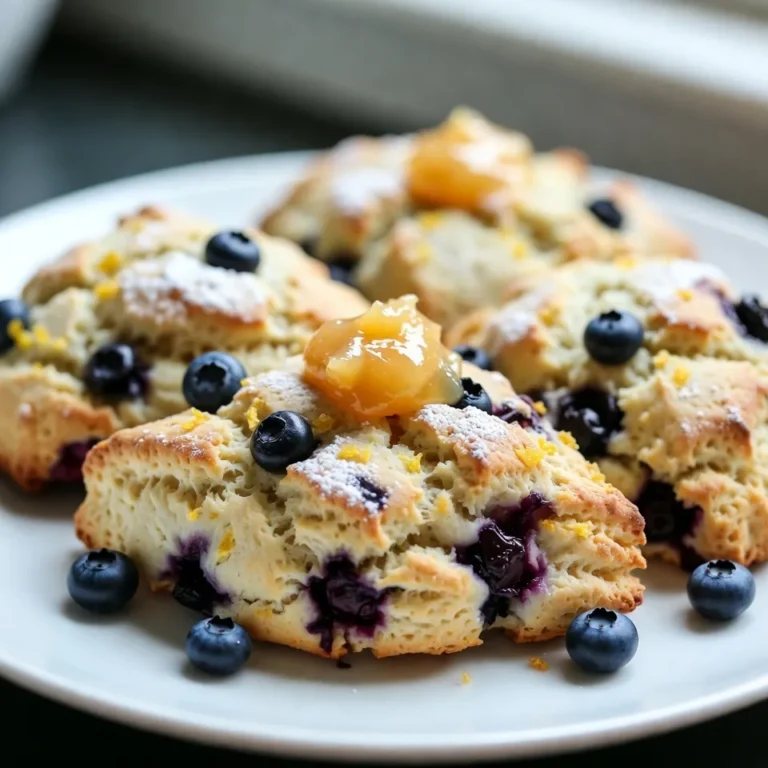 - 2 cups all-purpose flour - 1/2 cup granulated sugar - 2 teaspoons baking powder - 1/2 teaspoon salt - 1/2 cup unsalted butter, chilled and cut into small cubes - 1/2 cup fresh blueberries (or frozen, thawed and drained) - Zest of 1 lemon - 1/4 cup heavy cream - 1 large egg, beaten - 1 teaspoon vanilla extract - 1 tablespoon fresh lemon juice When choosing blueberries, look for bright, plump berries. They should feel firm and smooth. Avoid any that are soft, shriveled, or have mold. Fresh blueberries burst with flavor. They add sweetness to your scones. If you can, buy them from a local farm. They will taste better than store-bought ones. You can switch some ingredients if needed. For a lighter scone, use whole wheat flour. Swap out the heavy cream for buttermilk for a tangy taste. If you like a different flavor, try using orange zest instead of lemon. You can also replace blueberries with raspberries or chopped strawberries. This makes the recipe flexible for your taste! {{ingredient_image_2}} Start by preheating your oven to 400°F (200°C). This step is key for crisp scones. While the oven heats, line a baking sheet with parchment paper. This makes it easy to remove the scones later. In a large bowl, combine 2 cups of all-purpose flour, 1/2 cup of granulated sugar, 2 teaspoons of baking powder, and 1/2 teaspoon of salt. Use a whisk to mix these dry ingredients well. This helps the baking powder spread evenly, ensuring your scones rise nicely. Add 1/2 cup of chilled, cubed unsalted butter to your dry mix. Use a pastry cutter or your fingers to blend the butter in until you see pea-sized pieces. This gives the scones their flaky texture. In another bowl, whisk together 1/4 cup of heavy cream, 1 beaten large egg, 1 teaspoon of vanilla extract, and 1 tablespoon of fresh lemon juice. Pour this mix into the flour and butter mixture. Stir gently until just combined, keeping the dough a bit sticky. Lightly flour a clean surface. Turn the dough out onto this surface and shape it into a rectangle, about 1 inch thick. Use a sharp knife or pastry cutter to slice the dough into triangles. You can also use a round cutter if you prefer classic shapes. Place the cut scones on the lined baking sheet, leaving space between each piece. Place the baking sheet in your preheated oven. Bake the scones for 15-18 minutes, or until they turn golden brown on top. Once done, let them cool on the sheet for a few minutes. Then, transfer the scones to a wire rack to cool completely. Enjoy the delightful aroma as they cool! To get scones that are soft and fluffy, you need to focus on the dough. Do not overmix it. When you add the wet ingredients, stir just enough to combine them. This keeps the scones light. Also, remember to keep your butter cold. This step helps create flaky layers in your scones. One common mistake is using warm butter. Warm butter makes for dense scones. Make sure your butter is chilled and cut into small cubes. Another mistake is rolling the dough too thin. Aim for about one inch thick to keep them airy. Lastly, avoid using too much flour when shaping. Too much flour can lead to dry scones. Having the right tools makes baking easier. Here are some essentials: - Mixing bowls - Whisk - Pastry cutter or fork - Baking sheet - Parchment paper - Sharp knife or pastry cutter These tools will help you create the best lemon blueberry scones. Having a reliable oven thermometer can also ensure your oven is at the right temperature. This detail is key for even baking. Pro Tips Chill Your Ingredients: Make sure your butter and cream are very cold before mixing. This will help create flaky layers in your scones. Don’t Overwork the Dough: Mix just until combined to keep your scones tender. Overworking can lead to dense scones. Use Fresh Ingredients: Fresh blueberries and lemons will enhance the flavor significantly compared to frozen or bottled alternatives. Experiment with Add-ins: Feel free to add other flavors like poppy seeds or almond extract for a unique twist on the classic scone. {{image_4}} You can boost the flavor of your Lemon Blueberry Scones in many ways. Adding spices like cinnamon or nutmeg can bring warmth to the mix. A dash of almond extract can add a nice touch too. For a tangy twist, try a bit of lime zest along with the lemon. These small changes make a big difference. While blueberries shine in this recipe, you can swap them for other fruits. Chopped strawberries or raspberries work well. You can even mix fruits, like blueberries and cranberries together. This adds color and different flavors. Just remember to adjust the sugar if you use tart fruit. Making these scones gluten-free is easy. Use a gluten-free flour blend that measures cup for cup. For a vegan version, replace the butter with coconut oil or vegan butter. You can also substitute the heavy cream with almond milk. Use a flax egg instead of the egg for binding. These swaps keep the scones tasty while meeting different diets. To keep your leftover scones fresh, place them in an airtight container. This keeps moisture in and prevents them from drying out. You can also wrap them in plastic wrap before placing them in the container. Store the scones at room temperature for up to two days. If you want them to last longer, consider refrigerating them. When you are ready to enjoy your scones again, reheating is easy. Preheat your oven to 350°F (175°C). Place the scones on a baking sheet and warm them for about 5 to 10 minutes. You can also use a microwave. Heat them for 10 to 15 seconds, but be careful not to overdo it. A warm scone tastes best! If you have extra scones, freezing is a great option. First, let them cool completely. Then, wrap each scone in plastic wrap. After that, place them in a freezer bag. Remove as much air as possible before sealing. Your scones can last in the freezer for up to three months. When you want to eat them, just thaw them in the fridge overnight and reheat as mentioned above. Enjoy them fresh and tasty! Lemon Blueberry Scones can last about 2 to 3 days at room temperature if stored in an airtight container. If you want to keep them fresh longer, put them in the fridge for up to a week. They may dry out if left out too long, so I recommend enjoying them fresh! Yes, you can use frozen blueberries! Just make sure to thaw and drain them before adding to the dough. This helps prevent excess moisture in your scones. Frozen blueberries can also add a nice touch of color, making them just as appealing! Serve your scones warm for the best flavor. You can place them on a tiered stand or a lovely wooden board. A light dusting of powdered sugar adds a sweet touch. Pair them with lemon curd or clotted cream for a special treat. Enjoy them with your favorite tea or coffee! Yes, you can make the dough ahead of time! Wrap it tightly in plastic wrap and store it in the fridge for up to 24 hours. When ready to bake, just shape and cut the dough as normal. This gives you a quick and easy way to enjoy fresh scones anytime! You learned about making Lemon Blueberry Scones from start to finish. We covered key ingredients, steps, and useful tips. You now know how to pick fresh blueberries and make tasty variations. Remember to store extras properly for later enjoyment. Baking can be fun and rewarding. With these tips, you’ll create great scones each time. Enjoy your baking journey and share your delicious results with others!