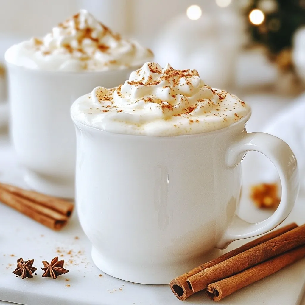 - 2 cups milk (whole, skim, or plant-based) - 1 cup eggnog (store-bought or homemade) - 6 oz high-quality white chocolate (chopped or chips) - 1/2 teaspoon pure vanilla extract - 1/4 teaspoon grated nutmeg (plus more for garnish) - Whipped cream (for topping) - Optional: Cinnamon sticks (for garnish) When I make eggnog white hot chocolate, I love to start with good ingredients. The milk is the base and sets the creamy tone. You can use whole milk for richness or choose skim or plant-based milk for lighter options. Eggnog is key to this drink. You can buy it or make it at home. Homemade eggnog brings a personal touch and extra flavor. The white chocolate adds sweetness and a lovely texture. Look for high-quality chocolate. It melts well and gives a smooth finish. Vanilla extract enhances the drink’s flavor. It adds warmth and depth. Grated nutmeg gives that classic holiday taste. You can sprinkle more on top for extra flavor. Whipped cream is a must for a cozy feel. It adds a fluffy topping that makes each sip special. If you want a festive twist, add cinnamon sticks for garnish. They look great and add a nice aroma. {{ingredient_image_2}} - First, combine 2 cups of milk and 1 cup of eggnog in a medium saucepan. - Heat the mixture over medium heat. Stir gently and keep an eye on it. You want it warm, not boiling. - Once warm, add 6 oz of finely chopped white chocolate or white chocolate chips. - Mix continuously until the chocolate melts completely. The mixture should be smooth and creamy. - Now, stir in 1/2 teaspoon of pure vanilla extract and 1/4 teaspoon of grated nutmeg. - Taste your hot chocolate and adjust the sweetness or spice to suit your likes. - Carefully pour the hot chocolate into mugs, leaving space for toppings. - Add a generous dollop of whipped cream on top of each mug. - Finish with a sprinkle of nutmeg and, if you like, a cinnamon stick for extra flair. To make your eggnog white hot chocolate just right, try these tips. If you want it sweeter, add a spoonful of sugar or honey. Maple syrup also works well. For spice, nutmeg is classic, but you can try cinnamon or even ginger for a twist. Make your drink look festive! Use colorful mugs for a fun touch. You can also serve your drinks on a beautiful tray. Sprinkle some cinnamon around the mugs for an inviting display. A little extra effort makes it special! If you have any hot chocolate left, store it in the fridge. Use a sealed container to keep it fresh. When you want to enjoy it again, simply heat it up on the stove or in the microwave. Stir well to bring back the creamy texture. Enjoy your cozy drink! Pro Tips Use Quality Ingredients: The flavor of your Eggnog White Hot Chocolate largely depends on the quality of the white chocolate and eggnog you choose. Opt for high-quality brands or homemade versions for the best taste. Control the Heat: When warming the milk and eggnog, keep the heat at medium and stir gently to prevent scorching. Aim for warm, not boiling, for the perfect creamy texture. Customize Your Spices: Feel free to adjust the nutmeg and vanilla to suit your palate. For extra warmth, consider adding a pinch of cinnamon or cloves to enhance the holiday flavor. Garnish Creatively: Elevate your presentation with a sprinkle of nutmeg and a cinnamon stick. Adding festive mugs and a sprinkle of cinnamon around the serving tray enhances the visual appeal. {{image_4}} You can easily make this drink dairy-free. Just substitute the regular milk with a plant-based milk. Almond milk, oat milk, or coconut milk work great. Each type adds a unique taste. Almond milk gives a nutty flavor, while coconut milk adds a creamy richness. You can still enjoy that cozy feel without dairy! Want to add some fun flavors? Here are some ideas. You can infuse your eggnog white hot chocolate with peppermint for a minty twist. Just add a few drops of peppermint extract. Caramel is another great choice. Drizzle some caramel sauce into your drink for a sweet touch. You can also try adding orange zest for a bright flavor. Get creative and mix in what you love! If you want a fun adult version, consider adding spirits. Rum or bourbon adds warmth and depth. Just a splash will do! Stir it in right before serving. This makes it perfect for holiday gatherings. Enjoy your cozy drink with a little kick! To keep your eggnog white hot chocolate fresh, store it in the fridge. Use an airtight container to seal in the flavor. This helps prevent it from absorbing other odors. Make sure to cool it first before placing it in the fridge. Try to finish your hot chocolate within a few days for the best taste. When you want to enjoy your hot chocolate again, reheat it gently. You can use the stove or microwave. If using the stove, warm it over low heat. Stir it often to keep it smooth. If you choose the microwave, heat it in short bursts, stirring in between. Avoid boiling, as it can change the texture. Your eggnog white hot chocolate will stay good in the fridge for about 3 to 5 days. After that, it may lose its taste and texture. Always check for any changes in smell or appearance before sipping. If it looks or smells off, it’s best to toss it. Yes, you can use homemade eggnog. Homemade eggnog tastes richer and fresher. You can adjust the spices to your liking. Store-bought eggnog is easy to find and saves time. However, it may lack the depth of flavor found in homemade versions. If you love to cook, I recommend making your own. The best white chocolate is high-quality and has cocoa butter. You can use either chopped bars or chips. Some brands add more sugar, while others focus on creaminess. Look for brands with a short ingredient list for better flavor. Avoid white chocolate with fillers, as they can affect taste. Yes, you can make this recipe vegan. Use plant-based milk, like almond or oat milk. Substitute eggnog with a vegan version made from cashews or almonds. For white chocolate, look for dairy-free options. This way, you can enjoy the same cozy taste without dairy. To make this drink more festive, add fun garnishes. You can sprinkle extra nutmeg or cinnamon on top. Try adding peppermint candy or chocolate shavings for a twist. For a warm touch, use a cinnamon stick for stirring. You can also serve it in colorful mugs to enhance the holiday spirit. You now have a great hot chocolate recipe that combines the creaminess of eggnog with rich white chocolate. Remember to adjust sweetness and spice to match your taste. Experiment with flavors and presentation to make it your own. Don’t forget to try different garnishes for a festive look. With these tips, your drink will impress friends and family. Enjoy your cozy beverage and share the warmth!