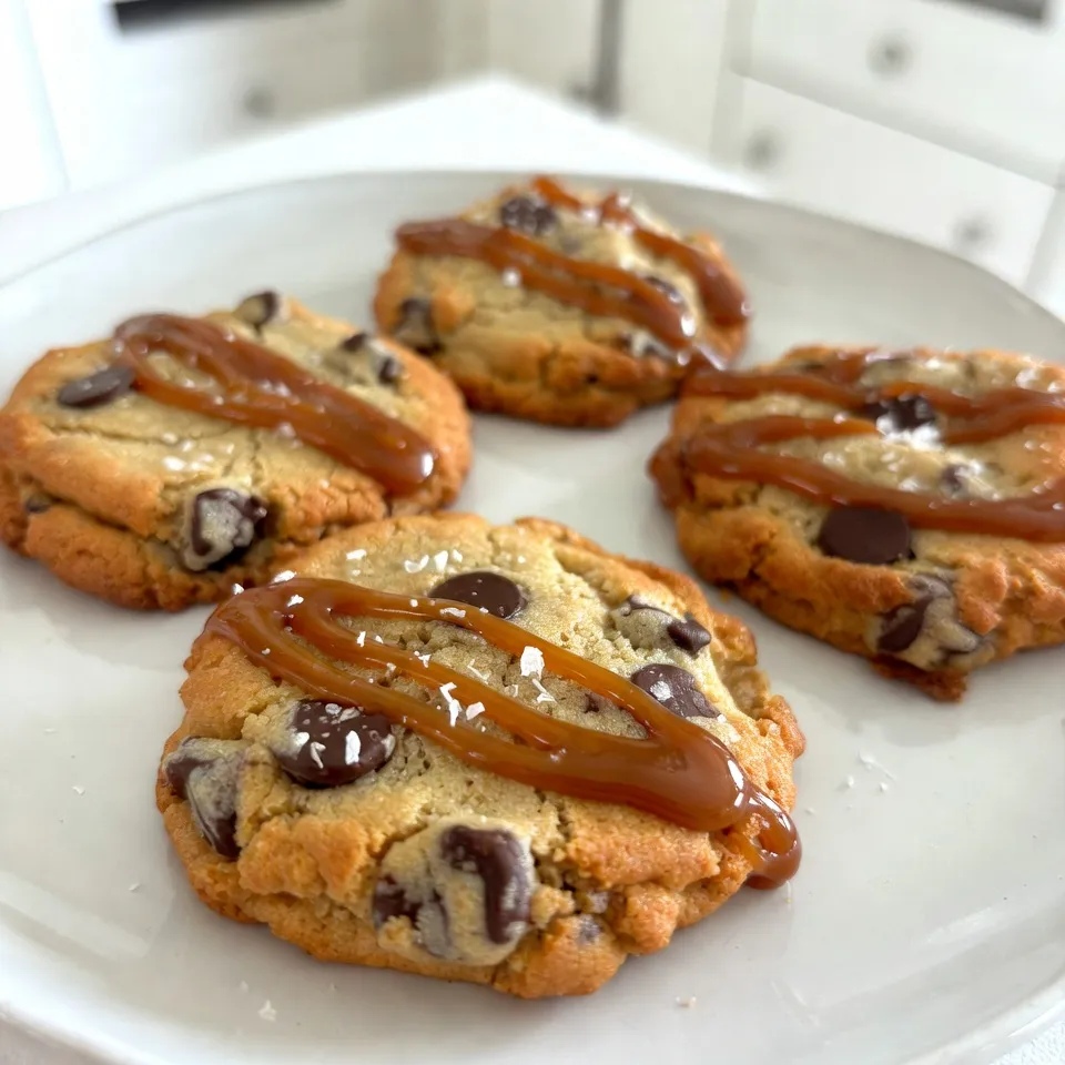 - 1 cup unsalted butter, softened to room temperature - 1 cup packed brown sugar (light or dark) - 1/2 cup granulated sugar - 1 teaspoon pure vanilla extract - 2 large eggs - 2 1/4 cups all-purpose flour - 1 teaspoon baking soda - 1/2 teaspoon fine sea salt - 1 cup chocolate chips (semi-sweet or dark) - 1/2 cup caramel sauce (homemade or store-bought) - Flaky sea salt, for sprinkling - Use a standard cup for measuring ingredients. - For brown sugar, pack it firmly into the cup for accurate amounts. - Ensure butter is at room temperature for easy mixing. - Measure flour by spooning it into the cup and leveling with a knife. - Use a scale for precise weight if needed, especially for flour. - Choose unsalted butter for better control over salt content. - Select high-quality brown sugar for a richer flavor. - Use pure vanilla extract instead of imitation for the best taste. - For chocolate chips, opt for premium brands for a more intense flavor. - If using store-bought caramel, look for natural ingredients without additives. These careful choices elevate the taste and texture of your cookies. Happy baking! {{ingredient_image_2}} Start by preheating your oven to 350°F (175°C). This temperature helps the cookies bake evenly. While the oven heats, prepare two large baking sheets. Line them with parchment paper. This step prevents the cookies from sticking. In a big mixing bowl, add 1 cup of softened unsalted butter, 1 cup of brown sugar, and 1/2 cup of granulated sugar. Use an electric mixer to cream them together. Mix until the mixture is light and fluffy, for about 2-3 minutes. Next, add 1 teaspoon of pure vanilla extract. Then, add 2 large eggs, one at a time. Make sure to mix well after each egg. Take another bowl and combine 2 1/4 cups of all-purpose flour, 1 teaspoon of baking soda, and 1/2 teaspoon of fine sea salt. Use a whisk to mix these dry ingredients well. Gradually add this flour mixture to the wet ingredients. Stir until just combined to keep your cookies soft. Avoid overmixing. Now gently fold in 1 cup of chocolate chips and 1/2 cup of caramel sauce. Make sure the chips and caramel are evenly distributed. Scoop generous tablespoons of dough onto your lined baking sheets. Leave about 2 inches between each scoop. This space helps the cookies spread. Bake the cookies for 10-12 minutes. Look for lightly golden edges. The centers may look a bit underbaked, but they will set as they cool. Once you take them out of the oven, drizzle extra caramel sauce on each warm cookie. Sprinkle a pinch of flaky sea salt on top. This adds contrast to the sweet cookie. Let the cookies cool on the baking sheets for about 5 minutes. Then, move them to wire racks to cool completely. This step gives them the perfect texture. To get the best texture, use room-temperature butter. This helps create a light and fluffy mix. Mix the butter and sugars for about two to three minutes. You want it to look creamy and smooth. Don't skip the resting time after baking. Letting cookies cool on the sheet helps them firm up. They will stay soft inside while being golden on the outside. Start by creaming the butter and sugars well. This step makes your cookies airy. Add the eggs one at a time, mixing well after each. This keeps the batter smooth and even. When adding dry ingredients, mix gently. Overmixing can make your cookies tough. Use a spatula to fold in chocolate chips and caramel sauce. This keeps the mix light and fluffy. If you use store-bought caramel, choose a high-quality brand. Check for smoothness and flavor. For homemade caramel, cook sugar slowly to avoid burning. Stir constantly until it turns golden brown. Allow the caramel to cool slightly before adding it to the dough. This prevents it from melting the butter. Drizzle some extra caramel on warm cookies for a delicious finish. Sprinkle flaky sea salt on top to enhance the flavor. Pro Tips Use Chilled Dough: Chilling your cookie dough for at least 30 minutes before baking can help prevent the cookies from spreading too much and result in a thicker, chewier texture. Experiment with Chocolates: Mixing different types of chocolate chips, such as semi-sweet and dark chocolate, can create a more complex flavor profile in your cookies. Perfect Caramel Distribution: For even caramel distribution, consider drizzling some caramel sauce into the dough before folding in the chocolate chips, ensuring every bite is rich and gooey. Storing Cookies: To keep your cookies fresh, store them in an airtight container at room temperature. You can also freeze the cookie dough for later use; just thaw before baking! {{image_4}} You can switch up the chocolate chips in this cookie recipe. Try using white chocolate chips for a sweet twist. Milk chocolate chips bring a creamy flavor. Dark chocolate adds a rich touch. You can even mix different types for more fun. Just remember to keep the chocolate flavor balanced with the caramel. Caramel sauce can be fun to play with. You can use flavored caramel sauce, like sea salt or vanilla. This will enhance the overall taste. If you want something special, try adding a touch of coffee to your caramel. It gives a nice depth to the cookies. You can also make your own caramel sauce for freshness! For those with allergies, there are swaps you can make. Use dairy-free butter and chocolate chips for a vegan option. You can also try gluten-free flour to make these cookies safe for gluten sensitivities. Always check labels for any hidden allergens. These swaps keep everyone included in the cookie joy! To keep your salted caramel chocolate chip cookies fresh, store them in an airtight container. Place parchment paper between layers to prevent sticking. This simple step keeps them soft and chewy. A cool, dark place works best, like a pantry or cupboard. You can freeze these cookies if you want to save some for later. First, let the cookies cool completely. Then, place them in a single layer on a baking sheet and freeze for about an hour. Once frozen, transfer them to a freezer bag. Try to remove as much air as you can to prevent freezer burn. They will stay fresh for up to three months. If stored properly, these cookies can last about one week at room temperature. After that, they may lose their soft texture. If you freeze them, they will taste just as good after a few months. Always check for any signs of spoilage before enjoying them. Yes, you can use homemade caramel sauce. Making it at home adds a special touch. To make it, melt sugar on low heat until it turns golden. Then, slowly mix in butter and cream. Stir until smooth. Homemade caramel is rich and flavorful, perfect for these cookies. Just make sure it cools before adding it to the dough. I recommend semi-sweet or dark chocolate chips. They balance well with the sweet caramel. Semi-sweet gives a classic taste, while dark chocolate adds depth. You can also mix both types for fun flavors. Choose high-quality chocolate for the best results. Good chocolate really makes a difference in taste. To prevent cookies from spreading, chill the dough before baking. After mixing, cover the bowl and refrigerate for at least 30 minutes. This helps the butter firm up. Also, don’t overmix the dough. Overmixing can make cookies spread more. Lastly, use a cookie scoop to keep sizes even. This helps them bake uniformly. This post covered how to make cookies from scratch. We looked at the right ingredients, steps to mix and bake, and how to store your treats. I shared tips for the perfect texture and discussed variations for everyone’s taste. Remember, using fresh ingredients makes a difference. You can enjoy cookies made with care and creativity. Try different flavors and enjoy your baking journey. Share your results with friends and family for even more fun!