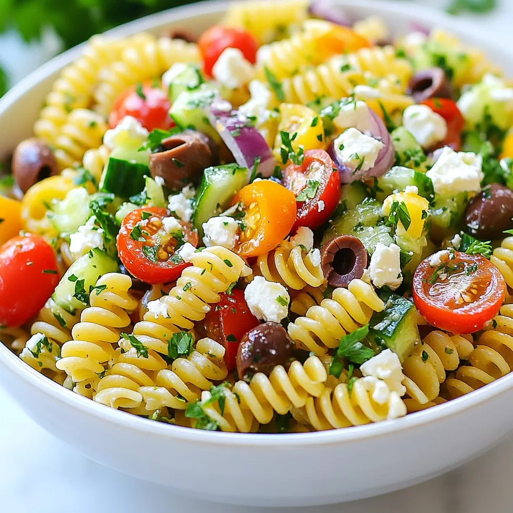 For this dish, I love using fusilli or rotini pasta. These shapes hold onto the dressing and veggies well. You can find them easily in stores. They cook up nice and firm, giving you that perfect bite. Fresh veggies bring this salad to life. Here’s what you need: - 1 medium cucumber, diced - 1 cup cherry tomatoes, halved - 1 red bell pepper, diced - 1/2 red onion, finely chopped These vegetables add color, crunch, and flavor. The cucumber gives a cool bite, while the tomatoes add sweetness. The bell pepper adds a nice crunch, and the red onion offers a mild kick. To boost the taste, we’ll add some exciting ingredients: - 1 cup Kalamata olives, sliced - 1 cup feta cheese, crumbled - 1/4 cup fresh parsley, chopped - 3 tablespoons olive oil - 2 tablespoons red wine vinegar (optional) - 1 teaspoon dried oregano - Salt and pepper to taste The olives bring a briny flavor, while the feta adds creaminess. Fresh parsley brightens the dish. Olive oil makes it rich, and red wine vinegar adds a nice tang. Don’t forget the oregano for that aromatic touch! {{ingredient_image_2}} Start by filling a large pot with water. Add a generous pinch of salt. Bring the water to a rapid boil on medium-high heat. Once boiling, add 8 oz of fusilli or rotini pasta. Cook according to the package instructions. You want it to be al dente, which means it should be firm but not hard. Drain the pasta and rinse it under cold water. This stops the cooking and cools it down. Set the pasta aside for later. Next, grab a spacious mixing bowl. Dice 1 medium cucumber into bite-sized pieces. Halve 1 cup of cherry tomatoes lengthwise. Dice 1 red bell pepper into small cubes. Finely chop 1/2 a red onion for a mild flavor. Add all these fresh veggies to the mixing bowl. Gently toss them together to mix well. In a small bowl, whisk together 3 tablespoons of high-quality olive oil. If you like tang, add 2 tablespoons of red wine vinegar. Sprinkle in 1 teaspoon of dried oregano for a nice aroma. Add salt and freshly cracked pepper to taste. Taste the dressing and adjust it based on your preference. Now, add the cooled pasta to your bowl of veggies. Gently fold in 1 cup of sliced Kalamata olives. Crumble 1 cup of feta cheese over the top. This adds a creamy texture. Drizzle the dressing over the pasta and vegetables. Use a spatula or wooden spoon to toss everything together gently. You want the pasta and veggies to be evenly coated. Finally, sprinkle 1/4 cup of finely chopped fresh parsley on top for a burst of color. Give it one last mix to incorporate the parsley. To make a great Greek salad pasta, pick fresh ingredients. Choose firm tomatoes for sweetness. Look for cucumbers that are dark green and crisp. Select colorful bell peppers for crunch. Use Kalamata olives for a rich, bold flavor. Get good-quality feta cheese for creaminess. Fresh parsley adds a nice touch. You can boost the taste of your salad with simple tricks. Add fresh lemon juice for a zesty twist. Try using fresh herbs like basil or mint for a new flavor. If you like heat, add some red pepper flakes. A pinch of garlic powder can also add depth. Don't forget to taste as you go, and adjust your dressing to your liking. Make your dish look as good as it tastes! Serve it in a bright, large bowl to show off the colors. Sprinkle extra feta cheese on top for a nice touch. Add whole Kalamata olives around the edge for decoration. Place a sprig of parsley in the center for freshness. This way, you create a feast for both the eyes and the palate. Pro Tips Choose the Right Pasta: Opt for fusilli or rotini as they hold onto the dressing and flavors better than other pasta shapes, making every bite delightful. Fresh Ingredients Matter: Use fresh, ripe vegetables for the best flavor and texture. This salad is all about freshness, so choose high-quality produce. Chill Before Serving: For a refreshing experience, let the salad chill in the refrigerator for at least 30 minutes before serving. This allows the flavors to meld beautifully. Customize Your Salad: Feel free to add other ingredients like artichoke hearts, sun-dried tomatoes, or even grilled chicken to make it more filling and versatile. {{image_4}} You can boost the Greek salad pasta with proteins. Chicken is a great choice. Cook and chop grilled chicken breast. Add it to the pasta for extra flavor and strength. Tuna is also nice. Use canned tuna, drained well, and fold it in. Both options make the dish heartier and more filling. For a vegan version, skip the feta cheese. You can use tofu or a nut-based cheese. Crumble firm tofu and mix it in. It adds a creamy texture without dairy. You can also add chickpeas for protein. They make the salad more satisfying and nutritious. Change the veggies with the seasons. In summer, add fresh zucchini and bell peppers. In fall, roasted sweet potatoes work nicely. You can also use spinach or kale in winter. These changes keep the dish fresh and exciting year-round. To keep your Greek salad pasta fresh, place it in an airtight container. Make sure the lid seals well to prevent air from getting in. Store it in the fridge right away. This will help keep the flavors bright and the veggies crisp. When you're ready to eat your leftovers, you can enjoy them cold or warm. If you prefer warm pasta, put it in a microwave-safe bowl. Heat it for 30 seconds, then stir. Repeat until it reaches your desired temperature. Be careful not to overheat it, as this can make the pasta mushy. Your Greek salad pasta will last about 3 to 5 days in the fridge. After that, the veggies may lose their crunch, and the pasta may not taste as fresh. Always check for any signs of spoilage before eating. If it smells off or looks bad, it's best to toss it out. Yes, you can use whole wheat pasta. It adds a nutty flavor and more fiber. The texture may differ slightly, but it works well. Just cook it al dente, as you would with regular pasta. If you need a substitute for feta cheese, try goat cheese or ricotta. Both offer a creamy texture. You can also use vegan cheese for a plant-based option. Choose one that you enjoy to keep the salad tasty. Greek Salad Pasta lasts about 3 to 5 days in the fridge. Store it in an airtight container. This keeps the flavors fresh and prevents spoilage. Just remember to give it a good stir before serving again. This salad is best served cold. Chilling it allows the flavors to meld. It makes for a refreshing dish, perfect for summer. However, if you prefer it warm, enjoy it right after mixing the ingredients. In this blog post, we explored how to create a tasty Greek Salad Pasta. We started with choosing the right pasta, fresh veggies, and flavorful dressings. Then, I provided step-by-step instructions for cooking and combining your ingredients. I shared tips for selecting the best items and enhancing flavors, along with fun presentation ideas. Lastly, we discussed variations and storage tips. Remember, this dish is flexible and perfect for any meal. Enjoy making it your own!