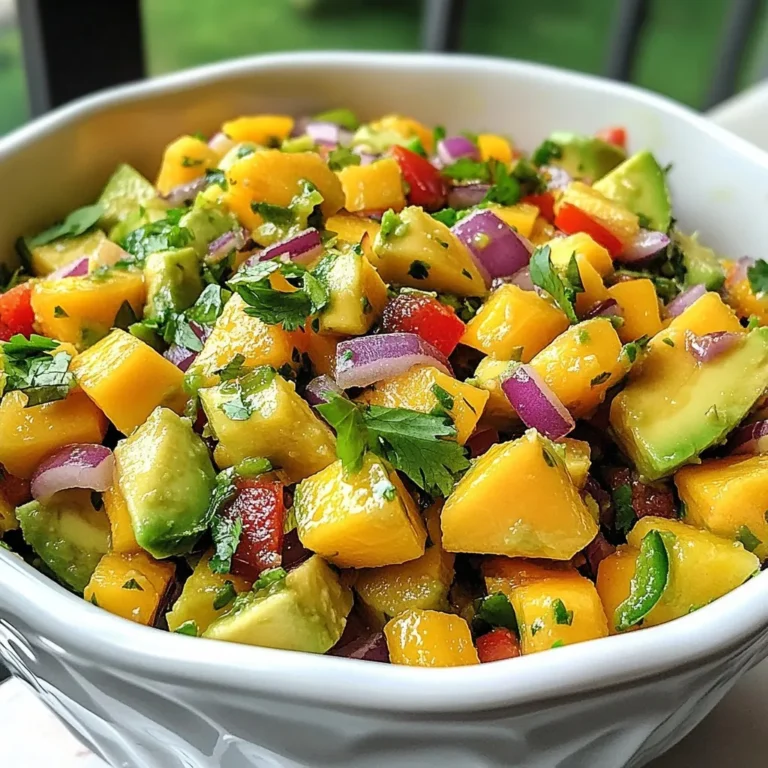 To make a delicious mango avocado salsa, you need fresh and ripe ingredients. Here is what you will need: - 1 ripe mango, carefully peeled and diced - 2 ripe avocados, delicately diced - 1 small red onion, finely chopped for sweetness - 1 jalapeño pepper, finely minced (seeds removed for a milder flavor) - 1 red bell pepper, vibrantly diced - 1/4 cup fresh cilantro, coarsely chopped - 2 tablespoons freshly squeezed lime juice - 1 tablespoon extra virgin olive oil - Salt and freshly ground black pepper, to taste These ingredients bring bright colors and fresh flavors to your salsa. The mango and avocado provide creaminess, while the peppers add a nice crunch. The lime juice brightens everything up with a zesty kick. Enjoy the journey of combining these wonderful flavors as you create this delightful dish! {{ingredient_image_2}} 1. Start with a ripe mango. Peel it carefully and dice it into small cubes. 2. Take two ripe avocados. Peel and dice them just like the mango. 3. Next, chop one small red onion finely. This adds sweetness to the salsa. 4. Mince one jalapeño pepper. Be sure to remove the seeds for less heat. 5. Dice one red bell pepper and add it to the bowl. 6. Now, take fresh cilantro. Roughly chop 1/4 cup and sprinkle it into the bowl. 7. Mix all these fresh, colorful ingredients in a large bowl. 1. In a small bowl, whisk together two tablespoons of freshly squeezed lime juice. 2. Add one tablespoon of extra virgin olive oil to the lime juice. 3. Blend these together until they look smooth and well combined. 1. Pour the dressing over the salsa mixture in the large bowl. 2. Gently fold all the ingredients together with a spatula. 3. Be careful not to mash the avocado pieces. 4. Season your salsa with salt and freshly ground black pepper to taste. 5. Cover the bowl with plastic wrap and chill it in the fridge for 15 minutes. 6. Chilling helps the flavors meld together nicely. To make the best mango avocado salsa, avoid mashing the avocado. Use a gentle touch when mixing. Fold the ingredients together slowly. This keeps the avocado pieces intact and creamy. If you mash them, the texture becomes mushy. Adjust the seasoning to taste. Start with a little salt and pepper. After mixing, taste the salsa. If it needs more flavor, add more seasoning. Lime juice can also brighten the taste. Keep tasting until it’s just right. For a stunning presentation, serve the salsa in a colorful bowl. Garnish it with fresh cilantro leaves on top. This adds a lovely touch. Mango avocado salsa pairs well with many dishes. It’s perfect with tortilla chips for a crunchy snack. You can also serve it over grilled meats. It adds a fresh, zesty flair to chicken or fish. Enjoy it at your next gathering or as a tasty side! Pro Tips Choose Ripe Fruits: Ensure your mango and avocados are ripe for the best flavor and texture. A ripe mango should yield slightly to pressure, while avocados should feel soft but not mushy. Fresh Lime Juice: Always use freshly squeezed lime juice for the brightest flavor. Bottled lime juice can lack the vibrant acidity and freshness that enhances the salsa. Customize Heat Level: Adjust the amount of jalapeño to suit your taste. For less heat, remove all the seeds and membranes, or substitute with a milder pepper. Chill for Flavor: Let your salsa sit in the refrigerator for at least 15 minutes before serving. This resting time allows the flavors to meld and intensify, making every bite more delicious. {{image_4}} You can change up the flavors of your mango avocado salsa easily. Here are some fun swaps: - Tomatoes: Use diced tomatoes for a juicy twist. - Corn: Add sweet corn for a crunchy bite. - Peppers: Try different peppers, like green or yellow, for new flavors. Adjust the spice level to suit your taste. If you want it mild, remove the seeds from the jalapeño. For more heat, keep the seeds in or add a pinch of cayenne pepper. This recipe fits many diets. If you want a vegan option, you’re in luck! All the ingredients are plant-based. For gluten-free eating, this salsa is perfect too. Just serve it with corn chips instead of regular chips. Enjoy it with grilled meats or on tacos for a fresh, healthy meal! To keep mango avocado salsa fresh, store it in an airtight container. This helps to lock in flavors and keep it from browning. Make sure to press plastic wrap directly onto the salsa's surface before sealing the container. This extra layer helps reduce air exposure. In the refrigerator, the salsa lasts about 2 to 3 days. After that, the avocado may start to brown, and the flavors can fade. If you notice any discoloration, you can gently mix the salsa to blend it back together. You can freeze mango avocado salsa, but the texture may change. To freeze, place it in a freezer-safe container. Leave some space at the top for expansion. This way, your salsa stays safe in the freezer. To thaw, move the salsa to the fridge for several hours or overnight. Once thawed, stir it gently to mix any separated juices. Use it within a week for the best flavor. What can I serve with Mango Avocado Salsa? You can serve this salsa with many dishes. It pairs well with tortilla chips for a crunchy snack. You can also use it as a fresh topping on grilled chicken or fish. For a light meal, spoon it over tacos or burritos. The bright flavors enhance any dish. Can I make this salsa in advance? Yes, you can make this salsa a few hours ahead. Just prepare it and chill in the fridge. However, I suggest adding the avocado just before serving. This keeps the salsa fresh and prevents browning. If it sits too long, the avocados may turn mushy. How do I ensure my avocados are ripe? To check if your avocado is ripe, gently squeeze it in your palm. It should yield slightly to pressure but not feel mushy. You can also look for dark green skin. If the skin is bright green, it may need more time to ripen. Leave it at room temperature until it's ready. Is this salsa spicy? How can I reduce the heat? This salsa can be spicy due to the jalapeño. If you want less heat, remove the seeds and ribs from the pepper. You can also use less jalapeño or swap it for a milder pepper, like a bell pepper. This way, you still get flavor without too much spice. Mango avocado salsa is a fresh and vibrant dish made with simple ingredients. You learned about the main ingredients, preparation steps, and how to pack in flavor. I shared tips for perfecting the salsa and suggested fun serving ideas. You also discovered variations and smart storage options. This salsa is not just tasty—it's versatile too. Try making it your own with different flavors. Enjoy the freshness and make it often!