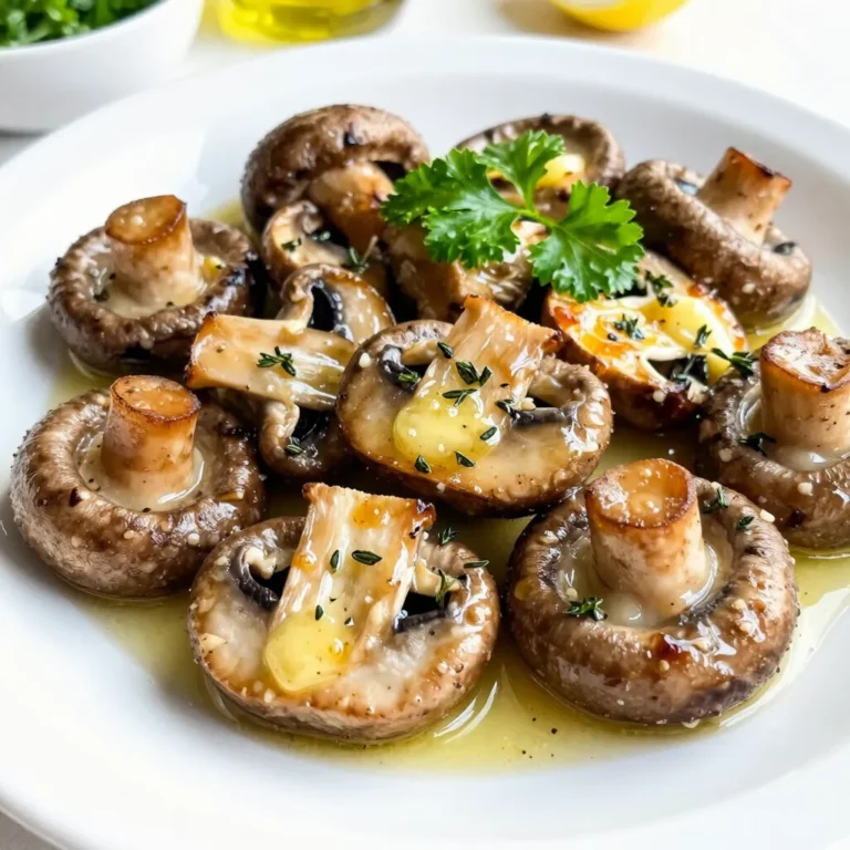 - Mixed Mushrooms: Use a mix of cremini, shiitake, and button mushrooms. Each type adds unique flavors and textures. Cremini mushrooms have a rich, earthy taste. Shiitake mushrooms bring a meaty, umami flavor. Button mushrooms are mild and absorb flavors well. - Unsalted Butter and Garlic: Unsalted butter gives you control over the saltiness. It melts smoothly, adding richness. Fresh garlic, minced finely, infuses the dish with a sharp, aromatic punch. When garlic cooks, it becomes sweet and fragrant, enhancing the overall taste. - Fresh Herbs and Seasonings: Fresh thyme adds a herbal note that complements the mushrooms. Sea salt enhances the natural flavors of the mushrooms. Freshly ground black pepper adds warmth and depth. Lastly, a squeeze of lemon juice brightens the dish, cutting through the richness. Garnish with parsley for color and freshness. {{ingredient_image_2}} Importance of Preheating the Oven Always preheat your oven. Preheating ensures even cooking. When the oven reaches 425°F (220°C), your mushrooms will roast nicely. This temperature helps to caramelize the mushrooms, giving them a rich flavor. How to Prepare Mushrooms for Roasting Start with 1 pound of mixed mushrooms, like cremini, shiitake, and button. Clean them gently under cold water. Use a damp cloth if needed. Halve each mushroom to create more surface area. This allows for better roasting and flavor absorption. Tips for Melting Butter Correctly Use 4 tablespoons of unsalted butter. Place it in a small saucepan over low heat. Slow melting helps keep the butter from burning. Stir occasionally until fully melted. Combining Ingredients for Maximum Flavor Add 4 cloves of finely minced garlic to the melted butter. Then, mix in 1 tablespoon of freshly chopped thyme leaves, 1 teaspoon of sea salt, and 1/2 teaspoon of freshly ground black pepper. Stir well and let it cook for about 2 minutes. The goal is to release that lovely garlic aroma without browning it. Arranging Mushrooms for Optimal Cooking Pour the garlic butter over the prepared mushrooms. Gently toss them to coat every piece thoroughly. Spread the mushrooms in a single layer on a roasting pan or baking sheet. This prevents steaming and promotes even roasting. Cooking Time and Techniques for Even Roasting Place the pan in your preheated oven. Roast the mushrooms for 20-25 minutes. Halfway through, stir them to ensure they brown evenly. They should be golden brown and tender when they are done. This method creates a deliciously rich and savory dish. Additional Herbs and Spices to Try You can boost the taste of garlic butter roasted mushrooms with more herbs. Try adding rosemary or oregano for a new twist. A dash of red pepper flakes adds heat if you like spice. You can also mix in some smoked paprika for a subtle smoky flavor. Best Practices for Avoiding Bitter Garlic Garlic can turn bitter if cooked too long. To prevent this, cook the garlic on low heat. Stir it often and watch closely. As soon as it smells good, remove it from heat. This keeps the garlic sweet and flavorful. How to Present Garlic Butter Roasted Mushrooms Serve the mushrooms warm in a rustic bowl or on a wooden platter. This adds charm to your dish. Garnish with extra parsley and lemon wedges for a pop of color. It makes the dish look fresh and inviting. Pairing Ideas with Main Dishes Garlic butter roasted mushrooms go well with many dishes. Serve them alongside steak or grilled chicken. They also pair nicely with pasta or risotto. For a vegetarian meal, add them to a grain bowl or salad. Pro Tips Choose Fresh Mushrooms: Select mushrooms that are firm and free from blemishes for the best flavor and texture. Use High-Quality Butter: Opt for a good quality unsalted butter to enhance the rich, savory flavor of the dish. Experiment with Herbs: Feel free to mix in other herbs like rosemary or oregano for a different flavor profile. Garnish for Freshness: Always add fresh herbs or a squeeze of lemon juice just before serving to brighten the dish. {{image_4}} You can swap mixed mushrooms for any of your favorites. Try portobello mushrooms for a meatier taste. Oyster mushrooms add a delicate flavor. For a fun twist, use enoki mushrooms for a crunchy bite. Each type brings its unique texture and taste to the dish. To make this dish dairy-free or vegan, use olive oil instead of butter. You can also try vegan butter if you want a similar taste. The garlic and herbs still shine through, keeping the dish rich and flavorful. You can cook these mushrooms on the stovetop too. Use a skillet over medium heat. Just toss them in the garlic butter and cook until tender. Oven roasting, however, gives a nice caramelized flavor that stovetop cooking can’t match. Grilling the mushrooms adds a delicious, smoky flavor. Simply coat them in garlic butter and place them on the grill. Cook until they are soft and have nice grill marks. This method is great for summer cookouts! To keep your garlic butter roasted mushrooms fresh, let them cool first. Place them in an airtight container. This will prevent moisture loss and keep them tasty. Store the container in the fridge. They will stay good for about three days. When it's time to enjoy your leftovers, you want them to taste great. The best way to reheat them is in a pan on the stove. Use low heat to warm them gently. This method keeps the mushrooms tender and flavorful. You can also add a bit more fresh garlic or butter while reheating for extra flavor. Another option is the oven. Preheat it to 350°F (175°C) and warm the mushrooms for about 10 minutes. Either way, avoid the microwave. It can make the mushrooms soggy and tough. Garlic butter roasted mushrooms stay fresh for about 3 to 5 days in the fridge. Store them in an airtight container. Make sure they cool down first before sealing. This helps keep them from getting soggy. Yes, you can freeze garlic butter roasted mushrooms. Place them in a freezer-safe container or bag. They can last for up to three months in the freezer. Thaw them overnight in the fridge when ready to use. Reheat them gently to avoid losing texture. The best types of mushrooms for roasting include cremini, shiitake, and button mushrooms. These varieties hold their shape and flavor well when cooked. You can mix different types for added taste and texture. You can prepare garlic butter and mushrooms ahead of time. Clean and slice the mushrooms, then store them in the fridge. Make the garlic butter and keep it in a separate container. When you’re ready, combine and roast them as directed. This saves time and makes cooking easier. In this post, I explored how to make delicious garlic butter roasted mushrooms. We covered essential ingredients, step-by-step instructions, and helpful tips for the best flavor. I highlighted variations, storing tips, and common questions. Remember, roasting mushrooms can elevate any dish. Experiment with different herbs and cooking methods. Enjoy your tasty creations and make this recipe your own!