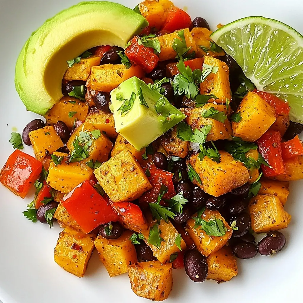 To make the Southwest Sweet Potato Skillet, you will need the following ingredients: - 2 medium sweet potatoes, peeled and diced into 1/2-inch cubes - 1 can (15 oz) black beans, rinsed and thoroughly drained - 1 bell pepper (choose red or yellow for sweetness), diced - 1 small onion, finely chopped - 2 cloves garlic, minced - 1 teaspoon ground cumin - 1 teaspoon smoked paprika - 1/2 teaspoon cayenne pepper (optional, for those who love heat) - 1 tablespoon extra virgin olive oil - Salt and freshly ground black pepper, to taste - 1 ripe avocado, sliced for garnish - Fresh cilantro leaves, coarsely chopped, for garnishing - Lime wedges, for serving These ingredients come together to create a vibrant and tasty dish. The sweet potatoes bring a natural sweetness that balances well with the spices. Black beans add protein and fiber, making this meal hearty. The bell pepper and onion provide a lovely crunch and flavor. Garlic, cumin, and smoked paprika add depth and warmth. Feel free to adjust the cayenne pepper based on your heat preference. You can also swap in other veggies if you want to try something new. Cooking this dish is a fun way to explore flavors while preparing a healthy meal. {{ingredient_image_2}} 1. Heating the skillet and sautéing onions and peppers Start by heating a large skillet over medium heat. Add one tablespoon of olive oil. Let it shimmer, then add finely chopped onion and diced bell pepper. Sauté for about 3-4 minutes. Stir often until the onion turns soft and clear. 2. Incorporating garlic and spices Next, add two minced garlic cloves, one teaspoon of ground cumin, one teaspoon of smoked paprika, and optional cayenne pepper. Cook for one more minute. This step fills your kitchen with a great smell. 3. Adding sweet potatoes and steaming Now, toss in two diced sweet potatoes. Add a splash of water, about two tablespoons. Stir well and cover the skillet with a lid. Let it cook for 5-7 minutes. This helps the sweet potatoes soften up. 4. Mixing in black beans and cooking to tenderness Once the sweet potatoes are tender, remove the lid. Add one can of rinsed black beans. Gently stir everything together. Cook uncovered for another 5-10 minutes. Stir occasionally until the sweet potatoes are soft and slightly caramelized. 5. Final seasoning and presentation Taste the dish and add salt and freshly ground black pepper to your liking. When ready, remove the skillet from heat. Serve warm, topping with sliced avocado and fresh cilantro. Don't forget lime wedges on the side for extra zest! - Ensuring sweet potatoes are cut evenly: Cut sweet potatoes into 1/2-inch cubes. This size cooks evenly and quickly. If some pieces are larger, they may stay hard while others become mushy. - Adjusting cooking time for desired tenderness: If you like your sweet potatoes softer, add a few extra minutes when steaming. Check them often. They should be tender but not too soft. - Best practices for seasoning the dish: Season with salt and pepper as you go. This builds flavor. Start with a little, then taste and adjust. The spices will shine through when balanced well. - Styling suggestions for serving: Use vibrant bowls to make the dish pop. Arrange the avocado beautifully on top. It adds color and elegance. - Using vibrant bowls and garnishes: Fresh cilantro and lime wedges bring brightness. Place lime wedges on the side for guests to squeeze. This adds a fresh zing to each bite. Pro Tips Choose Sweet Potatoes Wisely: Look for firm, smooth sweet potatoes without any blemishes or soft spots for the best flavor and texture. Customize the Heat: Adjust the cayenne pepper according to your spice tolerance. Start with a pinch, and add more if you like it hot! Fresh Herbs Matter: Using fresh cilantro enhances the flavor profile significantly. Dried herbs won’t provide the same freshness. Serving Suggestions: This dish pairs beautifully with a dollop of Greek yogurt or a sprinkle of feta cheese for added creaminess and tang. {{image_4}} You can easily change this dish by swapping some ingredients. If you want to replace black beans, try using chickpeas. They add a nice texture and flavor. For a different taste, switch up your bell pepper. You can use green, orange, or even poblano peppers. Each type brings its unique flavor. Feel free to add more veggies. Zucchini, corn, or spinach work well. You can also add proteins like cooked chicken or tofu for extra heartiness. Pair this Southwest Sweet Potato Skillet with other tasty dishes. It goes great with a simple green salad or some warm tortillas. For a complete meal, serve it with brown rice or quinoa. This adds fiber and makes the dish even more filling. You can also top it with a dollop of Greek yogurt for creaminess. Remember, a squeeze of fresh lime juice brightens the whole dish, so don’t skip it! To store leftovers, let the skillet cool down. Then, transfer it to an airtight container. You can keep it in the refrigerator for up to three days. When you want to eat it again, reheat it on the stove. Add a splash of water to keep it moist. Stir it often until it’s hot. You can also microwave it. Just cover the dish and heat it for one to two minutes. If you want to freeze the Southwest Sweet Potato Skillet, let it cool completely first. Then, place it in a freezer-safe container. It can last in the freezer for up to three months. When you're ready to eat it, take it out and thaw it in the fridge overnight. To reheat, warm it on the stove. Add a little water for moisture, and stir until heated through. Enjoy the same great taste, even after freezing! Yes, this dish is already vegan! It uses sweet potatoes, black beans, and veggies. Just skip the avocado if you want it to be oil-free. To add heat, increase the cayenne pepper. You can also add jalapeños or hot sauce. These will boost the flavor and warmth. Yes, you can use frozen sweet potatoes. Just add a few extra minutes to the cooking time. Make sure to thaw them first for even cooking. You can add corn, zucchini, or spinach for more veggies. Cooked chicken or tofu also works well. Get creative with your favorites! This dish lasts about 3 to 4 days in the fridge. Store it in an airtight container for best results. Reheat it on the stove or in the microwave. This blog post covered a tasty and easy Southwest Sweet Potato Skillet. You learned about the key ingredients, detailed steps for cooking, and helpful tips. We shared ideas for variations and how to store leftovers. Keep this recipe handy for quick meals. Whether you're cooking for friends or just yourself, this dish is sure to please. Enjoy exploring new tastes and make this skillet your own!