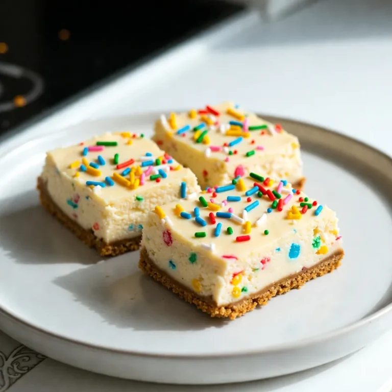 - 1 ½ cups graham cracker crumbs - ½ cup unsalted butter, melted - 2 cups cream cheese, softened - 1 cup granulated sugar - 3 large eggs, at room temperature - 1 teaspoon pure vanilla extract - ½ cup sour cream, at room temperature - ¼ cup all-purpose flour - ½ cup rainbow sprinkles (plus extra for decoration) Gathering the right ingredients is key to making Funfetti cheesecake bars. Start with graham cracker crumbs. They create a sweet and crunchy crust. Melt the unsalted butter to mix with the crumbs. This binds the crust together. Next, cream cheese is your star. Use two cups of softened cream cheese for a rich filling. Mix in one cup of granulated sugar for sweetness. Eggs add structure, so three large eggs at room temp are perfect. One teaspoon of pure vanilla extract brings in flavor. Sour cream will add creaminess. Use half a cup, making sure it’s at room temperature. Add a quarter cup of all-purpose flour to help set the batter. Finally, don’t forget the fun! Half a cup of rainbow sprinkles makes this treat festive. You can sprinkle more on top for decoration. - Options for dairy-free cream cheese - Alternative sweeteners for health-conscious bakers - Gluten-free graham cracker options If you need a dairy-free option, try using a dairy-free cream cheese. Many brands make good substitutes. For sweeteners, you can use honey or coconut sugar. These add flavor without refined sugar. If gluten is a concern, look for gluten-free graham crackers. Many stores carry these, and they work well. Enjoy customizing your Funfetti cheesecake bars to fit your needs! {{ingredient_image_2}} First, preheat your oven to 325°F (160°C). This step gets the oven ready for baking. Next, grab a 9x9-inch baking pan. Lightly grease it with butter or cooking spray. Then, line the bottom with parchment paper. Leave some paper hanging over the sides. This will help you lift the bars out later. In a medium bowl, mix 1 ½ cups of graham cracker crumbs with ½ cup of melted unsalted butter. Use a fork or spatula to stir. Make sure the crumbs soak up all the butter. Now, take this mixture and press it firmly into the bottom of your pan. Aim for an even layer that feels compact. In a large bowl, beat 2 cups of softened cream cheese with an electric mixer. Mix until smooth and creamy. Slowly add 1 cup of granulated sugar. Keep mixing until the sugar dissolves. Next, add 3 large eggs, one at a time. Mix on low speed after each egg. Don’t overmix; you want a creamy texture. Then, gently mix in 1 teaspoon of pure vanilla extract, ½ cup of sour cream, and ¼ cup of all-purpose flour. Make sure there are no lumps. Finally, fold in ½ cup of rainbow sprinkles. This adds a fun and colorful twist. Pour the cheesecake batter over the crust in the pan. Use a spatula to spread it evenly. Smooth the top for a nice finish. For extra fun, sprinkle some rainbow sprinkles on top. Bake in the preheated oven for 30-35 minutes. The edges should be set, and the center should jiggle slightly. This means it will firm up as it cools. After baking, let the cheesecake bars cool in the pan for about 1 hour at room temperature. This step is key for the right texture. Once cooled, transfer the pan to the fridge. Chill for at least 4 hours, but overnight is best. This helps the bars set nicely and makes them easier to cut. To get the best texture in your Funfetti Cheesecake Bars, avoid overmixing the batter. Overmixing can add too much air and lead to cracks. Mix gently after adding each egg. This keeps the mixture smooth and creamy. Cooling and chilling are also key. After baking, let the bars cool at room temperature for about an hour. Then, move the pan to the fridge. Chill for at least four hours, or overnight if you can. This helps the flavors mix and the bars set properly. Make your Funfetti Cheesecake Bars shine with some fun decorations! Use extra rainbow sprinkles on top for a colorful finish. A dollop of whipped cream adds a creamy touch. Serve the bars on a bright platter to catch the eye. For special occasions, consider adding themed decorations. You can match colors to holidays or parties. This makes your dessert stand out even more. If your cheesecake cracks, don’t worry! You can cover it with whipped cream or extra sprinkles. This hides the cracks and adds more flavor. For texture problems, make sure all ingredients are at room temperature. Cold ingredients can lead to lumps. If your bars are too soft, they may need more chilling time. Let them set longer in the fridge for a firmer bite. Pro Tips Use Room Temperature Ingredients: Ensuring your cream cheese, eggs, and sour cream are at room temperature helps create a smoother batter and prevents lumps. Don't Overmix: When adding the eggs and other ingredients, mix just until combined. Overmixing can lead to cracks in your cheesecake. Chill for Best Results: Allow the cheesecake bars to chill in the refrigerator overnight for the best texture and flavor. This helps the flavors meld beautifully. Use Quality Sprinkles: Opt for high-quality rainbow sprinkles that won't bleed color into the batter. This keeps your cheesecake looking vibrant and festive. {{image_4}} You can add fun flavors to your Funfetti Cheesecake Bars! Try mixing in chocolate chips for a sweet twist. You can also use fruit purees like strawberry or raspberry. These options can brighten up the taste. For special occasions, consider using seasonal flavors. Think pumpkin for fall or peppermint for winter! If you want a vegan version, swap the cream cheese for a plant-based type. Use flax eggs instead of regular eggs. For a low-sugar option, try sugar substitutes like monk fruit or stevia. These changes let everyone enjoy this tasty treat, no matter their diet. You can easily adjust the recipe to fit different pan sizes. A larger pan will make thinner bars, while a smaller one will create thicker treats. Want mini cheesecakes? Use a muffin tin instead! Just adjust the baking time to ensure they cook through. Each variation brings a new fun experience to this delightful dessert. To keep your Funfetti Cheesecake Bars fresh, store them in the fridge. Place the bars in an airtight container. This helps maintain their creamy texture. If you have leftovers, wrap them tightly with plastic wrap before putting them in the container. For freezing, cut the bars into squares first. Place parchment paper between layers in a freezer-safe container. This prevents them from sticking together. Seal the container tightly to avoid freezer burn. You can enjoy these bars for up to five days in the fridge. After about this time, they might lose their best flavor and texture. Watch for any signs of spoilage. If you see mold or smell something off, it’s best to throw them away. In the freezer, Funfetti Cheesecake Bars last for about three months. They are safe to eat beyond this time, but the quality may drop. If you want to soften chilled bars, let them sit at room temperature for about 15 minutes. This makes them easier to cut and eat. For serving after thawing, add a dollop of whipped cream. This adds a nice touch and balances the sweetness. You can also sprinkle more rainbow sprinkles on top for extra fun! Yes, you can use a different crust. Options include cookie crumbs or a nut crust. Just make sure it holds together well. A chocolate cookie crust adds a fun twist. Funfetti Cheesecake Bars last about 5 to 7 days in the fridge. Store them in an airtight container. This keeps them fresh and tasty. Absolutely! You can make these bars a day or two in advance. Just chill them well before serving. They taste even better after resting in the fridge. No, these bars are not gluten-free as they use graham cracker crumbs. However, you can find gluten-free graham crackers to use as a substitute. This way, you can enjoy the same great taste. If you can't find rainbow sprinkles, use other types of sprinkles. You can use chocolate sprinkles or colored sugar. Even chopped candy bars can add a fun touch. You’ve explored how to make delicious Funfetti Cheesecake Bars, from selecting the right ingredients to perfecting the baking process. We covered tips for texture, decoration ideas, and even troubleshooting common issues. Remember, baking is both an art and a science. Stay curious and experiment with variations. With the right techniques, your cheesecake bars will impress everyone. Enjoy the joy these treats bring you and your loved ones!