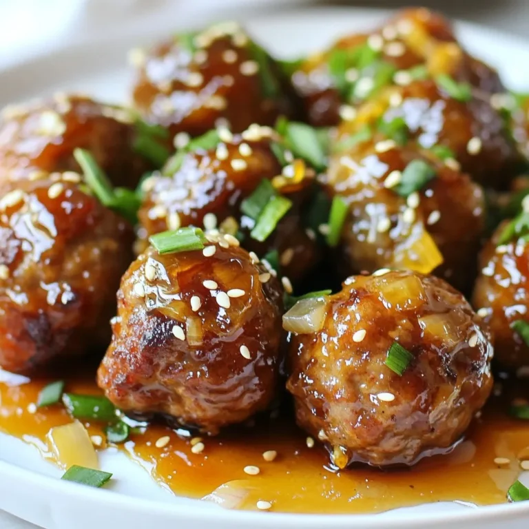 - 1 lb (450g) ground beef - 1/2 cup breadcrumbs - 1/4 cup grated Parmesan cheese - 1 large egg - 2 cloves garlic, minced - 1 teaspoon onion powder - 1 teaspoon dried oregano - Salt and freshly cracked black pepper to taste - 1/4 cup honey - 1/4 cup soy sauce - 2 tablespoons rice vinegar - 1 tablespoon sesame oil - 1 tablespoon cornstarch mixed with 2 tablespoons water (cornstarch slurry) - Chopped green onions and sesame seeds for garnish To make sticky honey garlic meatballs, start with these simple ingredients. You want fresh ground beef for the meatballs. The breadcrumbs help them stay together. Parmesan cheese adds rich flavor. You only need one egg to bind the mix. Garlic gives a tasty punch. For spices, onion powder and oregano bring warmth. Use salt and pepper to taste. These are basic but essential. For the sauce, honey brings sweetness, while soy sauce adds salt. Rice vinegar gives a nice tang. Sesame oil adds depth. The cornstarch mixed with water thickens the sauce, making it sticky. Don't forget to garnish with green onions and sesame seeds. This adds a nice touch and color. {{ingredient_image_2}} First, set your oven to 400°F (200°C). This heat will help the meatballs cook just right. While it warms, line a baking sheet with parchment paper. This will stop the meatballs from sticking. In a large bowl, mix together the ground beef, breadcrumbs, grated Parmesan cheese, and the large egg. Add in minced garlic, onion powder, dried oregano, and a sprinkle of salt and pepper. Use your hands or a spoon to mix everything well. You want all the flavors to blend fully. Now, take small amounts of the meat mixture. Roll them into balls about one inch wide. Place them on the lined baking sheet, leaving space between each one. This helps them cook evenly. Bake in the oven for 20 to 25 minutes. They should be firm and golden brown when done. While the meatballs bake, let’s prepare the sticky sauce. In a small saucepan, combine honey, soy sauce, rice vinegar, and sesame oil. Heat it on medium and stir until it simmers. Allow it to cook for about 2 to 3 minutes for the flavors to mix well. When the meatballs are done, move them to a large bowl. Pour the thickened sauce over the hot meatballs. Toss them gently in the sauce until they are fully coated. Serve them warm on a platter or individual plates. For a nice touch, sprinkle chopped green onions and sesame seeds on top. Enjoy the sweet and savory flavors! To make great meatballs, balance moisture and binding ingredients. Use breadcrumbs and egg as binders. They help hold the meatballs together. Too much moisture makes them fall apart, while too little makes them dry. Avoid overmixing when combining ingredients. Mix until everything blends, but don’t squeeze too hard. This keeps the meatballs tender and soft, which is what we want! You can boost the sauce flavor by adding spices. Try a pinch of red pepper flakes for heat or ginger for warmth. These spices add depth and make the sauce even tastier. Adjust sweetness levels if needed. If you prefer a less sweet sauce, cut back on honey. You can add more soy sauce for a saltier taste. This gives you control over the flavor. Pair the meatballs with rice or noodles for a complete meal. The sticky sauce goes well with both options. You can also serve them as appetizers with toothpicks. Garnishing ideas can add fun. Sprinkle chopped green onions and sesame seeds on top. You can also add lime wedges for zest. This makes the dish look nice and bright! Pro Tips Use Fresh Garlic: Using fresh minced garlic will enhance the flavor of your meatballs significantly compared to garlic powder. Don’t Overmix: When combining the meatball ingredients, be careful not to overmix, as this can make the meatballs tough. Adjust Sweetness: If you prefer a less sweet sauce, reduce the amount of honey or add a splash of lime juice for acidity. Experiment with Meat: Feel free to substitute ground beef with ground turkey or chicken for a lighter version of this dish. {{image_4}} You can switch up the meat in your meatballs. Ground chicken or turkey works well. These options keep the dish light and tasty. They also soak up the sauce nicely. If you want vegetarian meatballs, use lentils, chickpeas, or black beans. Mix these with breadcrumbs and spices for great flavor. You can even use store-bought veggie meatballs for a quick fix. Feel free to get creative with the sauce. Add ginger for a fresh zing. You can also mix in some chili paste for heat. If you like a sweeter sauce, increase the honey. You can also play with the soy sauce. Try using low-sodium soy sauce for less salt. Adjusting the spice level can make the dish your own. How you serve these meatballs can change the vibe of your meal. For a cozy dinner, serve them over rice or noodles. The sauce will soak into the grains, adding flavor. If you want to impress guests, use them as appetizers. Create a party platter with toothpicks. Garnish with green onions and sesame seeds for a touch of elegance. After enjoying your sticky honey garlic meatballs, let them cool. Place them in a single layer on a plate for faster cooling. Once cooled, pack them in airtight containers. Glass or plastic containers work well for storage. Make sure to label them with the date. This helps keep track of freshness. Store them in the fridge for up to three days. When you are ready to eat the leftovers, reheating is easy. Place the meatballs in a microwave-safe dish. Cover them with a damp paper towel to keep moisture in. Heat them in short bursts, about 30 seconds at a time. Check to see if they are hot enough. You can also reheat them on the stove. Use a pan over low heat. Add a splash of water for extra moisture. This will keep the sauce sticky and tasty. If you want to save some meatballs for later, freezing is a great option. First, cool the meatballs completely. Then, place them in a freezer-safe bag. Make sure to remove as much air as possible. You can freeze the sauce too. Store it in a separate container or with the meatballs. When you are ready to eat, take them out and thaw them overnight in the fridge. Reheat them as mentioned before, and enjoy! The meatballs cook for 20 to 25 minutes in a preheated oven at 400°F (200°C). To check for doneness, cut one meatball in half. The inside should be brown and no pink should remain. This ensures they are safe to eat. Yes, you can use ground turkey or chicken instead of beef. Both options make leaner meatballs. If you choose turkey, add a bit more fat to keep them moist. Consider using olive oil or an egg for added richness. If you need a different sweetener, try maple syrup or agave nectar. Both work well in the sauce. You may need to adjust the amount based on your taste. Remember, the goal is a sweet and sticky sauce. To make this recipe gluten-free, use gluten-free breadcrumbs. You can find these in most stores. Also, check the soy sauce label. Some brands offer gluten-free options. This way, everyone can enjoy the dish without worry. To add heat to the sauce, mix in red pepper flakes or sriracha. Start with a small amount and taste as you go. You can also add fresh minced chili peppers for a fresh kick. This will enhance the flavor and give it a lively twist. This recipe gives you a tasty dish with simple steps. You learn how to make meatballs, prepare a sticky sauce, and serve them beautifully. I shared tips for perfect texture and added flavor. You can even explore variations and storage tips to enjoy later. Remember, cooking is fun, and making these meatballs can be a joy. With practice, you can impress anyone with your skills. So grab your ingredients, and start cooking! Your meal awaits!