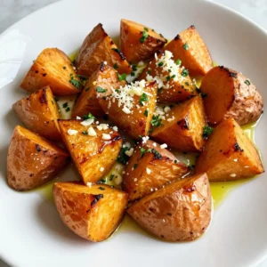 To make Garlic Parmesan Roasted Sweet Potatoes, you need these simple ingredients: - 4 medium sweet potatoes, peeled and cut into uniform cubes - 4 tablespoons extra virgin olive oil - 4 cloves fresh garlic, finely minced - &frac12; cup freshly grated Parmesan cheese - 1 teaspoon dried oregano - 1 teaspoon smoked paprika - Salt and freshly ground black pepper, to taste - Fresh parsley, chopped (for garnishing) Fresh ingredients make a big difference in flavor. Sweet potatoes should feel firm and smooth. Choose garlic that is firm and dry, not sprouted. Fresh Parmesan cheese melts better than pre-grated cheese. Using fresh herbs like parsley adds a bright taste and color. The quality of your ingredients can elevate your dish from good to great. Want to get creative? Try these optional toppings: - Crumbled feta or goat cheese for a tangy kick. - A sprinkle of chili flakes for heat. - A squeeze of lemon juice for brightness. - Chopped nuts like pecans or walnuts for crunch. These toppings can enhance your sweet potatoes and make them even more special! {{ingredient_image_2}} Start by peeling the sweet potatoes. I like to use four medium-sized ones. Cut them into small, even cubes. This helps them cook evenly. The size should be about one inch. Once done, set them aside for the next steps. In a large bowl, combine the sweet potato cubes with olive oil. Use four tablespoons of extra virgin olive oil for the best flavor. Next, add four cloves of finely minced garlic. Then, sprinkle in one teaspoon of dried oregano and one teaspoon of smoked paprika. Don&rsquo;t forget to add salt and pepper to taste. Mix everything well. You can use your hands or a spatula. Make sure each potato cube gets coated. This step is key for great flavor. Preheat your oven to 425&deg;F (220&deg;C). Line a baking sheet with parchment paper. Spread the sweet potatoes in a single layer on the sheet. This allows them to roast evenly. Bake for 25 to 30 minutes. Halfway through, stir them gently. This helps them caramelize nicely. When they are fork-tender and golden on the edges, they&rsquo;re ready. After roasting, take them out and sprinkle half a cup of grated Parmesan cheese on top. The heat will melt the cheese into the sweet potatoes. Put them back in the oven for five more minutes. Watch closely as the cheese turns golden. When done, remove them and let them cool a bit. For a final touch, add freshly chopped parsley for color and flavor. Enjoy your delicious dish! To get sweet potatoes just right, size matters. Cut them into uniform cubes. Aim for about one-inch pieces. This helps them cook evenly. You want a nice crisp outside and a soft inside. Roasting at 425&deg;F gives that perfect caramelization. Stir halfway through for even cooking. Seasoning is key for flavor. Use fresh garlic for the best taste. Combine it with olive oil, oregano, and smoked paprika. Don't skip the salt and pepper; they enhance every bite. Mix everything well so each cube gets coated. Taste before you bake to adjust flavors. If you have leftover sweet potatoes, enjoy them in many ways. Mash them for a tasty spread. Add them to salads for a sweet twist. You can even use them in soups. Store leftovers in an airtight container in the fridge. They last for up to three days. Pro Tips Uniform Cubes: Cutting the sweet potatoes into uniform cubes ensures they cook evenly, achieving perfect tenderness and caramelization throughout. Mixing Flavors: For an extra depth of flavor, consider adding a teaspoon of honey or maple syrup to the olive oil mixture; it will enhance the natural sweetness of the sweet potatoes. Cheese Variations: Experiment with different cheeses such as feta or goat cheese for a unique flavor twist, or use nutritional yeast for a vegan option. Storage Tips: Store any leftovers in an airtight container in the refrigerator for up to 3 days. Reheat in the oven for the best texture. {{image_4}} For a cheesy twist, add herbs. Mix fresh thyme or rosemary with the garlic. Use the same steps for roasting. The herbs give a great flavor boost. You can also use a mix of cheeses. Try adding mozzarella or cheddar for extra creaminess. Want some heat? Add red pepper flakes or cayenne pepper. Toss the sweet potatoes with these spices. You can control the spice level to suit your taste. This variation is perfect for those who love a kick in their food. Make your dish more colorful by adding veggies. Bell peppers, carrots, or red onions work well. Cut them into similar sizes as the sweet potatoes. Toss them with the same garlic and oil mixture. This will not only add color but also extra nutrients. Roasting brings out the sweetness of the veggies, too. Store leftover Garlic Parmesan roasted sweet potatoes in an airtight container. Keep them in the fridge. They stay fresh for up to three days. Make sure they cool down before sealing. This helps prevent moisture build-up, which can make them soggy. Reheat your sweet potatoes in the oven for the best results. Preheat the oven to 350&deg;F (175&deg;C). Spread the leftovers on a baking sheet. Heat for about 10-15 minutes until warm. You can also use a microwave. Just place them in a microwave-safe dish. Cover with a lid or a damp paper towel. Heat for about 1-2 minutes, stirring halfway. You can freeze Garlic Parmesan sweet potatoes if you want to save them. Let them cool completely before freezing. Place them in a freezer-safe bag or container. Remove as much air as possible to prevent freezer burn. They can last up to three months in the freezer. To enjoy them again, thaw in the fridge overnight before reheating. Yes, you can use other potatoes. Russet or Yukon Gold potatoes work well. They will have a different taste and texture. Sweet potatoes are sweeter and creamier. Other potatoes will be more earthy. Adjust cooking time if needed. They may take longer to cook. To make this recipe vegan, skip the Parmesan cheese. You can use a plant-based cheese instead. Nutritional yeast is another great option. It adds a cheesy flavor without dairy. Just sprinkle it on after roasting the potatoes. These sweet potatoes pair well with many dishes. Grilled chicken or fish makes a great choice. They also go well with a fresh salad. Try serving them with a hearty soup. You can even enjoy them as a snack! Garlic Parmesan Roasted Sweet Potatoes are tasty and easy to make. We discussed key ingredients, prep steps, and tips for perfect results. You learned about variations, storage, and answers to common questions. These sweet potatoes fit any meal and impress your friends. Use fresh ingredients for the best taste. Don&rsquo;t hesitate to get creative with toppings and flavors. Enjoy exploring this delicious dish today!