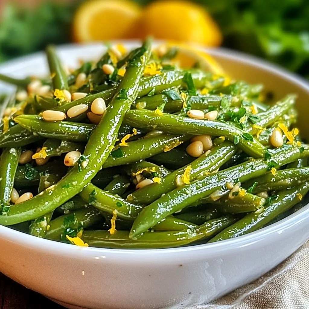 - 1 lb fresh green beans, trimmed - 3 tablespoons olive oil - 4 cloves garlic, minced - Zest of 1 lemon - Juice of 1 lemon - 1 teaspoon red pepper flakes (adjust to taste) - Salt and pepper, to taste - 2 tablespoons toasted pine nuts (optional) - Fresh parsley, chopped (for garnish) Fresh green beans are the star of this dish. Choose vibrant, firm beans for the best taste. Olive oil brings richness and helps the garlic cook perfectly. Use minced garlic for flavor. Lemon zest adds a bright note, while the juice gives a tangy kick. Red pepper flakes add heat; adjust them to your liking. Salt and pepper enhance all the flavors. For a nutty touch, you can sprinkle toasted pine nuts on top. Fresh parsley not only adds color but also freshness. This blend makes the dish bright and full of flavor. Each ingredient plays a key role, ensuring your Lemon Garlic Green Beans shine on any plate. {{ingredient_image_2}} Washing and trimming the beans Start by washing the fresh green beans. Rinse them under cold running water. This step cleans any dirt or debris. Next, trim both ends of each bean. This gives them a neat look and removes tough parts. Blanching process Fill a large pot with salted water and bring it to a rolling boil. Once boiling, carefully add the trimmed green beans. Blanch the beans for 3-4 minutes. You want them to turn bright green and soften just a bit. After blanching, quickly move the beans to a bowl of ice water. This stops the cooking and keeps them crisp. Once cooled, drain the beans and set them aside. Sautéing the garlic In a large skillet, heat 3 tablespoons of olive oil over medium heat. Once the oil is hot, add 4 cloves of minced garlic. Stir gently and cook for 1-2 minutes. Watch the garlic closely to prevent burning. You want it golden and fragrant. Incorporating the green beans Now, stir in the blanched green beans. Sauté them for an additional 3-4 minutes. Make sure the beans heat through and get coated in the garlic oil. This step adds great flavor. Adding lemon and spices Next, sprinkle the zest of 1 lemon over the beans. Pour the juice of that lemon on top too. Add 1 teaspoon of red pepper flakes for some heat. Toss everything together gently to mix the flavors. Season with salt and pepper to taste. Finishing touches with pine nuts For a nutty twist, sprinkle 2 tablespoons of toasted pine nuts over the beans before serving. This adds crunch and depth to the dish. Enjoy your vibrant, zesty Lemon Garlic Green Beans! Best practices for blanching Blanching green beans is simple. Start by boiling salted water. Add the beans for 3-4 minutes. This keeps them bright and crisp. Immediately place them in ice water to stop cooking. This process locks in the color and crunch. How to sauté garlic without burning When you sauté garlic, use medium heat. Add the minced garlic to hot olive oil. Stir gently for 1-2 minutes. Watch closely; garlic can burn quickly. If it turns brown, it gets bitter. Golden garlic gives a nice flavor to your dish. Adjusting spice levels Red pepper flakes add heat. Start with a teaspoon. If you like more spice, add more. Taste as you go. This way, you make the dish perfect for your liking. Tips for seasoning to taste Always season your beans at the end. Use salt and pepper to taste. Remember, the lemon juice adds some tang. Adjust the flavors until you are happy with them. A little taste test goes a long way! Presentation ideas Serve your green beans in a shallow dish. This shows off their vibrant color. A lemon wedge on the side adds a fun touch. It looks great and offers extra zest. Pairing with other dishes These green beans go well with many meals. Try them with grilled chicken or fish. They also work nicely with pasta. They add a refreshing element to any plate. Pro Tips Choose Fresh Beans: Look for firm, bright green beans without blemishes. Fresh beans will have a better texture and flavor. Don’t Skip the Ice Bath: This crucial step keeps the beans crisp and vibrant. It enhances both the taste and presentation of your dish. Adjust Spice Level: Red pepper flakes can be adjusted to suit your heat preference. Start with a small amount and add more if desired. Garnish for Color: A sprinkle of fresh parsley not only adds color but also a fresh flavor that complements the zesty lemon and garlic. {{image_4}} You can easily swap ingredients in this recipe to match your taste or what you have. - Alternative seasonings: Try adding herbs like thyme or basil instead of red pepper flakes. You can also use lemon pepper seasoning for a zesty twist. - Substituting different nuts: If you don’t have pine nuts, use sliced almonds or chopped walnuts. Both add a nice crunch and flavor. I love to make this dish fit many needs. - Making it vegan or gluten-free: This recipe is already vegan and gluten-free. Just ensure your olive oil is pure. - Low-sodium options: Use less salt or replace it with a salt substitute. You can also add lemon zest for flavor without added sodium. To store leftover Lemon Garlic Green Beans, first let them cool down. Place them in an airtight container. Make sure to keep them in the fridge. They will stay fresh for up to three days. If you want to keep them longer, consider freezing them. When reheating, I suggest using the stovetop. Heat a bit of olive oil in a pan. Add the green beans and cook them over medium heat. Stir them gently for about 3-4 minutes. This way, they won't get soggy and will keep their crunch. You can also use the microwave. Heat them in short bursts to avoid overcooking. Freezing green beans is easy. Begin by blanching them as you would for the recipe. After the ice bath, drain and dry them well. Lay them flat on a baking sheet and freeze for a few hours. Once frozen, transfer them to a freezer-safe bag. They can last for up to six months. How long do you blanch green beans? You should blanch green beans for about 3-4 minutes. This time lets them turn bright green and soften slightly. After blanching, place them in ice water to stop the cooking. This helps keep their color and crunch. Can I use frozen green beans instead? Yes, you can use frozen green beans. They are already blanched, so you can skip that step. Just sauté them longer to heat through and add flavor. Check the package for specific cooking times. What should I serve with Lemon Garlic Green Beans? These green beans pair well with many dishes. They go great with grilled chicken, fish, or steak. You can also serve them with rice or quinoa for a healthy meal. Health benefits of green beans Green beans are low in calories and high in vitamins. They contain vitamin C, vitamin K, and fiber. Eating green beans can help support your immune system and promote good digestion. Caloric content per serving One serving of Lemon Garlic Green Beans has about 100 calories. This is a great option for a tasty side dish that won't add too many calories to your meal. Enjoy the flavor without worry! In this blog post, we explored the many facets of making Lemon Garlic Green Beans. We talked about the ingredients, preparation steps, and flavors. You learned how to blanch beans, sauté garlic, and enhance taste with spices. I shared tips for cooking and serving, plus variations for dietary needs. These beans are easy, tasty, and healthy. They can brighten any meal. Enjoy experimenting with the recipe to make it yours!